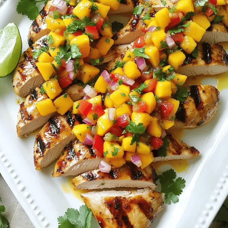 - 4 boneless, skinless chicken breasts - 1 ripe mango, diced - 1 red bell pepper, diced - 1/4 red onion, finely chopped - 1 jalapeño, seeded and minced - 2 tablespoons fresh cilantro, chopped - Juice of 2 limes - 1 tablespoon olive oil - 1 teaspoon cumin - Salt and pepper to taste For this recipe, I like using boneless, skinless chicken breasts. They cook evenly and stay juicy. The star of the dish is the ripe mango. Its sweet and tangy flavor pairs well with the spicy jalapeño. The red bell pepper and red onion add a nice crunch and color. - Grill or stovetop grill pan - Mixing bowls - Measuring spoons and cups You will need a grill or a stovetop grill pan to cook the chicken. If you don’t have a grill, a pan works great too. Mixing bowls are essential for preparing the marinade and salsa. Measuring spoons and cups help you get the right amounts of each ingredient. This makes your cooking easier and more fun. For the full recipe, check out the detailed steps to create this flavorful dish. To start, prepare the marinade. In a bowl, mix olive oil, lime juice, cumin, salt, and pepper. This mix adds great flavor to the chicken. Next, coat the chicken breasts thoroughly with the marinade. Make sure every piece is covered. Let the chicken marinate in the fridge for at least 30 minutes. This chilling time allows the flavors to soak in. Now, let’s make the mango salsa. In a separate bowl, combine diced mango, red bell pepper, red onion, and jalapeño. Add chopped cilantro and a pinch of salt. Stir everything well to mix the flavors. Taste it and adjust the lime juice to your liking. Set the salsa aside for now. It will be fresh and zesty when you serve it. Next, preheat your grill or stovetop grill pan to medium-high heat. This step is important for a nice sear. Once hot, remove the chicken from the marinade. Grill the chicken for about 6-7 minutes on each side. Make sure the internal temperature reaches 165°F (75°C). This ensures the chicken is safe to eat and juicy. After cooking, take the chicken off the grill. Let it rest for a few minutes before slicing. This keeps the juices inside. Arrange the sliced chicken on a platter. Generously spoon the mango salsa on top. You can also garnish with extra cilantro if you want. For a complete meal, serve the chicken with rice or tortillas. Enjoy your Mango Salsa Chicken with friends and family! For the full recipe, check the details above. For great taste, marinate the chicken for at least 30 minutes. This allows the flavors to soak in. If you can, try to marinate it longer, up to 2 hours. Always use fresh ingredients. Fresh mango and veggies make a huge difference in flavor. Grilling is a favorite for this dish, but you can bake or pan-sear the chicken too. For baking, set your oven to 375°F (190°C). Cook for about 25 to 30 minutes. If you pan-sear, heat a bit of oil in a skillet. Cook each side for 6 to 7 minutes. Always check if the chicken reaches 165°F (75°C). For a colorful plate, garnish with extra cilantro. You can also add lime wedges for a pop of color. Use a nice serving platter to arrange the chicken and salsa. Serve it with rice or tortillas for a complete meal. This makes for a beautiful and tasty dish that impresses everyone. {{image_2}} You can add more fruits to your mango salsa. Think about using pineapple or kiwi. These fruits will give a sweet twist to your dish. You can also include fresh herbs like mint for a refreshing flair. Another great option is to mix in avocado. It adds creaminess and balances the sweet mango. Just dice the avocado and fold it into the salsa gently. This keeps it from turning mushy. If you love heat, boost the spice in your salsa. You can add more jalapeño for a stronger kick. If you want different flavors, try using serrano peppers or habaneros. Both peppers add unique heat and taste. You can also mix in some crushed red pepper flakes. This way, you control the spice level to fit your taste. Just remember to start small and taste as you go! For those on a low-carb diet, you can swap the chicken for cauliflower steaks. This will still give you that grilled flavor. If you need a marinade change, use coconut aminos instead of soy sauce. This keeps it tasty and healthy. You can also skip the mango for a lower sugar option. Instead, use diced cucumber for a fresh, crunchy salsa. Adjusting the recipe allows everyone to enjoy it! To keep your Mango Salsa Chicken fresh, store leftovers in an airtight container. Make sure the chicken and salsa are cooled before sealing. This helps to lock in flavors and moisture. You can store the dish in the fridge for up to three days. If you plan to eat it later, remember to check the smell and look for any signs of spoilage. For longer storage, freeze the chicken and salsa separately. This keeps the texture of both components intact. Wrap the chicken tightly in plastic wrap, then place it in a freezer bag. For the salsa, use a freezer-safe container. You can freeze both for up to three months. When you're ready to eat, thaw the chicken in the fridge overnight. For the salsa, you can thaw it quickly in cold water. Enjoy your meal without losing any quality! You can add more jalapeño or hot sauce to the salsa. Start with one more minced jalapeño. Taste it and see if it's spicy enough. If not, add a few drops of hot sauce. Remember, spice can enhance flavor! This dish pairs well with rice, tortillas, or a fresh salad. You could also serve black beans or corn on the side. Adding avocado slices can bring creaminess to your meal. Choose sides that balance the bright flavors of the salsa! Yes, you can use frozen chicken. Just make sure to thaw it first. You can thaw chicken in the fridge overnight. If you're in a hurry, use cold water to thaw it more quickly. Avoid cooking it while still frozen, as it cooks unevenly. Cooking time depends on your method. On a grill, it takes about 6-7 minutes per side. If you use a stovetop pan, the time is similar. Always check the internal temperature. It should reach 165°F (75°C) for safe eating. In this blog post, we explored making delicious Mango Salsa Chicken. We covered the key ingredients, equipment, and step-by-step instructions to prepare the dish. I shared essential tips for achieving the best flavor and offered variations to suit your tastes. Cooking is about creativity and joy. Don't hesitate to mix things up. Your culinary adventure starts now! Enjoy every bite and share your creations.
