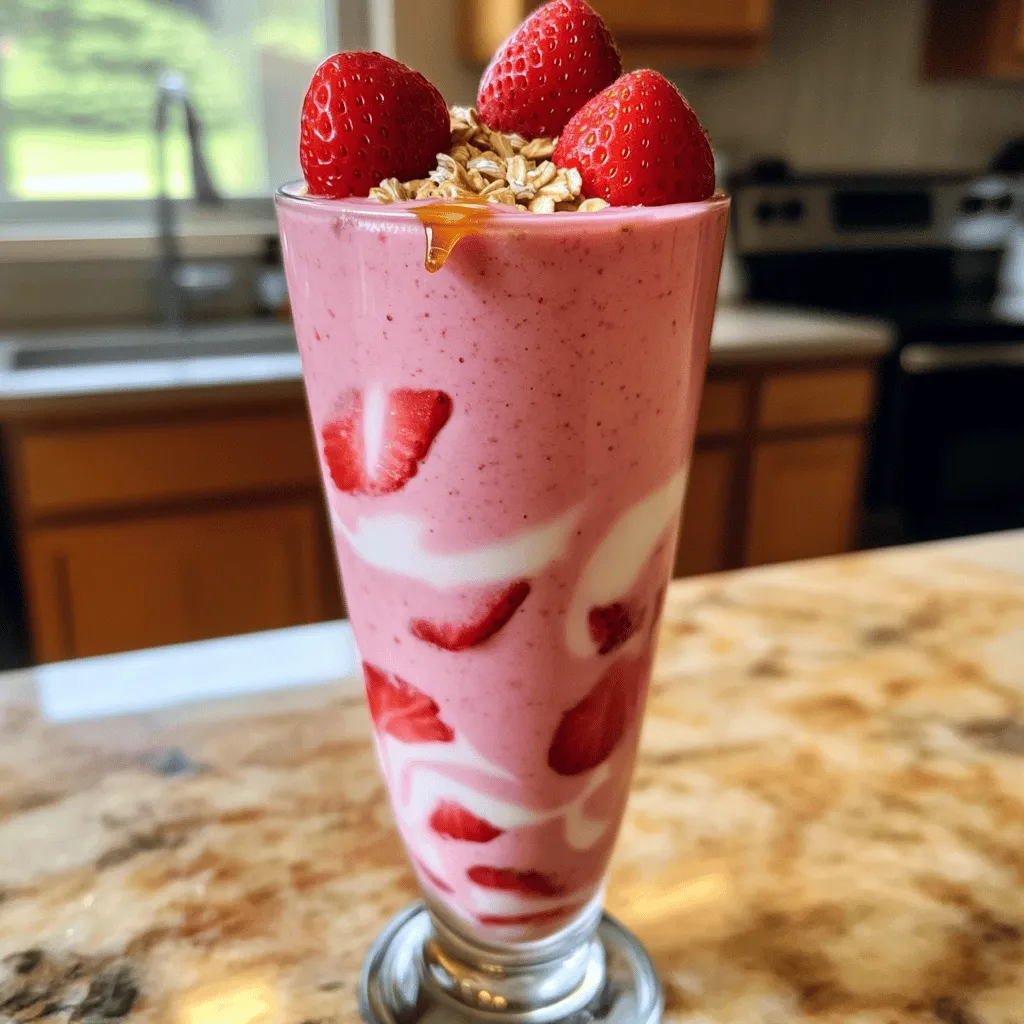 - 1 cup fresh strawberries, hulled - 1/2 cup rolled oats - 1 banana, sliced - 1 tablespoon honey or maple syrup - 1 cup almond milk (or any milk of choice) - 1/2 teaspoon vanilla extract - A pinch of salt - Ice cubes (optional) To make a tasty Strawberry Oatmeal Smoothie, you need fresh strawberries and rolled oats. The strawberries bring a sweet flavor and vibrant color. The oats add a nice texture and make the smoothie filling. You will also need a banana, which adds creaminess and natural sweetness. Using honey or maple syrup gives the smoothie an extra touch of sweetness. You can use almond milk or any other milk you like. A splash of vanilla extract boosts the flavor, while a pinch of salt balances it all. If you want a cold drink, adding ice cubes is a great choice. - Calories per serving: Roughly 200 - Key nutrients: This smoothie is rich in fiber, vitamins C and B6, and potassium. The Strawberry Oatmeal Smoothie is not just tasty; it’s also healthy. Each serving has around 200 calories. You get a good amount of fiber from the oats and fruits. It’s packed with vitamin C from strawberries, helping your immune system. The banana provides potassium, good for heart health. Enjoy this drink knowing it's nutritious and delicious! To make this smoothie, start by preparing the strawberries and banana. - Hull the strawberries by removing the green tops. - Slice the banana into small pieces. Next, let's add the ingredients to the blender in the right order. This helps blend everything well. - Begin with the hulled strawberries. - Add the rolled oats next. - Then, add the sliced banana. - Pour in the honey or maple syrup. - Next, add the almond milk, vanilla extract, and a pinch of salt. For a smooth consistency, blend on high speed. - Blend until the mixture is creamy, with no chunks. - If you want a colder drink, toss in a few ice cubes. - Blend again until everything is well combined. Now, it's time to adjust the sweetness to your taste. - Taste the smoothie. - If it needs more sweetness, add extra honey or maple syrup. Pour the smoothie into a tall glass to serve. - Make sure to enjoy it right away for the best flavor! For the full recipe, check out the recipe section. For a great smoothie, you need the right blender. A high-speed blender works best. It breaks down fruits and oats smoothly. If you have a regular blender, just blend a bit longer. To avoid chunks, add your liquid first. Then, layer in the soft fruits and oats. This helps all ingredients blend well. If you see chunks, keep blending. You want a creamy, smooth texture. The right glass can make your smoothie look fancy. Use a tall glass to show off the layers. A clear glass lets the pretty color shine through. Garnishing adds a fun touch. You can sprinkle oats on top for crunch. Slice a strawberry and place it on the rim. This makes your drink look special. Plus, it gives a hint of the fresh flavor inside. Enjoy your Strawberry Oatmeal Smoothie! Check the Full Recipe for more tips. {{image_2}} You can make your strawberry oatmeal smoothie even more exciting by adding other fruits. Try mixing in blueberries or mango for a fun twist. Each fruit adds its own flavor and nutrition. You can also add yogurt to make the smoothie creamier. Greek yogurt works great, but any yogurt will do. This addition gives a nice texture and boosts protein. If you want a vegan option, just swap honey for maple syrup. This keeps your smoothie plant-based and just as tasty. You can also make it gluten-free by using certified gluten-free oats. For the milk, any type works well. Almond milk is my favorite, but you can use oat milk, coconut milk, or regular milk. This flexibility makes the smoothie fit anyone's diet. For more details, check out the Full Recipe. You can store leftover smoothie in a sealed jar. Keep it in the fridge. It stays fresh for up to 24 hours. After that, it may lose its taste and texture. Always give it a good shake before drinking. This helps mix the ingredients again. Freezing is a great way to prepare meals ahead of time. Pour the smoothie into ice cube trays for easy use. Once frozen, pop out the cubes and store them in a zip-top bag. They last up to three months in the freezer. To enjoy, take out a few cubes. Place them in a blender with a splash of milk. Blend until smooth. You’ll have a quick and tasty drink ready in no time. Can I use frozen strawberries? Yes, you can use frozen strawberries. They make the smoothie colder and thicker. Just blend them straight from the freezer. How to make the smoothie thicker? To thicken your smoothie, add more rolled oats or a banana. You can also reduce the amount of liquid. Is it possible to prepare it in advance? You can prepare it in advance. Just blend and store it in the fridge for up to 24 hours. Give it a good shake before you drink. What to do if the smoothie is too watery? If your smoothie is too watery, add more oats or ice. Blend again until it reaches the right thickness. How to fix an overly sweet smoothie? If your smoothie is too sweet, add more almond milk or a bit of yogurt. This will balance the sweetness nicely. This article covers how to make a delicious smoothie using fresh ingredients. You can create it with simple steps, including blending strawberries, banana, and oats. Remember to adjust the sweetness to fit your taste. Try adding other fruits or yogurt for a twist. Follow the storage tips to keep any leftovers fresh. With these easy methods and fun variations, you can enjoy a healthy drink every day. Make your smoothie journey exciting and tasty!