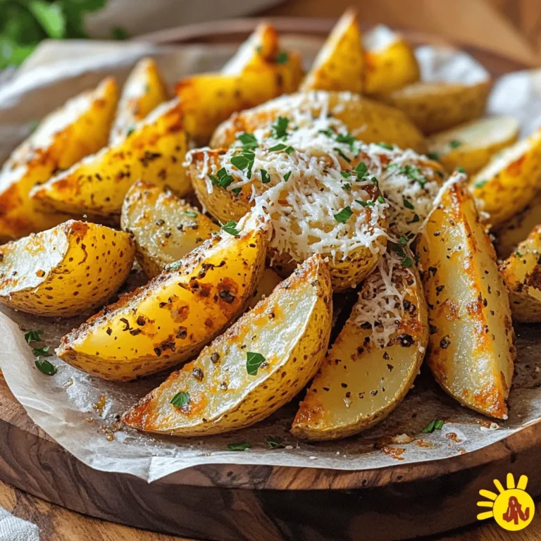 To make crispy garlic Parmesan potato wedges, you need these simple items: - 4 large russet potatoes, cut into wedges - 1/4 cup olive oil - 4 cloves of garlic, minced - 1 teaspoon smoked paprika - 1 teaspoon dried oregano - 1 teaspoon salt - 1/2 teaspoon black pepper - 1/2 cup grated Parmesan cheese - Fresh parsley, chopped (for garnish) You can switch out some ingredients if you don’t have them. Here are a few ideas: - Use sweet potatoes instead of russet potatoes for a sweeter taste. - Canola oil or avocado oil works well if you’re out of olive oil. - If you have fresh herbs, use them instead of dried oregano. Just double the amount. - Any cheese you like can replace Parmesan. Try cheddar or mozzarella for a different flavor. Getting the right amounts makes a big difference. Here are some tips: - When cutting potatoes, aim for wedges about 1 inch thick. This helps them cook evenly. - Use a measuring cup for liquids like olive oil to ensure accuracy. - A teaspoon is best for smaller amounts of spices. Level it off for the best results. - Keep a kitchen scale handy if you want precise measurements for ingredients like cheese. These tips help you make the best crispy garlic Parmesan potato wedges. For the complete recipe, check out the full recipe section! Start by washing the potatoes well. Scrub them to remove dirt and any bad spots. Next, cut each potato into wedges. Aim for similar sizes to help them cook evenly. Too thick, and they won’t get crispy. Too thin, and they might burn. In a large bowl, mix the olive oil, minced garlic, smoked paprika, dried oregano, salt, and black pepper. Stir well to combine everything. Add the potato wedges to this mix and toss them gently. Make sure every wedge is coated with the tasty oil and spices. This step is key for flavor. Spread the coated wedges on a lined baking sheet in a single layer. This prevents them from steaming and helps them crisp up nicely. Bake at 425°F (220°C) for 25 to 30 minutes. Flip the wedges halfway through for even browning. When they turn golden and crisp, they are ready. For an extra treat, sprinkle grated Parmesan cheese on top as soon as they come out of the oven. This will melt slightly and add great flavor. Enjoy your crispy garlic Parmesan potato wedges! To get the best crunch, start with russet potatoes. Their high starch content helps. Cut them into even wedges. Aim for about 1 inch thick. Soak the wedges in cold water for about 30 minutes. This step removes excess starch. After soaking, dry them well with a towel. The drier, the crispier! Use a good amount of olive oil. This helps create that golden, crunchy texture. Garlic and Parmesan are stars in this dish. You can boost flavors by adding herbs. Try rosemary or thyme for a fresh twist. For a spicy kick, sprinkle some red pepper flakes. You can also switch up the cheese. Try cheddar for a sharp taste or a mix of cheeses for depth. Toss in a squeeze of lemon juice after baking for brightness. You can save time by prepping ahead. Cut and soak the potato wedges a day before. Just store them in water in the fridge. When ready to cook, drain and dry them. Prepare the seasoning mix in advance too. Just combine the oil, garlic, and spices. This way, you can whip up your crispy garlic Parmesan potato wedges quickly! You can find the Full Recipe for detailed steps and more tips. {{image_2}} You can change the flavor of your crispy garlic Parmesan potato wedges by adding spices and herbs. For a kick, try adding cayenne pepper or chili powder. If you love fresh flavors, mix in rosemary or thyme. These herbs can bring a new taste to your dish. Don't be afraid to experiment! Each spice or herb can make the wedges unique and fun. While Parmesan cheese is a classic choice, other cheeses work well too. Cheddar adds a sharp and creamy taste. Feta cheese gives a tangy touch. You can even use vegan cheese for a plant-based option. Each cheese creates a different flavor profile. Mix and match to find your favorite combination! You can make potato wedges either baked or fried. Baking is a healthier choice that still gives great crispiness. Frying can create a rich texture, but it adds extra calories. If you choose to fry, use hot oil and cook in small batches. This keeps them crispy. Both methods can yield delicious results. Choose the one that fits your taste and diet! For the full recipe, check out the Crispy Garlic Parmesan Potato Wedges section. Store leftover crispy garlic Parmesan potato wedges in an airtight container. Keep them in the fridge for up to three days. This keeps them fresh and safe to eat. Be sure to let them cool before sealing. If stored properly, you can enjoy them later without losing much flavor. To reheat, preheat your oven to 400°F (200°C). Place the potato wedges on a baking sheet. Heat them for about 10-15 minutes. This will help regain some of that crispiness. You can also use an air fryer for about 5-7 minutes at the same temperature. This method often gives better results than a microwave. You can freeze crispy garlic Parmesan potato wedges, but they won’t be as crisp. First, allow them to cool. Then, place them in a single layer on a baking sheet and freeze until firm. After they are firm, transfer them to a freezer bag. They can stay in the freezer for up to two months. To enjoy, simply thaw and reheat. For the best taste, try to eat them fresh! To make crispy potato wedges, start with russet potatoes. Cut them into even wedges. Then, mix olive oil, minced garlic, smoked paprika, oregano, salt, and pepper in a bowl. Toss the wedges in this mix to coat them well. Spread them out on a baking sheet. Bake at 425°F (220°C) for 25-30 minutes, flipping halfway. The secret to crispy wedges lies in a few key steps. First, use enough oil to coat the potatoes well. This helps them crisp up nicely. Second, ensure you spread them in a single layer on the baking sheet. Overlapping wedges can steam instead of crisp. Finally, flipping them halfway during baking allows for even browning. Yes, you can use sweet potatoes for this recipe. They will give a different taste and color. Sweet potatoes can be just as crispy when baked. The cooking time may vary slightly, so keep an eye on them. Enjoy the unique flavor of sweet potato wedges! For the *Full Recipe*, check the detailed steps above. In this blog post, we explored how to make crispy potato wedges. You learned about the best ingredients, substitutions, and measurement tips. We also went through step-by-step instructions for perfect preparation and baking. Tips for crispiness and flavor boosts helped enhance your dish. You now know variations, storage info, and answers to common questions. With these insights, you can cook delicious potato wedges anytime. Enjoy your cooking!