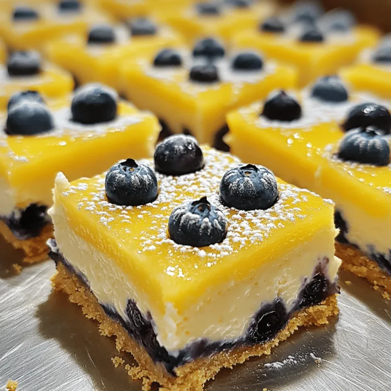 To make these tasty Lemon Blueberry Cheesecake Bars, you need: - 1 ½ cups graham cracker crumbs - ½ cup unsalted butter, melted - 2 tablespoons granulated sugar - 16 oz cream cheese, softened - 1 cup granulated sugar - 3 large eggs - 1 teaspoon vanilla extract - 2 tablespoons lemon zest - ½ cup freshly squeezed lemon juice - 1 cup fresh blueberries - Powdered sugar for dusting (optional) When choosing fresh blueberries, look for firm, plump berries. Their color should be deep blue. Avoid any berries with green or red spots. Check for any signs of mold or wrinkling. Fresh blueberries should feel dry, not wet. If you find them in a clamshell container, ensure there is no juice leaking. This means they are fresh and good to use. For the best flavor in your cheesecake bars, I recommend using Philadelphia cream cheese. It has a rich taste and smooth texture that works perfectly in desserts. If you're looking for a lighter option, consider Neufchâtel cheese. It has less fat but still gives great flavor. Choose what suits your taste and diet! To make the crust, start by preheating your oven to 350°F (175°C). Take an 8x8 inch baking pan and line it with parchment paper. Leave some paper sticking out so you can lift the bars easily later. In a medium bowl, mix 1 ½ cups of graham cracker crumbs, ½ cup of melted unsalted butter, and 2 tablespoons of granulated sugar. Stir until it looks crumbly. Next, press this mixture into the bottom of your pan. Make it even and tight. Bake it for about 8 to 10 minutes until it turns a light golden color. After baking, take it out and let it cool for a bit. Now, let’s make the filling. In a large mixing bowl, beat 16 ounces of softened cream cheese with 1 cup of granulated sugar. Mix it for about 2 to 3 minutes until it’s smooth. Next, add 3 large eggs one by one. Mix gently each time. Then, add 1 teaspoon of vanilla extract, 2 tablespoons of lemon zest, and ½ cup of freshly squeezed lemon juice. Stir until it’s all combined. Now, gently fold in 1 cup of fresh blueberries. Be careful here; you want them whole in your bars. Pour this cheesecake filling over your cooled crust. Spread it evenly with a spatula. Bake in the oven for 25 to 30 minutes. The center should be set but still jiggle a little. It will firm up as it cools. Once baked, let it cool to room temperature. For best results, refrigerate the bars for at least 4 hours, or even overnight. When ready to serve, lift the cheesecake out using the parchment paper. Cut it into squares. If you like, dust with powdered sugar for a sweet finish. For the full recipe, check out the details above! To get the best cheesecake texture, use room temperature cream cheese. Cold cream cheese makes it hard to mix. Beat the cream cheese and sugar until smooth. This step is key for creaminess. Add the eggs one at a time. Mix until just combined. Overmixing can make your bars dense. Bake until the center is slightly jiggly. It will firm up as it cools. Chilling overnight also helps with texture. You need a few tools to make these bars. Start with an 8x8 inch baking pan. Line it with parchment paper for easy removal. A medium bowl works well for the crust. Use a large mixing bowl for the filling. An electric mixer makes mixing easier. A spatula helps smooth out the filling. Finally, keep a whisk handy for combining dry ingredients. Each tool plays a part in your success. Avoid using cold cream cheese; it can cause lumps. Don’t skip the chilling time; it helps set the bars. Make sure to fold the blueberries gently. If you break them too much, the bars can turn blue. Never overbake your cheesecake; it should stay soft in the center. Lastly, don’t rush the cooling process. Letting it cool slowly brings out the best flavors. Following these tips will lead to better results. {{image_2}} You can switch up the flavors in Lemon Blueberry Cheesecake Bars. Try adding citrus like orange or lime for a zesty twist. You can also mix in other fruits. Raspberries or strawberries can pair well with lemon. Each fruit brings its own taste, making every bite unique. You can even create a mixed fruit bar with blueberries and raspberries. These changes keep the recipe fresh and exciting. If you need a gluten-free option, use almond flour. Mix it with melted butter and a bit of sugar. This mix makes a tasty crust that holds well. Another choice is gluten-free graham cracker crumbs. They can replace regular crumbs. Just make sure to check the label for gluten-free status. Both options give you a great base without gluten. To make these bars dairy-free, replace cream cheese with a vegan cream cheese. Many brands offer tasty options that work well in baking. Use coconut milk or cashew cream to add richness. For eggs, try flaxseed meal or chia seeds mixed with water. This gives a similar binding effect. These swaps make a delicious vegan version of the bars, perfect for everyone. Check the Full Recipe for more details on these variations. To keep your Lemon Blueberry Cheesecake Bars fresh, store them in an airtight container. Place a piece of parchment paper between layers to avoid sticking. They stay good for about 4 to 5 days in the fridge. If you want to enjoy them longer, freezing is a great option. To freeze these bars, first, allow them to cool completely. Then, cut them into squares. Wrap each square in plastic wrap, then place them in a freezer-safe bag. This way, they won’t get freezer burn. They can last up to two months in the freezer. When you're ready to eat them, just thaw in the fridge overnight. If you want to enjoy your cheesecake bars warm, reheat them gently. Place a bar on a microwave-safe dish and heat for about 10-15 seconds. Check to see if it's warm enough; you can always add more time if needed. Avoid overheating, as it can change the texture. Enjoy them fresh from the fridge or warmed up! Yes, you can use frozen blueberries. They work well in this recipe. However, they might release more juice. This can make the cheesecake bars a bit wetter. If you choose frozen, do not thaw them before mixing. This keeps them firmer and better for the bars. Lemon Blueberry Cheesecake Bars stay fresh for about 5 days in the fridge. Store them in an airtight container. If you want to keep them longer, you can freeze them. They freeze well for up to 3 months. Just wrap them tightly to avoid freezer burn. These bars pair nicely with whipped cream or a scoop of vanilla ice cream. Fresh mint leaves add a nice touch too. You could also serve them with a drizzle of chocolate or berry sauce. These add flavor and make the dessert look fancy. For a refreshing twist, serve with a lemon wedge. In this post, we explored how to make delicious Lemon Blueberry Cheesecake Bars. We covered ingredients, step-by-step instructions, helpful tips, and fun variations. Remember to pick fresh blueberries and choose a great cream cheese for the best flavor. Use the right tools to get the texture just right. Lastly, store your bars properly for later enjoyment. You can have fun experimenting with flavors, too. Dive into this tasty treat and enjoy every bite!