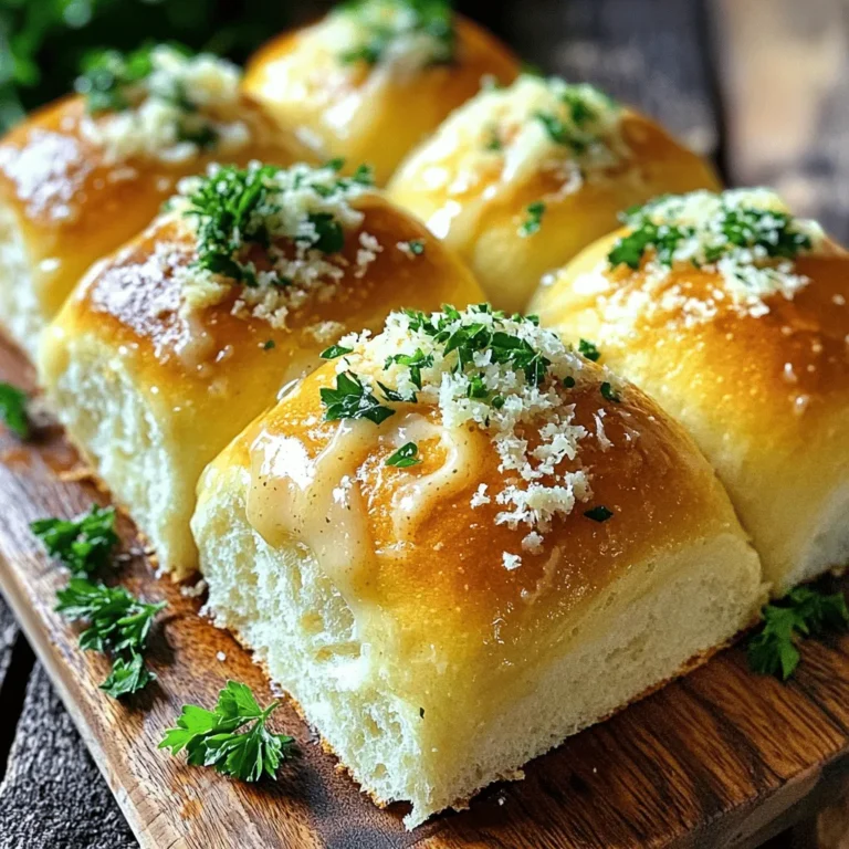 Here are the ingredients you need for Garlic Parmesan Dinner Rolls. These rolls are soft and packed with flavor. - 2 cups all-purpose flour - 1 cup warm milk (about 110°F/43°C) - 2 tablespoons sugar - 2 teaspoons instant yeast - 1 teaspoon salt - 1/4 cup unsalted butter, melted, plus extra for brushing - 4 cloves garlic, minced - 1/2 cup grated Parmesan cheese - 1 tablespoon fresh parsley, chopped (optional, for garnish) Each ingredient serves a purpose. The flour gives structure, while warm milk activates the yeast. Sugar feeds the yeast, making the rolls rise. Instant yeast helps the dough rise quickly. Salt adds flavor and controls yeast growth. Butter makes the rolls rich and soft. Garlic adds a zesty kick, and Parmesan gives that cheesy goodness. Lastly, parsley adds a pop of color and freshness. For a detailed guide, check the Full Recipe. You will create a delightful batch of rolls that everyone will enjoy! - Combine warm milk, sugar, and yeast in a mixing bowl. - Let it sit for about 5 minutes until it becomes frothy. This step wakes up the yeast. The warm milk helps it grow. The sugar feeds the yeast, creating bubbles. This foam shows that the yeast is active and ready to work. - Add melted butter and salt to the yeast mixture. - Gradually incorporate flour until a dough forms. The melted butter adds richness. The salt gives flavor. Gradually adding flour keeps it manageable. Stir until the dough starts to pull away from the bowl. - Knead the dough on a floured surface until smooth and elastic. - Allow the dough to rise in a greased bowl until doubled. Kneading is crucial for good texture. It helps develop gluten, making the rolls fluffy. Cover the dough with a damp cloth. This keeps it warm and helps it rise. - Punch down the dough and turn it onto a floured surface. - Divide into equal pieces and shape into balls. Punching down releases air bubbles. This helps the dough rise evenly. Divide it into 12 pieces for a nice size. Roll each piece into a ball for a beautiful finish. - Arrange the rolls on a greased baking tray. - Allow to rise again for about 30 minutes before baking. This second rise makes the rolls light and fluffy. Cover them to keep them warm while they puff up. - Preheat the oven to 375°F (190°C). - Brush with garlic butter and sprinkle with Parmesan before baking. - Bake for 15-20 minutes until golden brown. Brushing with garlic butter adds flavor. The Parmesan gives a savory crust. When they're golden brown, they are ready to enjoy. For the full recipe, check the main section. To make your rolls soft, start with room temperature ingredients. This helps the dough rise better. Knead the dough thoroughly for a smooth texture. Aim for about 5-7 minutes. A well-kneaded dough leads to fluffy rolls. Feel free to get creative! You can add herbs like oregano or basil for extra taste. Adjust the amount of garlic to fit your liking. If you love garlic, use more. If you prefer it milder, cut back a bit. These rolls pair well with marinara sauce or a drizzle of olive oil. They make a perfect side for pasta dishes or soups. You can also enjoy them plain, warm from the oven. For the best experience, serve them fresh. For the full recipe, check out the complete guide on making garlic parmesan dinner rolls! {{image_2}} You can switch things up by using different cheeses. Substitute Parmesan with mozzarella for a creamier taste. Cheddar adds a sharp kick. You can even mix cheeses for a fun blend. Try combining Parmesan and cheddar for a rich flavor. The choice of cheese can really change the taste of your rolls. Want to make these rolls a bit healthier? Use whole wheat flour instead of all-purpose flour. This swap gives your rolls more fiber and nutrients. You might also try low-fat dairy products. They can help cut down on calories without losing flavor. It’s a simple way to enjoy a treat while being mindful of health. Fresh herbs can take your rolls to the next level. Add rosemary or thyme for a fragrant touch. These herbs pair well with garlic and cheese. If you want a milder garlic flavor, try using garlic powder instead of fresh garlic. It brings a softer taste that some may prefer. Adjust the herbs based on what you like best! To keep your rolls fresh, place them in an airtight container. Store them at room temperature. If you want them to last longer, put the container in the fridge. This helps prevent them from going stale too quickly. You can freeze your baked rolls for up to 3 months. Just make sure they cool completely first. When you are ready to eat them, you can reheat them directly from frozen. This way, you can enjoy fresh rolls anytime. For a crispy texture, use the oven to reheat your rolls. Preheat your oven to 350°F (175°C) and warm them for about 10 minutes. If you prefer soft rolls, the microwave works well. Heat them for 15-20 seconds at a time until warm. Enjoy your garlic Parmesan dinner rolls just as they are! Yes, prepare the dough in advance and refrigerate. This lets the flavors blend well. When you're ready, take the dough out and allow it to rise again. Try Romano or nutritional yeast for a vegan option. Both choices offer a nice flavor. Romano adds a sharp taste, while nutritional yeast gives a cheesy bite without dairy. Look for a golden-brown color and tap the bottom for a hollow sound. This is a clear sign that your rolls are ready. Trust your eyes and ears for the best results. They are best consumed within 2-3 days when stored properly. Keep them in an airtight container. This helps maintain their soft texture and rich flavor. For longer storage, consider freezing them. In this blog post, we explored how to make delicious garlic parmesan dinner rolls. We covered key ingredients, step-by-step instructions, and tips for perfect rolls. You can customize the flavor and store leftovers easily, ensuring these rolls stay fresh. Making these rolls can elevate any meal. Enjoy the warmth and flavor they bring to your dining table. Give this recipe a try, and you’ll impress everyone with your baking skills!