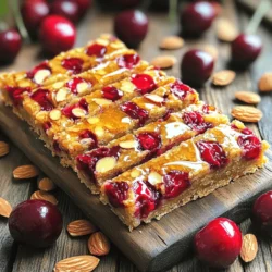 To make your Cherry Almond Breakfast Bars, gather these simple ingredients: - 1 cup rolled oats - ½ cup almond flour - ½ cup pitted chopped cherries (fresh or dried) - ¼ cup honey or maple syrup - ½ cup almond butter - ¼ cup sliced almonds - 1 teaspoon vanilla extract - 1 teaspoon baking powder - ½ teaspoon cinnamon - ¼ teaspoon salt Each Cherry Almond Breakfast Bar offers a balanced mix of nutrients. Here’s what you get per serving (1 bar): - Calories: Approximately 150 - Protein: 4 grams - Carbohydrates: 20 grams - Dietary Fiber: 3 grams - Sugars: 6 grams - Fats: 7 grams - Rolled Oats: These provide energy and help keep you full. They are high in fiber and can lower cholesterol. - Almond Flour: This flour is rich in healthy fats and protein. It also has vitamin E, which supports skin health. - Cherries: Cherries are packed with antioxidants. They can help reduce inflammation and improve sleep quality. - Almond Butter: This adds creaminess and is a good source of healthy fats. It also supports heart health. - Honey or Maple Syrup: These natural sweeteners offer quick energy while adding flavor without refined sugars. - Cinnamon: This spice can add flavor and may help regulate blood sugar levels. These ingredients not only make a tasty snack but also provide many health benefits. For the full recipe, check out the details above. First, gather all your ingredients. You need oats, almond flour, cherries, honey, almond butter, sliced almonds, vanilla, baking powder, cinnamon, and salt. Preheat your oven to 350°F (175°C). Line an 8x8 inch baking dish with parchment paper. Leave some overhang to lift the bars out later. In a large bowl, mix the oats, almond flour, baking powder, cinnamon, and salt. Stir until well combined. In another bowl, whisk the almond butter, honey, and vanilla until smooth. Pour the wet mix into the dry mix. Stir until it’s all combined and thick. Gently fold in the chopped cherries and sliced almonds. Spoon this mixture into the baking dish. Press it down evenly to form a compact layer. Bake for 20-25 minutes. The edges should be golden. A toothpick should come out clean when tested. After baking, let the dish cool for about 10 minutes. Use the parchment paper to lift the bars out of the pan. Place them on a wire rack to cool completely. Once cooled, cut into bars of your choice. You can serve them stacked on a wooden board. Fresh cherries and almonds make a nice touch for a pretty display. Enjoy this tasty snack with family or friends! For the full recipe, check the earlier section. When making Cherry Almond Breakfast Bars, watch out for a few common mistakes. First, don’t skip the baking powder. It helps the bars rise and become fluffy. Second, avoid overmixing the batter. This can make the bars tough. Mix just until combined. Lastly, make sure to press the mixture firmly into the pan. This keeps the bars from crumbling later. For the best texture, use fresh ingredients. Fresh cherries have more moisture, which helps keep the bars soft. If you use dried cherries, soak them in warm water for 10 minutes. This adds moisture back into the fruit. Also, let the bars cool completely before cutting. This helps them set up nicely and stay together. To boost the flavor of your Cherry Almond Breakfast Bars, try adding a pinch of nutmeg. It pairs well with cinnamon. You can also mix in a bit of orange zest. This brightens the taste and adds a fresh twist. If you like a little crunch, toss in some shredded coconut or sunflower seeds. These will add a fun texture and extra flavor. {{image_2}} If you need a change from almond flour, try using coconut flour. Coconut flour adds a sweet taste and pairs well with cherries. You can also use oat flour. It keeps the bars chewy and hearty. When substituting, use less coconut flour. Coconut flour absorbs more liquid than almond flour. Start with just 1/4 cup and adjust as needed. For sweeteners, honey and maple syrup are great choices, but you can switch it up. Try agave syrup for a light flavor. You can also use stevia or monk fruit for a low-calorie option. If you like dates, pureed dates work well too. They add moisture and natural sweetness to the bars. Feel free to get creative with other fruits and nuts! Dried cranberries or blueberries can add a burst of flavor. You could even mix in some chopped apples for a tart kick. For nuts, walnuts or pecans bring a nice crunch. Just make sure to keep the total amount of mix-ins similar to the cherries and almonds to maintain texture. For the full recipe, check out the link! To keep your Cherry Almond Breakfast Bars fresh, store them in an airtight container. This will help maintain their moisture and flavor. You can place parchment paper between the bars to prevent sticking. Make sure to keep the container in a cool, dry place. If you want to save some for later, freezing is a great option. Cut the bars into pieces first. Wrap each bar tightly in plastic wrap. Then, put them in a freezer-safe bag or container. Label the bag with the date. You can freeze them for up to three months. These bars last about five days at room temperature. If you want to enjoy them longer, refrigerating is best. They will stay fresh for about two weeks in the fridge. For the best taste, eat them within the first week. The flavors are at their peak right after baking. For a quick snack, enjoy them straight from the fridge or at room temperature. You can find the Full Recipe for more details on how to make these delicious bars. Yes, you can use frozen cherries. Just thaw and drain them first. This keeps the bars from becoming too wet. Frozen cherries work well and taste great too. You can use peanut butter or sunflower seed butter. Both options give a nice flavor. They also make the bars creamy. To make these bars vegan, use maple syrup instead of honey. You can also swap almond butter for another vegan option. This way, everyone can enjoy them. Yes, these bars are healthy! They have oats, nuts, and fruit. These ingredients provide fiber and protein. Eating them gives you energy for the day. You can find the full recipe for Cherry Almond Breakfast Bars by visiting the recipe section. This includes all the steps and tips you need. We covered all you need for making Cherry Almond Breakfast Bars. You learned the key ingredients and their health benefits. The step-by-step guide helps you bake with ease. Avoid mistakes with tips for perfect texture and flavor. Explore variations to suit your taste and dietary needs. Finally, remember how to store and freeze these bars for later. Enjoy making and sharing these tasty snacks! Your mornings just got better with this healthy treat.