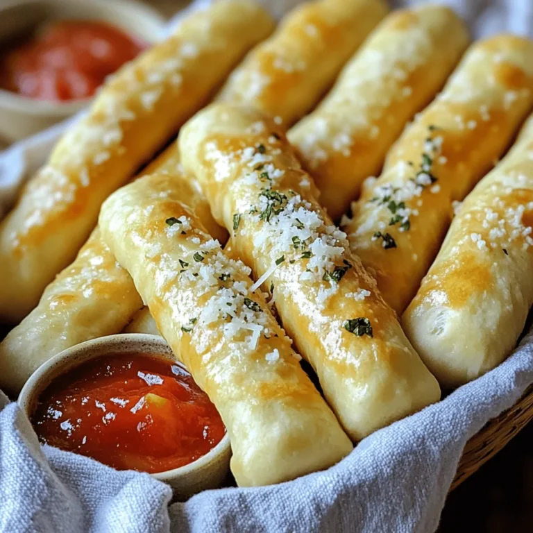To make easy garlic breadsticks, you need a few key items. These are: - 1 can (13.8 oz) refrigerated pizza dough - 4 tablespoons unsalted butter, melted - 4 cloves garlic, minced - 1 teaspoon dried oregano - 1 teaspoon dried parsley - 1/2 teaspoon salt - 1/4 teaspoon black pepper The refrigerated pizza dough is the base of your breadsticks. It saves time and gives great texture. The unsalted butter adds richness and flavor. Garlic brings that classic taste, while herbs like oregano and parsley add freshness. The salt and pepper round out the flavors perfectly. You can also boost the flavor with extra ingredients. Consider these: - Grated Parmesan cheese for topping - Additional seasoning options Parmesan cheese adds a savory touch on top of your breadsticks. You can also try adding red pepper flakes for some heat or Italian seasoning for more flavor. The options are endless, so feel free to get creative! For the full recipe, check out the detailed instructions. First, you need to preheat your oven to 400°F (200°C). This step is key for even baking. While the oven heats, prepare your baking sheets. Line them with parchment paper. This helps keep the breadsticks from sticking. Next, roll out the pizza dough. Place it on a lightly floured surface. Aim for a rectangle that is about 1/2 inch thick. This thickness gives you a nice, fluffy breadstick. Now it's time to make the garlic butter. In a small bowl, combine the melted butter with minced garlic, oregano, parsley, salt, and black pepper. Mix everything until it's well blended. This garlic butter will give your breadsticks a rich flavor. Make sure to taste it! You want to ensure the seasoning is just right. Next, cut the dough into strips. Each strip should be about 1 inch wide. Use a sharp knife or a pizza cutter for clean cuts. After that, take your garlic butter mixture. Brush it generously over each strip. Make sure every piece is well coated. If you want, sprinkle some grated Parmesan cheese on top for extra flavor. Place the breadsticks on your lined baking sheet. Space them about an inch apart. This allows them to bake evenly. Now, bake your breadsticks in the preheated oven for about 12-15 minutes. Keep an eye on them. You want them golden brown and cooked through. Once done, remove them from the oven. Let them cool for a few minutes before serving. Enjoy your delicious garlic breadsticks! For the complete method, check the Full Recipe. To cut the dough, use a sharp knife or pizza cutter. Cut the dough into strips that are about 1-inch wide. This size helps them bake evenly. If you want a more rustic look, you can even tear the dough by hand. For even baking, space the breadsticks about an inch apart on the baking sheet. This allows hot air to circulate around them. Make sure your oven is fully preheated before you bake. This step is key for getting a nice golden color on your breadsticks. Marinara sauce pairs perfectly with these garlic breadsticks. You can serve it warm in a small bowl for dipping. This adds a fun touch and enhances the flavor. For presentation, arrange the warm breadsticks in a tall glass for a stylish look. You can also use a basket lined with a cloth. This gives a cozy feel to your meal. If you want a little extra flair, drizzle olive oil infused with garlic over the breadsticks before serving. For the full details on making these delicious breadsticks, check out the Full Recipe. {{image_2}} You can make your garlic breadsticks even more tasty by adding cheese or herbs. Grated Parmesan cheese elevates the flavor and gives a nice finish. Just sprinkle it on top before baking. You can also try mixing in different herbs. Basil, thyme, or rosemary can bring a new twist. If you love heat, try spicy garlic breadsticks. Just add red pepper flakes to your garlic butter mix. This adds a kick that makes the breadsticks stand out. You can adjust the amount based on how spicy you like it. If you're looking for healthier options, use whole wheat or gluten-free dough. Whole wheat dough packs more fiber and nutrients. It gives a nutty flavor that pairs well with garlic. For gluten-free, choose a dough made from rice or almond flour. This way, everyone can enjoy these breadsticks, regardless of dietary needs. For a full recipe, check the Easy Garlic Breadsticks section. Enjoy experimenting with these variations! To store your leftover garlic breadsticks, let them cool completely. Then, wrap them tightly in plastic wrap or aluminum foil. This keeps them fresh and prevents them from drying out. You can also place them in an airtight container. Store them in the fridge for up to three days. If you want to keep them longer, you can freeze them. Just make sure they are well wrapped. They can last in the freezer for up to three months. For the best taste, reheat your garlic breadsticks in the oven. Preheat your oven to 350°F (175°C). Place the breadsticks on a baking sheet. Cover them loosely with foil to keep them soft. Heat for about 10 minutes, or until they are warm. You can also microwave them for a quick fix. Just place them on a plate and heat for 15-20 seconds. Be careful not to overheat, or they may become tough. Enjoy them warm and fresh! For the full recipe, check out Easy Garlic Breadsticks. To make garlic breadsticks from scratch, start with refrigerated pizza dough. Preheat your oven to 400°F (200°C). Roll out the dough into a rectangle, about 1/2 inch thick. Cut it into strips, about 1 inch wide. Mix melted butter, minced garlic, oregano, parsley, salt, and pepper in a bowl. Brush this mixture over the strips. Place them on a baking sheet. Bake for 12-15 minutes until golden brown. For the full recipe, check the section above. Yes, you can freeze garlic breadsticks. Allow them to cool completely after baking. Wrap each stick in plastic wrap or foil. Place them in a freezer-safe bag or container. They can stay in the freezer for up to three months. When ready to eat, thaw them in the fridge overnight. Reheat them in the oven at 350°F (175°C) for about 10 minutes. Garlic breadsticks pair well with many dipping sauces. Here are a few tasty options: - Marinara sauce - Garlic-infused olive oil - Ranch dressing - Cheese sauce - Pesto Feel free to get creative and try your favorite sauces! In this blog post, we explored how to make tasty garlic breadsticks using easy ingredients. We covered each step, from preparing the dough to baking it perfectly. I shared tips for great flavor and even baking. You can also try variations like cheese or spice to suit your taste. Don't forget how to store and reheat your leftovers for the best experience. Now, you can enjoy warm garlic breadsticks any time. Grab your ingredients and start baking today!