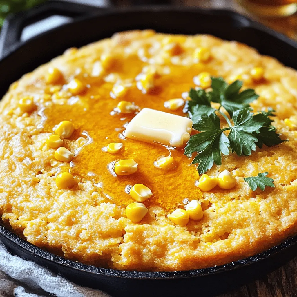 To make Easy Skillet Cornbread, you need these simple items: - 1 cup cornmeal - 1 cup all-purpose flour - 1/4 cup sugar - 1 tablespoon baking powder - 1/2 teaspoon salt - 1 cup milk - 2 large eggs - 1/4 cup melted butter (plus extra for greasing) - Optional add-ins: - 1 cup corn kernels (fresh, frozen, or canned) - 1/2 cup grated sharp cheddar cheese - 1 jalapeño, minced Accurate measurements are key to great cornbread. Too much or too little can change the texture and taste. Use measuring cups and spoons for precision. If you need a gluten-free option, swap all-purpose flour with a gluten-free blend. Make sure the blend contains a binding agent like xanthan gum. Choose high-quality ingredients for the best flavor. Fresh cornmeal makes a big difference. Look for stone-ground cornmeal for a rich taste. When selecting milk, go for whole or buttermilk for extra richness. Using quality eggs will also enhance the texture. Remember, the better your ingredients, the better your cornbread will taste. Start by preheating your oven to 425°F (220°C). The hot skillet helps create a crispy crust. A cast-iron skillet is best for this. It holds heat well and gives great results. To ensure even cooking, place the skillet in the oven while you mix your batter. This way, it heats properly before adding the cornbread mix. In a large bowl, combine the cornmeal, flour, sugar, baking powder, and salt. Whisk them together until they are well blended. This step is key for the right texture. You want a light and fluffy cornbread. To avoid clumps, sift the dry ingredients before mixing. This helps them combine smoothly. In another bowl, whisk together the milk, eggs, and melted butter. Mix until smooth. Now, pour the wet mix into the dry ingredients. Stir gently until just combined; be careful not to overmix. Overmixing can make the cornbread tough. If you want to add extras like corn or cheese, fold them in gently at this stage. Once your batter is ready, carefully take the hot skillet out of the oven. Grease it with some melted butter. Pour your batter into the skillet and spread it evenly. Bake for 20-25 minutes. The top should turn golden brown. Use the toothpick test to check doneness; it should come out clean when inserted into the center. To get a great cornbread texture, you need to add moisture. Use milk and melted butter for a soft crumb. If your cornbread feels dense, try adding an extra splash of milk. This keeps it fluffy and light. Adjust the sugar based on your taste. If you like sweet cornbread, stick to the full amount. For a less sweet version, cut the sugar by half. This way, you can highlight the corn's natural flavor. Cornbread pairs well with many dishes. Try serving it with chili or a hearty stew. The bread soaks up the flavors and adds a nice crunch. You can also serve it warm with honey or butter. For a fun twist, top it with fresh herbs like parsley or cilantro. This adds color and a fresh taste. One common mistake is overmixing your batter. This leads to tough cornbread. Mix just until the wet and dry ingredients combine. Another mistake is using the wrong skillet. A hot cast-iron skillet gives the best crust. If your skillet isn't hot, your cornbread won't rise well. Always preheat your skillet before adding the batter. For the full recipe, check the section above. Happy cooking! {{image_2}} You can easily spice up your cornbread to match your taste. Adding herbs like rosemary or thyme can bring depth. For a sweet twist, try cinnamon or nutmeg. You can also balance sweet and savory by adding cheese or jalapeños. This gives your dish a fun kick. For vegan options, replace milk with plant milk and eggs with flaxseed meal. You can also use applesauce instead of eggs for moisture. If you need gluten-free cornbread, swap out the all-purpose flour for a gluten-free blend. Always check labels to ensure your ingredients are safe. Cornbread varies by region. Southern-style cornbread is often crumbly and less sweet. Northern-style is sweeter and more cake-like. Many cultures add unique ingredients, like green chiles in Southwestern recipes or cheese in Midwest versions. Each style tells a story of its place and people. For the full recipe, check out the Sweet & Savory Skillet Cornbread. To keep your cornbread fresh, wrap it well. Use plastic wrap or foil. Place it in an airtight container. This helps to lock in moisture and flavor. Store it in your fridge. Cornbread stays good for about three days. After that, it may become dry. For best taste, reheat in the oven. Preheat your oven to 350°F (175°C). Place slices on a baking sheet. Heat for about 10 minutes or until warm. You can also use a microwave. Just heat for 15-30 seconds. To refresh day-old cornbread, add a little butter on top. This adds moisture and flavor. To freeze cornbread, let it cool completely first. Cut it into slices and wrap each slice in plastic wrap. Place the wrapped slices in a freezer bag. Remove as much air as possible. Cornbread can last for up to three months in the freezer. When ready to eat, thaw overnight in the fridge. Reheat in the oven or microwave for the best results. For a quick fix, you can microwave for about 1-2 minutes after thawing. To make cornbread from scratch, you need a few simple steps. First, mix dry ingredients like cornmeal, flour, sugar, baking powder, and salt in one bowl. In another bowl, whisk milk, eggs, and melted butter until smooth. Then, combine both mixtures carefully. Pour the batter into a hot, greased skillet and bake until golden. You can find the Full Recipe above for detailed instructions. Yes, you can use cornmeal instead of flour. If you want a gluten-free option, just use cornmeal alone. It will create a denser and more crumbly texture. Mixing cornmeal with flour gives a lighter and fluffier cornbread. Each option has its own charm, so choose based on your taste. To reduce sweetness, cut back on the sugar in the recipe. You can start by using half the amount and taste the batter. Another option is to add more savory ingredients, like cheese or jalapeños. This balance can help you enjoy a less sweet flavor without losing the cornbread's essence. Cornbread pairs well with many dishes. You can serve it with chili, barbecue, or soups. It also goes great with fried chicken or greens. For a sweet treat, try it with honey or jam. The options are endless, and you can mix and match based on what you enjoy. When stored properly, cornbread lasts about 3 to 4 days at room temperature. Keep it in an airtight container to maintain freshness. If you want to store it for longer, you can freeze it. Just wrap it well in foil or plastic wrap. It can last up to 3 months in the freezer. In this post, I covered essential ingredients for making cornbread, including tips for quality and measurement. I shared step-by-step instructions to help you bake perfect cornbread, plus tips to enhance texture and flavor. You learned about variations, storage, and common mistakes to avoid. Now, you have all the tools you need to create delicious cornbread at home. Trust your skills and enjoy experimenting with flavors and styles. Your cornbread journey starts now!