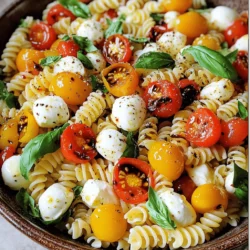 - 8 ounces pasta (fusilli or penne) - 1 cup cherry tomatoes - 1 cup fresh mozzarella balls - 1 cup fresh basil leaves - 2 tablespoons extra-virgin olive oil - 1 tablespoon balsamic glaze - 1 teaspoon Italian seasoning - Salt and pepper to taste In this Caprese Pasta Salad, each ingredient shines. First, the pasta. I like fusilli or penne because they hold sauce well. Use a good quality pasta. It makes a big difference. Next, cherry tomatoes bring sweetness. Halve them for a pop of color and flavor. Fresh mozzarella balls add a creamy texture. Look for bocconcini for the best taste. Fresh basil leaves are key. They brighten the dish and add a wonderful aroma. Make sure to tear them roughly to release their oils. For dressing, extra-virgin olive oil is a must. It gives richness. Balsamic glaze adds sweetness and tang. Italian seasoning enhances all the flavors. Finally, don't forget salt and pepper to taste. They round out the whole dish. - Additional basil leaves - Parmesan cheese shavings Garnishes are not just for looks. More basil leaves give a fresh kick. Parmesan shavings add a salty bite. They make your salad look and taste even better. For the full recipe, follow the steps to create this fresh and flavorful dish. - Start by boiling water in a large pot. Add a good amount of salt. - Once the water boils, add 8 ounces of pasta. I like fusilli or penne. - Cook the pasta until it is al dente, about 8-10 minutes. Check the package for exact times. - After cooking, drain the pasta and rinse it under cold water. This stops the cooking process. Set it aside. - In a large bowl, combine the cooked pasta, 1 cup of halved cherry tomatoes, and 1 cup of halved fresh mozzarella balls. - Add 1 cup of roughly torn fresh basil leaves to the bowl. - Drizzle 2 tablespoons of extra-virgin olive oil and 1 tablespoon of balsamic glaze over the ingredients. - Sprinkle in 1 teaspoon of Italian seasoning, and add salt and pepper to taste. - Gently toss everything together until it is well mixed. Make sure all the ingredients are coated with the dressing. - For the best flavor, let the salad sit for about 15 minutes. This allows the flavors to blend. - You can serve the salad in a large bowl or in individual cups for a nice touch. - For garnish, add extra basil leaves or shavings of Parmesan cheese. Enjoy your Caprese Pasta Salad! For the full recipe, don’t forget to check the details above! - Choosing the right pasta: Use fusilli or penne. These shapes hold the sauce well. They add texture and make each bite tasty. - Best oils for flavor: Extra-virgin olive oil works best. It adds richness and depth. You can also try flavored oils for a twist. - Balancing flavors with seasoning: Use salt and pepper. Italian seasoning brings out the best in this dish. Taste as you go to find your perfect mix. - Overcooking the pasta: Cook pasta until al dente. If overcooked, it becomes mushy. Set a timer and taste a piece before draining. - Skipping the resting time: Let the salad sit for 15 minutes. This helps flavors blend. Don’t rush; good food takes time! For the full recipe, check the Caprese Pasta Salad section above. {{image_2}} You can make your Caprese Pasta Salad heartier by adding protein. Here are two great options: - Grilled chicken: It adds a nice smoky flavor and a filling bite. Simply grill your chicken and slice it into strips. Toss it in with the pasta salad before serving. - Shrimp or crab: Both seafood options bring a fresh taste. Cook shrimp until pink and tender, or use pre-cooked crab meat. Mix these into your salad for a coastal twist. Enhancing flavor can take your salad to the next level. Try these simple additions: - Adding olives or sun-dried tomatoes: Both add a salty kick and depth. Chop some olives or slice sun-dried tomatoes, then stir them in. - Experimenting with cheese types: While fresh mozzarella is classic, you can try feta or goat cheese. Each brings a unique taste that can change the whole dish. You can easily adapt this salad to fit different diets. Here are two suggestions: - Substituting pasta for zucchini noodles: If you want a low-carb option, spiralize zucchini into noodles. This makes the salad light and fresh while keeping it enjoyable. - Using vegan cheese alternatives: Swap out the mozzarella for a vegan cheese. Many brands offer tasty options that melt well and keep the spirit of the dish alive. Feel free to explore these variations in your Full Recipe for Caprese Pasta Salad! To keep your Caprese pasta salad fresh, store it in an airtight container. This helps lock in flavor and moisture. Place it in the fridge right after serving. The salad can last in the fridge for about three days. After that, the ingredients may lose their crispness. You can enjoy this salad cold, but if you prefer it warm, use a gentle method. Place it in a pan over low heat. Stir often to avoid burning. This keeps the flavors bright and tasty. Avoid microwaving, as it can make the pasta mushy. I do not recommend freezing Caprese pasta salad. The fresh ingredients may become soggy when thawed. If you do freeze it, use it within a month. To thaw, place it in the fridge overnight. After thawing, mix it well and taste before serving. This ensures the flavors return to life. Caprese Pasta Salad is a fresh dish that combines simple, tasty ingredients. You will find pasta, cherry tomatoes, mozzarella, and basil in this salad. The flavors are bright and vibrant. The sweetness of the tomatoes pairs well with the creamy cheese. Fresh basil adds a lovely herb note. A drizzle of olive oil and balsamic glaze completes this dish. This salad is a perfect summer meal or a side dish for any occasion. Yes, you can make this salad ahead of time! To keep it fresh, follow these tips: - Prepare the salad and store it in an airtight container. - Add the olive oil and balsamic glaze just before serving. - This way, the flavors stay fresh and bright. - You can keep it in the fridge for up to three days. Just give it a gentle toss before serving. Caprese Pasta Salad pairs well with many dishes. Here are some great options: - Grilled chicken or fish for protein. - Garlic bread for a crunchy side. - A fresh green salad for more veggies. - A light soup, like tomato basil, complements the flavors. These sides enhance your meal and make it feel complete. You can easily customize Caprese Pasta Salad to suit your taste. Here are some ideas: - Add grilled chicken, shrimp, or chickpeas for protein. - Mix in olives or sun-dried tomatoes for extra flavor. - Swap the mozzarella for feta or goat cheese. - Use different herbs, like parsley or mint, for a twist. These changes keep the salad exciting and personal! This Caprese Pasta Salad is fresh and simple to make. We covered all the key ingredients, from pasta and tomatoes to cheese and basil. I shared tips to perfect your salad, avoid common mistakes, and even ways to customize it. Remember, letting the salad rest enhances its flavor. With these steps and ideas, you can create a delicious dish for any meal. Enjoy experimenting and sharing your tasty salad with friends and family!