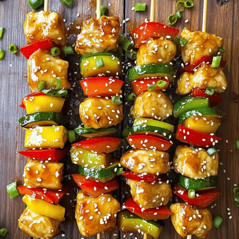 For tasty Chicken Teriyaki Skewers, you will need: - 1 lb chicken breast, cut into 1-inch cubes - 1 red bell pepper, cut into squares - 1 green bell pepper, cut into squares - 1 small zucchini, sliced The marinade gives the skewers flavor. Here’s what you need: - 1/4 cup soy sauce - 2 tablespoons honey - 2 tablespoons rice vinegar - 1 tablespoon sesame oil - 2 cloves garlic, minced - 1 teaspoon fresh ginger, grated - 1 tablespoon cornstarch mixed with 2 tablespoons cold water (for thickening) To make your skewers look and taste better, consider these: - 2 scallions, chopped (for garnish) - Sesame seeds (for garnish) These simple ingredients create a dish full of flavor. You can find the full recipe to guide you through each step. To start, make the marinade for the chicken. In a large bowl, mix the soy sauce, honey, rice vinegar, sesame oil, garlic, and ginger. Whisk these ingredients together until well combined. This mix will give the chicken its sweet and savory flavor. Cut the chicken breast into 1-inch cubes. Add them to the bowl, making sure they are well coated. Cover the bowl and place it in the fridge. Let it marinate for at least 30 minutes. For more flavor, you can marinate it for up to 2 hours. If you use wooden skewers, soak them in water for 30 minutes. This step helps prevent them from burning on the grill. While the skewers soak, preheat your grill or grill pan to medium-high heat. Once ready, take the marinated chicken out of the fridge. Start threading the chicken onto the skewers. Alternate the chicken with pieces of red and green bell peppers, and slices of zucchini. Leave some space between each piece for even cooking. Place the skewers on the grill. Cook them for about 10-12 minutes. Turn them occasionally until the chicken is fully cooked and has nice grill marks. While the skewers grill, prepare the teriyaki sauce. In a small saucepan, take the remaining marinade. Bring it to a simmer over medium heat. Stir in the cornstarch slurry to thicken the sauce. Cook for an additional 2-3 minutes until it looks glossy. During the last few minutes of grilling, brush the thickened teriyaki sauce over the skewers. This glaze will give them a shiny finish. Once done, remove the skewers from the grill. Sprinkle with chopped scallions and sesame seeds for garnish. You can find the Full Recipe for more details. For the best chicken teriyaki skewers, use fresh chicken breast. It cooks evenly and stays juicy. Cut the chicken into 1-inch cubes. This size ensures quick cooking and great flavor. You can also use chicken thighs if you want more fat and flavor. If you use wooden skewers, soak them in water for 30 minutes. This step stops them from burning on the grill. It’s a simple trick that helps keep your skewers intact. You can also use metal skewers if you want to skip this step. To get those perfect grill marks, preheat your grill to medium-high heat. Place the skewers on the grill and do not move them for a few minutes. This allows the chicken to sear nicely. Turn them halfway through cooking for even grill marks. Keep an eye on the time to avoid overcooking. For more details, check the Full Recipe. {{image_2}} You can easily swap chicken for tofu. Tofu absorbs flavors well and gets nice and crispy when grilled. Use firm tofu for best results. Press it for about 30 minutes to remove excess water. Then cut it into cubes. Marinate the tofu just like the chicken. Follow the same steps for grilling. You’ll enjoy a tasty vegetarian option! Feel free to mix and match vegetables on your skewers. Bell peppers add sweetness, but you can try mushrooms, cherry tomatoes, or even pineapple. Cut vegetables into similar sizes for even cooking. For a colorful plate, use a mix of red, yellow, and green veggies. Grilled veggies add flavor and nutrition to your meal. While teriyaki sauce is a classic, you can switch it up! Try a sweet chili sauce for a spicy kick. BBQ sauce works great too for a smoky flavor. For a tangy twist, use a lemon or lime vinaigrette. Each sauce changes the taste, so have fun experimenting. You might find a new favorite! For the complete recipe, check out the Full Recipe section! To keep your leftover chicken teriyaki skewers fresh, place them in an airtight container. Make sure to let them cool down first. You can store them in the fridge for up to three days. For best taste, enjoy them within this time frame. When reheating your skewers, use the microwave for quick results. Place them on a microwave-safe plate and cover them with a damp paper towel. Heat in 30-second intervals until warm. You can also reheat them on a grill or in a pan. This method adds a nice char and keeps the flavors intact. To freeze your skewers, wrap them tightly in plastic wrap or foil. Place them in a freezer bag, removing as much air as possible. They can last up to three months in the freezer. When ready to eat, thaw them in the fridge overnight. Reheat as mentioned above for the best results. Enjoy your chicken teriyaki skewers anytime! For a detailed cooking guide, check the Full Recipe. You should marinate the chicken for at least 30 minutes. This time helps the chicken soak up the flavors. If you want a stronger taste, marinate for up to 2 hours. The longer it sits, the more tasty it becomes. Just avoid going over two hours, as the chicken can get too soft. Chicken teriyaki skewers pair well with many sides. Here are some tasty options: - Steamed white rice or brown rice - Stir-fried vegetables - A fresh green salad - Grilled corn on the cob - Noodles tossed in sesame oil These sides add flavor and nutrition to your meal. They also balance the sweetness of the teriyaki sauce. Yes, you can use store-bought teriyaki sauce. It saves time and still tastes great. Look for sauces that have simple, clean ingredients. If you want to add your twist, mix in some fresh ginger or garlic. This can enhance the flavor and make it feel more homemade. Making Chicken Teriyaki Skewers is a fun and tasty project. You learned about the main ingredients, the marinade, and some tasty garnishes. I showed you how to prepare, grill, and glaze your skewers for perfect flavor. Plus, you got tips on choosing chicken, soaking skewers, and how to get those great grill marks. We also explored vegetarian options and storage tips. You can enjoy these skewers fresh or saved for later. Enjoy trying these tasty ideas for your next meal!