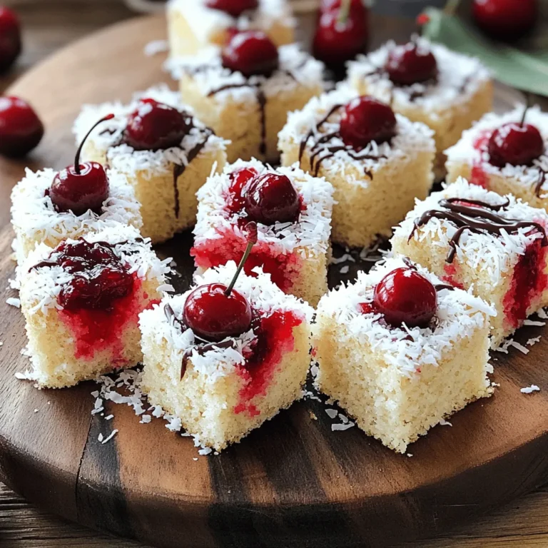 To make Cherry Coconut Cake Bites, you will need some simple ingredients. Here’s a complete list: - 1 cup all-purpose flour - 1/2 cup shredded coconut (unsweetened) - 1/2 cup cherry preserves - 1/2 cup granulated sugar - 1/4 cup unsalted butter, softened - 1/2 cup milk - 1 large egg - 1 teaspoon baking powder - 1/2 teaspoon vanilla extract - Pinch of salt - Extra shredded coconut for coating - Dark chocolate (for drizzling, optional) Each ingredient plays a key role in making these bites delightful. The all-purpose flour gives structure, while the shredded coconut adds a chewy texture. Cherry preserves bring sweetness and a burst of fruity flavor. Granulated sugar balances the flavors, and unsalted butter keeps the bites moist. Milk and eggs help bind everything together, creating a smooth batter. Baking powder ensures the bites rise well, giving them a light texture. Vanilla extract adds depth to the flavor, and a pinch of salt enhances all the tastes. For the finishing touch, extra shredded coconut creates a delightful coating, and dark chocolate drizzle adds a rich contrast. You can find the full details in the Full Recipe. Make sure to gather all these ingredients before you start! 1. Preheat your oven to 350°F (175°C). This helps the cake bake evenly. 2. Prepare an 8-inch baking dish with parchment paper. Leave some overhang for easy removal later. 3. In a large bowl, cream together 1/4 cup softened unsalted butter and 1/2 cup granulated sugar. Mix until it becomes light and fluffy. 4. Beat in 1 large egg and 1/2 teaspoon vanilla extract until well combined. This adds flavor and richness to your cake. 1. In another bowl, sift together 1 cup all-purpose flour, 1 teaspoon baking powder, a pinch of salt, and 1/2 cup shredded coconut. Sifting makes the flour light and helps the cake rise. 2. Gradually combine the wet and dry mixtures. Start with the dry ingredients, alternating with 1/2 cup milk. Mix until just combined. Be careful not to overmix. 3. Fold in 1/2 cup cherry preserves. This adds fruity goodness and color to your cake. 1. Pour half of the batter into your prepared baking dish. Spread it evenly to form the base. 2. Spoon dollops of cherry preserves over the batter. Use a knife to gently swirl it in for an even distribution. 3. Pour the remaining batter over the cherry layer and smooth the top. 4. Bake for 25-30 minutes. Check for doneness by inserting a toothpick in the center. It should come out clean. 1. Allow the cake to cool completely in the baking dish on a wire rack. This helps it set well. 2. Once cooled, lift the cake out using the parchment overhang. Cut it into small bite-sized pieces. 3. Roll each piece in extra shredded coconut to coat. You can also drizzle with dark chocolate for a sweet touch. For more details, check the Full Recipe. - How to achieve the perfect texture: For soft cake bites, mix the butter and sugar well. Creaming them together makes the cake light. Be careful not to overmix the batter once you add the dry ingredients. This keeps the cake tender. - Alternative baking times and temperatures: If you want smaller bites, adjust the baking time. For mini cake bites, bake for 15-20 minutes. Always check with a toothpick. If it comes out clean, the cake is done. - Arranging the cake bites on a platter: Use a colorful platter for a fun look. Place the cake bites in rows or circles. This adds a nice touch to your spread. - Garnishing ideas to enhance appearance: Top each bite with a cherry or a sprinkle of coconut. You can also drizzle melted chocolate on top. This adds flavor and makes them pretty. - Suggestions for adding spices or extracts: Want more flavor? Add a pinch of cinnamon or nutmeg. You can also use almond extract instead of vanilla for a unique twist. - Tips for adjusting sweetness and tartness: If you like it sweeter, add more sugar to the batter. To balance the tartness, mix in a bit more cherry preserves. This helps create a rich flavor. For the full recipe, refer to the Cherry Coconut Cake Bites section. {{image_2}} You can easily swap ingredients for the Cherry Coconut Cake Bites. If you need gluten-free options, use almond flour or a gluten-free flour blend. These work well and still taste great. For a vegan version, replace the egg with a flax egg or applesauce. Use plant-based milk and vegan butter for a delicious twist. Want to change up the flavor? Try using different fruit preserves. Raspberry, apricot, or even mango can add a unique taste. You can also mix in chopped nuts like almonds or walnuts for crunch. If you love chocolate, add white or milk chocolate chips for a sweet surprise. Make these bites festive by adjusting the recipe for holidays. For Christmas, add a dash of cinnamon or nutmeg. You can top the bites with crushed peppermint candies for a fun look. For birthdays, decorate with colorful sprinkles or drizzle with colored chocolate. These ideas make the cake bites perfect for any special occasion! To keep your Cherry Coconut Cake Bites fresh, store them in an airtight container. Use a container that is just the right size. This way, the bites do not move around too much. If you have extra bites, layer them with parchment paper to avoid sticking. You can freeze these cake bites for later enjoyment. First, let them cool completely. Then, wrap each bite in plastic wrap. Place the wrapped bites in a freezer bag or container. When you want to eat them, take out only what you need. To thaw, leave the bites in the fridge overnight. This keeps them soft and tasty. These cake bites last up to a week in the fridge. For best taste, eat them within five days. If you freeze them, they can last up to three months. Just remember, the quicker you eat them, the fresher they taste. Check the [Full Recipe] for more tips on making and storing these treats! Can I make this recipe ahead of time? Yes, you can make these cake bites a day in advance. Store them in an airtight container. This helps the flavors meld together nicely. How do I ensure the cake bites stay moist? To keep your cake bites moist, avoid overbaking. Check them a few minutes early. You can also brush them with a little cherry syrup after baking for added moisture. What to do if the cake doesn’t rise properly? If your cake bites don’t rise, check your baking powder. Make sure it is fresh. Also, avoid opening the oven too early, as this can cause them to sink. How to handle the cherry preserves if too runny? If your cherry preserves are too runny, try mixing in a bit of cornstarch. Heat them on low heat until thickened. This will help them set better in the cake. Can I add other fruits or flavors? Absolutely! You can use peach or raspberry preserves instead of cherry. Feel free to mix in nuts or spices for extra flavor. What is the best way to serve these cake bites? Serve these cake bites on a pretty platter with fresh cherries on top. You can also drizzle them with dark chocolate for a fun touch. For a party, these bites are perfect finger foods! For the full recipe, check the details above. Enjoy making your Cherry Coconut Cake Bites! This blog shared a simple and fun cake bite recipe. You learned about the key ingredients, like coconut and cherry preserves. I provided easy steps for mixing and baking. You also found tips to make it look and taste amazing. Lastly, there are ideas for flavor swaps and storing your treats. Enjoy making these cake bites. They are perfect for any occasion!