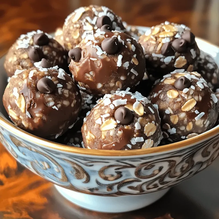 - 1 cup rolled oats - 1/2 cup almond butter (or any nut butter of your choice) - 1/3 cup honey or maple syrup - 1/2 cup shredded unsweetened coconut - 1/4 cup unsweetened cocoa powder - 1/4 cup mini chocolate chips - 1 teaspoon vanilla extract - Pinch of salt These ingredients are simple but pack a punch. Each one plays a role in flavor and nutrition. Let’s break them down. Rolled oats form the base. They give energy and fiber. Fiber helps with digestion and keeps you full. Almond butter adds creaminess and healthy fats. You can use any nut butter you love. This keeps the energy balls rich and tasty. Honey or maple syrup acts as a natural sweetener. Both options provide energy quickly. They also help bind the mixture. Shredded coconut gives a chewy texture and tropical flavor. It’s also rich in fiber and healthy fats. Cocoa powder is where the chocolate flavor shines. It gives a deep, rich taste with antioxidants. Mini chocolate chips add little bursts of sweetness. They make these energy balls feel like a treat. Vanilla extract enhances all the flavors. It adds warmth and depth to the mix. Finally, a pinch of salt balances the sweetness. It brings out the flavors and makes them pop. Each serving has around 150 calories. You get 3 grams of protein and 2 grams of fiber. This snack helps keep you energized throughout the day. Health benefits of each ingredient: - Rolled oats: Good for heart health and digestion. - Almond butter: Contains vitamin E and magnesium, good for skin and bones. - Honey or maple syrup: Natural energy source with antioxidants. - Shredded coconut: Supports healthy cholesterol levels and boosts metabolism. - Cocoa powder: High in antioxidants, good for heart health. - Mini chocolate chips: Adds joy, making healthy eating fun. - Vanilla extract: May help reduce inflammation and improve mood. - Salt: Maintains electrolyte balance. These Chocolate Coconut Energy Balls are not just tasty; they are good for you too. For the full recipe, check out the details above. Making chocolate coconut energy balls is quick and simple. The total prep time is 15 minutes, and chilling takes about 30 minutes. You will need a mixing bowl, a baking sheet, and parchment paper to line your sheet. 1. Mix ingredients: In your mixing bowl, add these ingredients: - 1 cup rolled oats - 1/2 cup almond butter - 1/3 cup honey or maple syrup - 1/2 cup shredded unsweetened coconut - 1/4 cup unsweetened cocoa powder - 1/4 cup mini chocolate chips - 1 teaspoon vanilla extract - Pinch of salt Stir everything well. You can use a spoon or your hands. Make sure all the items blend together into a dough. 2. Shape and roll: Take small amounts of the mixture. Roll them into balls about 1 inch wide. Place each ball on your baking sheet lined with parchment paper. This keeps them from sticking. 3. Refrigerate: Put the baking sheet in the fridge for at least 30 minutes. This helps the energy balls firm up. After chilling, move them to an airtight container. They will stay fresh in the fridge for a week. You can also freeze them for later. Try these chocolate coconut energy balls as a quick snack or a boost before workouts. For the full recipe, check out the section above. To make the best chocolate coconut energy balls, focus on consistency. You want a mix that is sticky but holds shape. If the dough feels too dry, add a touch more nut butter or syrup. If it’s too wet, add a bit more oats or coconut. Mixing methods can make a difference too. I love using my hands for this task. It helps blend everything well. You can also use a sturdy spoon or a spatula. Just make sure you really incorporate all the ingredients. This ensures every bite tastes great. Enjoy these energy balls as a quick snack or a pre-workout boost. They are perfect for on-the-go munching. You can also pair them with a tall glass of almond milk or a smoothie. For a fun twist, try serving them with fresh fruit like bananas or apples. Want a sweet treat? Dust the energy balls with extra shredded coconut for a nice finish. These simple touches make your snack look great and taste even better. {{image_2}} You can easily swap out nut butters in this recipe. Try peanut butter or cashew butter instead of almond butter. Both will give your energy balls a different taste. If you want a sweeter kick, use agave syrup in place of honey. Feel free to add fun mix-ins too! Dried fruits like cranberries or apricots work great. You can also include seeds like chia or flax for added crunch and nutrition. This makes the energy balls unique to your taste. To spice things up, add a pinch of cinnamon or nutmeg. These spices will give your energy balls a warm, cozy flavor. If you want to get adventurous, try using different types of chocolate. Dark chocolate chips can add a richer taste, while white chocolate can make them sweeter. You can also mix in superfoods for an extra boost. Ingredients like matcha powder or spirulina can add health benefits and a fun color. This way, your chocolate coconut energy balls will never be boring! For the full recipe, check out the [Full Recipe]. To keep your chocolate coconut energy balls fresh, store them in the fridge. Place them in an airtight container. This helps prevent them from drying out. They will stay fresh for about one week. If you want to keep them longer, freezing is a great option. Just layer them in a freezer-safe container. You can also use parchment paper between layers to avoid sticking. Make sure to seal the container well to keep out air. When stored properly, chocolate coconut energy balls can last up to one week in the fridge. If you freeze them, they can last for up to three months. Always check for signs of spoilage. Look for any off smells or changes in texture. If they feel dry or hard, it's time to toss them. Enjoy these snacks while they are fresh for the best taste and texture! Can I make these energy balls vegan? Yes, you can easily make these energy balls vegan. Just swap the honey for maple syrup. Use a nut butter that fits your diet. This will keep the recipe plant-based. How can I make them nut-free? To make these energy balls nut-free, replace almond butter with sunflower seed butter. This keeps the flavors rich while avoiding nuts. Are these energy balls suitable for meal prep? Absolutely! These energy balls are perfect for meal prep. You can make a big batch and store them in the fridge. They last up to a week, making them a great snack. What to do if the mixture is too dry or too sticky? If the mixture is too dry, add a little more nut butter or syrup. This will help it stick together. If it’s too sticky, add more oats or cocoa powder to thicken it up. How can I make them more chocolatey? To up the chocolate flavor, add more cocoa powder or mini chocolate chips. You can also drizzle melted dark chocolate on top for extra richness. Enjoy the added chocolatey goodness! In this blog post, we explored how to make delicious chocolate coconut energy balls. We covered the key ingredients, their health perks, and easy steps for preparation. You got tips for perfecting the mix and ideas for storage. Remember, you can customize flavors and ingredients to suit your taste. Whether for a snack or meal prep, these treats pack energy and flavor. Now, it's time to make your own and enjoy the healthy boost!
