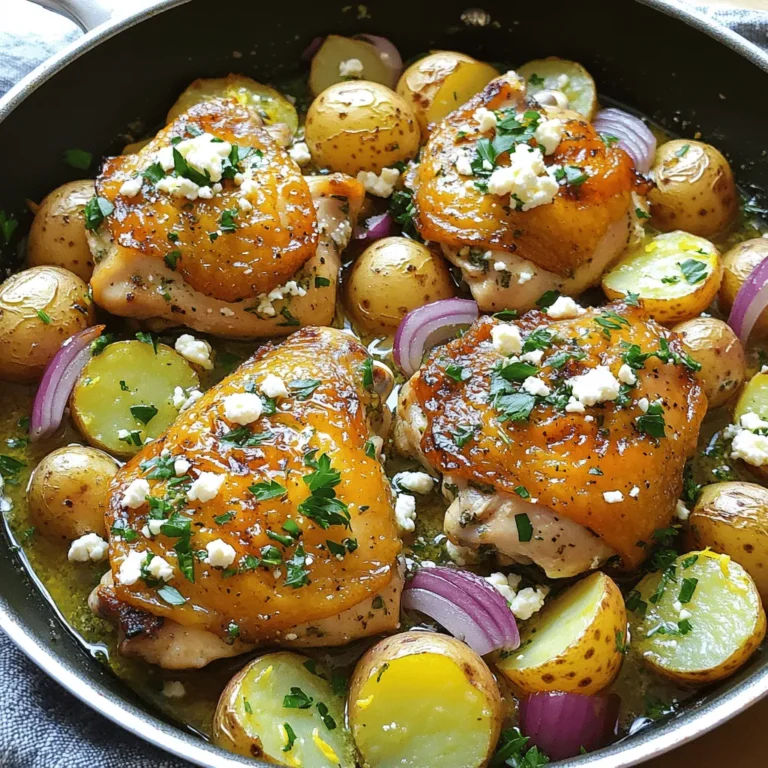 - 4 bone-in, skin-on chicken thighs - 1 lb baby potatoes, halved - 1 red onion, quartered - 4 cloves garlic, minced - 2 teaspoons dried oregano - 1 teaspoon dried thyme - 1 lemon, zested and juiced - 1/4 cup olive oil - Salt and pepper to taste - Fresh parsley, chopped for garnish - Feta cheese, crumbled for topping (optional) For this one-pan Greek chicken and potatoes recipe, you need a few simple items. First, the chicken thighs are key. They have skin that gets crispy, and they stay juicy. Next, baby potatoes add a nice, hearty touch. Halving them helps them cook evenly. You'll also need some fresh veggies. A red onion brings sweetness, while garlic adds great flavor. The seasonings are vital too. Dried oregano and thyme create that classic Greek taste. Lemon juice and zest give brightness to the dish. Don't forget salt and pepper. They help bring out all the flavors. For garnish, fresh parsley adds color, and feta cheese adds creaminess. You can skip the cheese if you prefer a lighter meal. This recipe is easy and delicious. You can find the full recipe above for detailed cooking steps. - Preheat your oven to 425°F (220°C). - In a small bowl, mix together olive oil, lemon juice, lemon zest, garlic, oregano, thyme, salt, and pepper. This is your marinade. - In a big bowl, add the halved baby potatoes and quartered red onion. Pour half of the marinade over them. Toss well to coat. - In another bowl, take your chicken thighs and add the rest of the marinade. Coat the chicken well. - Grab a large oven-safe skillet. Place the marinated potatoes and onions at the bottom. Lay the marinated chicken thighs on top. - Bake in the preheated oven for 40-45 minutes. The chicken should be golden brown and cooked through, while the potatoes become tender. - For an extra crispy skin, broil the dish for 3-5 minutes at the end. Keep an eye on it! - Once done, remove from the oven. Sprinkle with fresh parsley and crumbled feta cheese if you like. This One-Pan Greek Chicken and Potatoes dish is easy and full of flavor. For the full recipe, check the earlier section. Enjoy your meal! To ensure your chicken stays juicy and tender, you want to avoid overcooking. Use a meat thermometer to check the chicken's internal temperature. It should reach 165°F (74°C) for safe eating. The bone-in, skin-on thighs help keep the meat moist. The skin adds flavor and protects the chicken during cooking. For crispy skin, broil the chicken for a few minutes at the end. This step gives a nice crunch. Make sure the oven is hot enough before you start broiling. If you want even more crunch, dry the skin with paper towels before you season it. This helps get rid of excess moisture. Serving directly from the skillet makes the dish look inviting. It keeps the meal warm and makes for easy cleanup. Use a large spoon to scoop out portions. You can also place a colorful cloth under the skillet for a nice touch. Garnishing can elevate your dish. Fresh parsley adds a bright green color and fresh flavor. Crumbled feta cheese gives a creamy texture and salty taste. Lemon wedges on the side brighten the dish and allow guests to add more lemon flavor as they like. {{image_2}} You can change the protein in this dish. Try using chicken breast instead of thighs for a leaner option. If you want a vegetarian meal, use hearty vegetables like zucchini or eggplant. These will soak up the yummy flavors too. You can also switch up the seasonings. Instead of oregano, try rosemary or basil for a fresh twist. A bit of smoked paprika can add a nice kick. You can also use lemon pepper for a zesty flavor boost. Pair this dish with a crisp Greek salad. The fresh veggies and tangy dressing balance the rich chicken and potatoes well. You can also serve it with warm pita bread for a filling meal. For dietary needs, you can make this meal gluten-free by ensuring all ingredients are certified gluten-free. If you need a dairy-free option, simply skip the feta cheese. This dish is flexible to fit your needs. For the full recipe, check out the One-Pan Greek Chicken and Potatoes. To store your leftovers, let the dish cool down. Place the chicken and potatoes in an airtight container. This helps keep them fresh. You can store them in the fridge for about three days. Make sure to eat them within this time for safe consumption. To reheat, the best method is to use the oven. Preheat the oven to 350°F (175°C). Place the chicken and potatoes in an oven-safe dish. Cover it with foil to keep the moisture in. Heat for about 20 minutes or until warm. You can also use a microwave, but it may make the skin less crisp. If you want to keep the flavor and texture, add a splash of olive oil before heating. Enjoy your One-Pan Greek Chicken and Potatoes again! Can I use boneless chicken for this recipe? Yes, you can use boneless chicken. It cooks faster than bone-in. Adjust the cooking time to about 30-35 minutes. Check for a golden color to ensure it's cooked well. What can I substitute for olive oil? If you need a substitute for olive oil, try avocado oil or melted butter. Both give good flavor and work well with the chicken and potatoes. How do I ensure my potatoes cook through? To make sure your potatoes cook through, cut them into small, equal pieces. Halving baby potatoes helps them cook evenly. Place them at the bottom of the skillet. This way, they soak up all the flavors. What temperature should chicken be cooked to for safe consumption? Chicken should reach an internal temperature of 165°F (74°C). Use a meat thermometer to check. This ensures it is safe to eat and juicy. This blog post covered a simple recipe for chicken thighs and potatoes. You learned about key ingredients, preparation steps, and cooking methods that yield delicious results. I shared tips for juicy chicken and crispy skin, plus ways to present the dish beautifully. You can swap ingredients for variety and store leftovers correctly. Remember, cooking should be fun and rewarding. With these tips, you can make a meal that tastes great and impresses everyone. Enjoy your cooking adventure ahead!