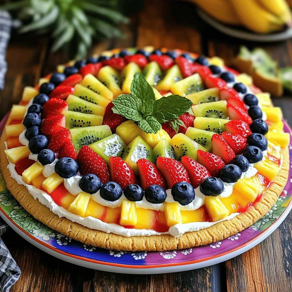 - 1 pre-made sugar cookie dough (or homemade sugar cookie dough) - 8 oz cream cheese, softened - ¼ cup powdered sugar - 1 teaspoon vanilla extract - 1 cup Greek yogurt (optional for added tanginess) - 1 kiwi, peeled and sliced - 1 cup strawberries, hulled and sliced - 1 cup blueberries - 1 cup pineapple chunks - 1 banana, sliced - Fresh mint leaves for garnish (optional) Using pre-made sugar cookie dough saves time. But, making your own gives a fresh taste. You can also use gluten-free cookie dough if needed. For the cream cheese, use low-fat or dairy-free options if you prefer. The Greek yogurt adds a nice tang, but you can skip it if you like. Choose ripe fruits for the best flavor. If you can’t find all the fruits listed, swap them with your favorites. For example, mango, raspberries, or oranges can work well too. Fresh fruit gives the best taste, but frozen fruit can work in a pinch if you defrost it first. You might want to add a splash of lemon juice to the cream cheese mix. This brightens the flavor and adds a zesty kick. If you love nuts, try adding some chopped walnuts or pecans on top for crunch. A drizzle of honey can also sweeten the fruit if you like things sweeter. Use these tips to make your rainbow fruit pizza unique! To start, preheat your oven to 350°F (175°C). Take your pre-made sugar cookie dough, which can be homemade or store-bought. Roll it out on a baking sheet lined with parchment paper. Aim for a large circle that is about ½ inch thick. Bake the cookie for about 10 to 12 minutes, or until it turns golden brown. Once baked, let the cookie base cool completely. While your cookie base cools, it's time to make the cream cheese frosting. In a mixing bowl, beat 8 oz of softened cream cheese with ¼ cup of powdered sugar. Add in 1 teaspoon of vanilla extract for flavor. If you want a tangy twist, you can mix in 1 cup of Greek yogurt. Keep mixing until your frosting is smooth and creamy. When the cookie base has cooled, spread the cream cheese mixture evenly across the top. This will be your frosting layer. Now comes the fun part! Arrange your fruits in a rainbow pattern. Start with kiwi slices on one side, followed by strawberries, blueberries, pineapple chunks, and finish with banana slices. For a nice touch, chill the fruit pizza for at least 30 minutes. This helps the flavors blend and sets the cream cheese layer. If you like, sprinkle fresh mint leaves on top before slicing. Your rainbow fruit pizza is now ready to impress! For the complete recipe, check out the [Full Recipe]. When making your rainbow fruit pizza, avoid a few common mistakes. First, don't skip cooling the cookie base. If it's warm, the cream cheese layer will melt. Second, be careful with fruit selection. Use ripe fruit for the best taste and color. Lastly, avoid overloading the pizza with too much fruit. A balanced layer looks better and tastes great. To arrange your fruit nicely, start with a plan. Lay out your fruit in the order of the rainbow. Place the green kiwi first, then red strawberries, blue blueberries, yellow pineapple, and finish with banana. Make sure to slice the fruit evenly. This gives a neat look and helps in serving. If you want a fun twist, try to use different shapes for your fruit slices. For the best look, cut your rainbow fruit pizza into wedges. Use a sharp knife to make clean cuts. Serve the pieces on a colorful platter to enhance the visual appeal. Add fresh mint leaves on top for a pop of green. This adds a fresh touch and makes the pizza look more inviting. You can also drizzle a little honey or a yogurt glaze for extra flair. For more ideas, check out the [Full Recipe]. {{image_2}} You can switch up the fruits on your Rainbow Fruit Pizza. Try using mango, raspberries, or blackberries. For a tropical twist, add papaya or passion fruit. The key is to choose colorful fruits for that vibrant look. Mixing and matching flavors keeps it fun and fresh. Want a gluten-free version? Use gluten-free cookie dough. For a vegan version, swap cream cheese for a plant-based alternative. You can also use maple syrup instead of powdered sugar. Greek yogurt can be replaced with coconut yogurt for a creamy base that fits your diet. In summer, use fresh berries like cherries and peaches. In fall, think about apples and pears. Winter can bring citrus fruits like oranges and grapefruits. Each season offers unique fruits that add flavor and color to your pizza. Pick what’s ripe and in season for the best taste. To store leftover Rainbow Fruit Pizza, cover it tightly with plastic wrap. You can also use a large airtight container. This helps keep the cookie base soft and the fruits fresh. Place it in the fridge. It should stay good for about 2-3 days. Freezing Rainbow Fruit Pizza is a bit tricky. The fruit does not freeze well, so I do not recommend it. However, if you only want to freeze the cookie base, wrap it tightly in plastic wrap. Store it in a freezer bag. It can last up to 3 months. Just thaw it in the fridge before using. If you need to warm up the cookie base, preheat your oven to 350°F (175°C). Place the cookie on a baking sheet. Heat for about 5-8 minutes. This will help it regain some softness. Avoid microwaving, as it can make the cookie tough. For the best taste, top it with fresh cream cheese and fruits after reheating. To make the crust from scratch, use simple sugar cookie dough. You can mix flour, butter, sugar, and eggs to form a dough. Roll it out into a circle on parchment paper. Bake it at 350°F (175°C) until it turns golden. Let it cool before adding any toppings. Yes, you can! Cream cheese is great, but you can try mascarpone or ricotta. Both options give a nice flavor. Just make sure to mix in some powdered sugar and vanilla for sweetness. The best fruits are colorful ones! Use kiwi, strawberries, blueberries, pineapple, and bananas. They create a lovely rainbow look. You may also add raspberries, oranges, or grapes for variety. You can keep the fruit pizza in the fridge for about 2-3 days. Cover it with plastic wrap to keep it fresh. The fruits might get soft after a while, so it’s best enjoyed fresh. Yes, adding a glaze can make your fruit pizza shine! You can mix warm apricot jam with a bit of water. Brush it over the fruit just before serving. This step adds a lovely look and keeps the fruit fresh. We covered how to make a delicious rainbow fruit pizza. You learned about key ingredients and tips for substitutions. I shared step-by-step instructions on preparing the cookie base and frosting. We also discussed common mistakes and how to present your dish beautifully. Don't forget the variations, storage info, and answers to FAQs. This treat is fun to make and even better to eat. Enjoy creating your own unique version of this bright dessert!