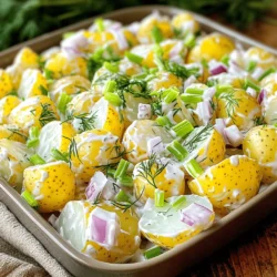- 2 pounds baby Yukon gold potatoes, halved - 1 cup mayonnaise - 2 tablespoons Dijon mustard - 1 tablespoon apple cider vinegar - 1 cup celery, finely diced - 1/2 cup red onion, finely chopped - 1/4 cup fresh dill, chopped - 2 tablespoons fresh chives, chopped - Salt and pepper to taste - Optional: Hard-boiled eggs, chopped To make a great potato salad, start with the right potatoes. Baby Yukon gold potatoes work best because they are creamy and hold their shape well. You need two pounds for this recipe. Next, the dressing brings the flavor. You will need one cup of mayonnaise, which adds creaminess. Two tablespoons of Dijon mustard give a nice kick. Apple cider vinegar adds some tang. Fresh herbs and vegetables brighten up the dish. Use one cup of finely diced celery for crunch. Half a cup of finely chopped red onion adds sweetness. For fresh flavor, add a quarter cup of chopped dill and two tablespoons of chopped chives. If you want extra protein, consider adding hard-boiled eggs. They make the salad richer and heartier. - Cooking pot - Mixing bowls - Whisk For the cooking process, a good pot is key. Use a cooking pot to boil the potatoes. Mixing bowls are important to combine the ingredients. A whisk helps blend the dressing smoothly. Once you gather these ingredients and tools, you will create a tasty potato salad. For the full recipe, make sure to check the detailed instructions. To start, place the halved baby Yukon gold potatoes in a large pot. Cover them with cold water and add a pinch of salt. Bring the pot to a boil over medium-high heat. When it starts boiling, reduce the heat to medium-low. Let the potatoes simmer for about 10 to 12 minutes. You want them fork-tender, but not mushy. Overcooked potatoes will fall apart later. Once they are cooked, drain the potatoes carefully. You can let them cool slightly in a large bowl. This makes them easier to handle later. Be patient; you want to avoid burns when mixing them with the dressing. In a separate bowl, whisk together the mayonnaise, Dijon mustard, and apple cider vinegar. Add a sprinkle of salt and pepper to taste. Whisk until the mixture is smooth and creamy. This dressing is the heart of your potato salad. Feel free to adjust the flavor as you like. If you want a bit of zest, add more vinegar. If you like it creamier, add more mayo. Make it your own! Once the potatoes are cool enough to touch, gently fold them into the dressing. Use a spatula to combine them without breaking the potatoes. You want to keep them intact for a nice texture. Next, add in the finely diced celery, chopped red onion, fresh dill, and chives. Stir until everything is evenly coated. If you want extra protein, fold in chopped hard-boiled eggs at this point. After mixing, taste the salad and adjust the seasoning if needed. Add more salt and pepper to enhance the flavor. Cover the bowl with plastic wrap and refrigerate for at least one hour. This lets all the flavors blend beautifully together. To avoid mushy potatoes, choose waxy types like Yukon Gold. They hold their shape well. Cook them until fork-tender, about 10 to 12 minutes. Then, drain and let them cool in a large bowl. This helps keep them firm and prevents them from turning into mush. When mixing, fold gently. You want the potatoes to stay intact, not break apart. Adding spices can make your potato salad pop. Try adding paprika or garlic powder for a twist. Fresh herbs like parsley or tarragon can also brighten the dish. Mustard can change the flavor too. You can use whole grain, honey mustard, or even spicy brown mustard for variety. Each adds a different taste and kick to the salad. For a beautiful presentation, serve the salad in a shallow dish. Garnish with extra dill or chives on top. This adds color and makes it look fresh and inviting. Pair your potato salad with grilled meats, sandwiches, or even as a side for a picnic. It complements many meals and is always a hit! {{image_2}} You can find many styles of potato salad across the world. One popular type is German-style, which often uses vinegar instead of mayonnaise. This gives it a tangy flavor. You can add bacon bits and fresh herbs for extra taste. Southern-style potato salad is rich and creamy. It usually includes sweet pickles or relish. Some people add hard-boiled eggs for extra protein. You can mix in diced bell peppers or pimento for a colorful twist. If you want a vegan potato salad, you can swap out the mayonnaise. Try using avocado or a plant-based mayo. This keeps it creamy without eggs or dairy. You can also add tahini for a nutty flavor. For gluten-free options, potato salad is a great choice since potatoes are naturally gluten-free. Just make sure any added ingredients, like mustard or pickles, are also gluten-free. Always check the labels to be safe. In summer, you can add fresh veggies like cucumbers or radishes. These give a nice crunch and extra flavor. You can also toss in fruits like apples or grapes for a sweet touch. For holidays, consider adding roasted red peppers or cranberries. These give your salad a festive look and taste. You can even include spices like paprika or dill to bring out seasonal flavors. For the full recipe, check out the Full Recipe section! To keep your potato salad fresh, store it in an airtight container. This helps prevent any odors from other foods. Always let the salad cool completely before sealing it. It will last in the fridge for about 3 to 5 days. If you notice any changes in smell or texture, it's best to throw it away. You can freeze potato salad, but it may change in texture. To freeze, place the salad in a freezer-safe container. Leave some space at the top for expansion. When you’re ready to eat it, defrost it in the fridge overnight. After thawing, stir it well to mix the ingredients again. If it seems dry, add a bit of mayonnaise to restore creaminess. Avoid freezing potato salad with hard-boiled eggs, as they can become rubbery. Yes, making potato salad a day early is a great idea. It helps the flavors blend well. You can prepare the salad and store it in the fridge. This way, you save time on the day of your picnic or BBQ. The longer it sits, the better it tastes! The best potatoes for potato salad are Yukon Gold or red potatoes. They hold their shape well after cooking. These types also have a nice creamy texture. This makes your salad taste rich and satisfying. Avoid starchy potatoes like Russets, as they can turn mushy. Potato salad should not sit out for more than two hours. If it is hot outside, reduce that time to one hour. Bacteria can grow quickly in warm temperatures. To keep it safe, place the salad in a cooler or on ice. Enjoy your delicious potato salad while keeping food safety in mind! This guide provided all the key steps to make great potato salad. We covered potato types, dressing tips, and added flavor ideas. Don’t forget to store it right and try different styles. Making it ahead can save time. Sometimes, sticking to basics works best, but feel free to be creative. Embrace the process, enjoy the flavors, and make every bite special. With these tips, you can create a memorable dish for any occasion.