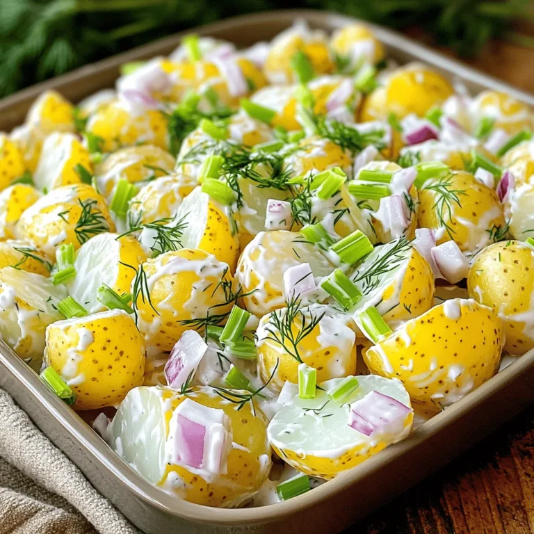 - 2 pounds baby Yukon gold potatoes, halved - 1 cup mayonnaise - 2 tablespoons Dijon mustard - 1 tablespoon apple cider vinegar - 1 cup celery, finely diced - 1/2 cup red onion, finely chopped - 1/4 cup fresh dill, chopped - 2 tablespoons fresh chives, chopped - Salt and pepper to taste - Optional: Hard-boiled eggs, chopped To make a great potato salad, start with the right potatoes. Baby Yukon gold potatoes work best because they are creamy and hold their shape well. You need two pounds for this recipe. Next, the dressing brings the flavor. You will need one cup of mayonnaise, which adds creaminess. Two tablespoons of Dijon mustard give a nice kick. Apple cider vinegar adds some tang. Fresh herbs and vegetables brighten up the dish. Use one cup of finely diced celery for crunch. Half a cup of finely chopped red onion adds sweetness. For fresh flavor, add a quarter cup of chopped dill and two tablespoons of chopped chives. If you want extra protein, consider adding hard-boiled eggs. They make the salad richer and heartier. - Cooking pot - Mixing bowls - Whisk For the cooking process, a good pot is key. Use a cooking pot to boil the potatoes. Mixing bowls are important to combine the ingredients. A whisk helps blend the dressing smoothly. Once you gather these ingredients and tools, you will create a tasty potato salad. For the full recipe, make sure to check the detailed instructions. To start, place the halved baby Yukon gold potatoes in a large pot. Cover them with cold water and add a pinch of salt. Bring the pot to a boil over medium-high heat. When it starts boiling, reduce the heat to medium-low. Let the potatoes simmer for about 10 to 12 minutes. You want them fork-tender, but not mushy. Overcooked potatoes will fall apart later. Once they are cooked, drain the potatoes carefully. You can let them cool slightly in a large bowl. This makes them easier to handle later. Be patient; you want to avoid burns when mixing them with the dressing. In a separate bowl, whisk together the mayonnaise, Dijon mustard, and apple cider vinegar. Add a sprinkle of salt and pepper to taste. Whisk until the mixture is smooth and creamy. This dressing is the heart of your potato salad. Feel free to adjust the flavor as you like. If you want a bit of zest, add more vinegar. If you like it creamier, add more mayo. Make it your own! Once the potatoes are cool enough to touch, gently fold them into the dressing. Use a spatula to combine them without breaking the potatoes. You want to keep them intact for a nice texture. Next, add in the finely diced celery, chopped red onion, fresh dill, and chives. Stir until everything is evenly coated. If you want extra protein, fold in chopped hard-boiled eggs at this point. After mixing, taste the salad and adjust the seasoning if needed. Add more salt and pepper to enhance the flavor. Cover the bowl with plastic wrap and refrigerate for at least one hour. This lets all the flavors blend beautifully together. To avoid mushy potatoes, choose waxy types like Yukon Gold. They hold their shape well. Cook them until fork-tender, about 10 to 12 minutes. Then, drain and let them cool in a large bowl. This helps keep them firm and prevents them from turning into mush. When mixing, fold gently. You want the potatoes to stay intact, not break apart. Adding spices can make your potato salad pop. Try adding paprika or garlic powder for a twist. Fresh herbs like parsley or tarragon can also brighten the dish. Mustard can change the flavor too. You can use whole grain, honey mustard, or even spicy brown mustard for variety. Each adds a different taste and kick to the salad. For a beautiful presentation, serve the salad in a shallow dish. Garnish with extra dill or chives on top. This adds color and makes it look fresh and inviting. Pair your potato salad with grilled meats, sandwiches, or even as a side for a picnic. It complements many meals and is always a hit! {{image_2}} You can find many styles of potato salad across the world. One popular type is German-style, which often uses vinegar instead of mayonnaise. This gives it a tangy flavor. You can add bacon bits and fresh herbs for extra taste. Southern-style potato salad is rich and creamy. It usually includes sweet pickles or relish. Some people add hard-boiled eggs for extra protein. You can mix in diced bell peppers or pimento for a colorful twist. If you want a vegan potato salad, you can swap out the mayonnaise. Try using avocado or a plant-based mayo. This keeps it creamy without eggs or dairy. You can also add tahini for a nutty flavor. For gluten-free options, potato salad is a great choice since potatoes are naturally gluten-free. Just make sure any added ingredients, like mustard or pickles, are also gluten-free. Always check the labels to be safe. In summer, you can add fresh veggies like cucumbers or radishes. These give a nice crunch and extra flavor. You can also toss in fruits like apples or grapes for a sweet touch. For holidays, consider adding roasted red peppers or cranberries. These give your salad a festive look and taste. You can even include spices like paprika or dill to bring out seasonal flavors. For the full recipe, check out the Full Recipe section! To keep your potato salad fresh, store it in an airtight container. This helps prevent any odors from other foods. Always let the salad cool completely before sealing it. It will last in the fridge for about 3 to 5 days. If you notice any changes in smell or texture, it's best to throw it away. You can freeze potato salad, but it may change in texture. To freeze, place the salad in a freezer-safe container. Leave some space at the top for expansion. When you’re ready to eat it, defrost it in the fridge overnight. After thawing, stir it well to mix the ingredients again. If it seems dry, add a bit of mayonnaise to restore creaminess. Avoid freezing potato salad with hard-boiled eggs, as they can become rubbery. Yes, making potato salad a day early is a great idea. It helps the flavors blend well. You can prepare the salad and store it in the fridge. This way, you save time on the day of your picnic or BBQ. The longer it sits, the better it tastes! The best potatoes for potato salad are Yukon Gold or red potatoes. They hold their shape well after cooking. These types also have a nice creamy texture. This makes your salad taste rich and satisfying. Avoid starchy potatoes like Russets, as they can turn mushy. Potato salad should not sit out for more than two hours. If it is hot outside, reduce that time to one hour. Bacteria can grow quickly in warm temperatures. To keep it safe, place the salad in a cooler or on ice. Enjoy your delicious potato salad while keeping food safety in mind! This guide provided all the key steps to make great potato salad. We covered potato types, dressing tips, and added flavor ideas. Don’t forget to store it right and try different styles. Making it ahead can save time. Sometimes, sticking to basics works best, but feel free to be creative. Embrace the process, enjoy the flavors, and make every bite special. With these tips, you can create a memorable dish for any occasion.