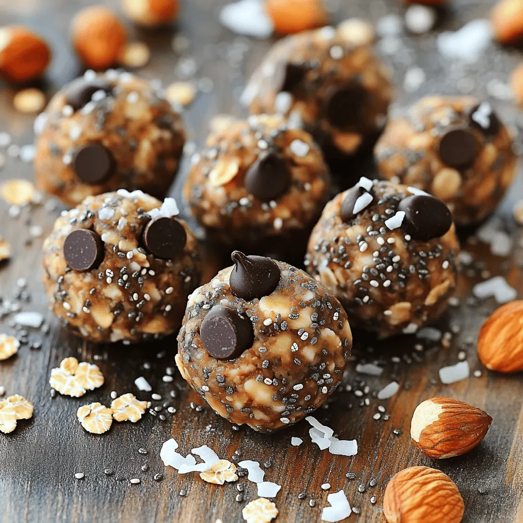- 1 cup rolled oats - 1/2 cup natural almond butter - 1/4 cup honey or maple syrup - 1/2 cup chocolate chips (dark or semi-sweet) - 1/4 cup chia seeds - 1/4 cup ground flaxseed - 1/2 cup shredded coconut or chopped nuts - Mixing bowl - Baking sheet - Parchment paper When you make chocolate chip energy balls, start with the main ingredients. Rolled oats give them a chewy texture. Almond butter adds creaminess and healthy fats. Honey or maple syrup sweetens the mix and brings everything together. The chocolate chips are the fun part! They add rich flavor and a touch of sweetness. You can also boost flavors with optional ingredients. Chia seeds and ground flaxseed add fiber and omega-3s. Shredded coconut or nuts can add crunch and taste. These extras help make your energy balls not just good, but great! You’ll need some simple tools too. A mixing bowl is key for combining everything. A baking sheet lined with parchment paper makes it easy to place the rolled balls. This setup makes the process smooth. For the full recipe, you can refer to the complete steps on how to create these delicious energy balls. Enjoy making them! Start by gathering your ingredients. In a large bowl, combine: - 1 cup rolled oats - 1/2 cup natural almond butter - 1/4 cup honey or maple syrup Mix these together until they form a consistent base. Next, add in: - 1/2 cup chocolate chips - 1/4 cup chia seeds - 1/4 cup ground flaxseed - 1/4 teaspoon salt - 1 teaspoon vanilla extract Stir all these ingredients together until they blend well. You want every bite to have a bit of everything! Cover the bowl with plastic wrap and place it in the fridge for about 30 minutes. This helps the mixture firm up and makes rolling easier. After chilling, take it out and use your hands to scoop out small portions. Roll these into balls about 1 inch in size. Once you have rolled all the mixture into balls, arrange them on a baking sheet lined with parchment paper. This keeps them from sticking. Now, store the energy balls in an airtight container. You can keep them in the fridge for up to a week. If you want them to last longer, freeze them! Enjoy these tasty snacks whenever you need a boost. For the full recipe, check out the details provided earlier. To get the right texture, you may want to adjust the mixture. If it feels too wet, add more rolled oats. If it feels too dry, add a bit more almond butter. This balance makes a big difference. When shaping the balls, use chilled hands. This simple trick helps prevent the mixture from sticking to your fingers. It makes rolling much easier. You can make your energy balls even better by changing the nut butter. Try peanut butter or cashew butter for a new taste. Each nut butter brings its special flavor to the mix. Adding a dash of cinnamon can also boost the taste. This spice adds warmth and depth. You can even toss in some protein powder for extra health benefits. It helps your body recover after a workout and keeps you fuller longer. These tips will help you create the best chocolate chip energy balls. For the complete recipe, check out the [Full Recipe]. {{image_2}} You can make a nut-free version of chocolate chip energy balls by swapping almond butter. Use sunflower seed butter instead. This change keeps the recipe safe for those with nut allergies. You can also leave out any nuts or coconut. This keeps it simple but still tasty. To mix things up, try using peanut butter with milk chocolate chips. This gives the energy balls a creamy texture and a sweet taste. You can also add dried fruits like cranberries or raisins. These fruits add natural sweetness and a chewy bite to each ball. Feel free to get creative with your flavors. The options are endless! For the full recipe, check the original instructions. To store energy balls in the fridge, use an airtight container. These tasty bites will stay fresh for up to a week. Just make sure to keep them sealed. I love to grab one for a quick snack or a boost before exercise. The cool temperature also helps them stay firm and delicious. If you want to keep your energy balls for longer, freezing is the way to go. Place the balls in a single layer on a baking sheet. Freeze them for about an hour until they are firm. Then, transfer them to a freezer-safe bag. This way, they won't stick together. You can enjoy them for up to three months! To thaw frozen energy balls, simply take out what you need. Let them sit at room temperature for 15 to 20 minutes. This way, they soften but still taste great. If you're in a hurry, you can microwave them for about 10 seconds. They will be just right for a quick snack! Chocolate chip energy balls can last up to one week in the refrigerator. To store them, place the energy balls in an airtight container. If you want to keep them longer, freeze the energy balls. They can last for about three months in the freezer. Just remember to thaw them in the fridge before eating for the best taste. Yes, you can adjust the sweetness of your energy balls. If you want less sweetness, reduce the amount of honey or maple syrup. You can also try using mashed bananas or unsweetened applesauce as a natural sweetener. This change can make your energy balls healthier while keeping them tasty. Chocolate chip energy balls are a great snack option. They offer a good mix of carbs, protein, and healthy fats. The oats provide fiber, which aids digestion. Almond butter adds protein and healthy fats. Chia seeds and ground flaxseed are rich in omega-3 fatty acids. Dark chocolate chips add antioxidants. Overall, they are nutritious and can boost your energy. For the full recipe, check out the Choco-Nut Energy Bites. You learned how to make tasty chocolate chip energy balls. We covered easy steps, key ingredients, and more options to enhance flavor. You can experiment with nut butters, add seeds, or swap ingredients for a nut-free version. These energy balls store well in the fridge or freezer. Remember, making healthy snacks can be fun and simple. Enjoy creating your custom energy balls and share this joy with others!