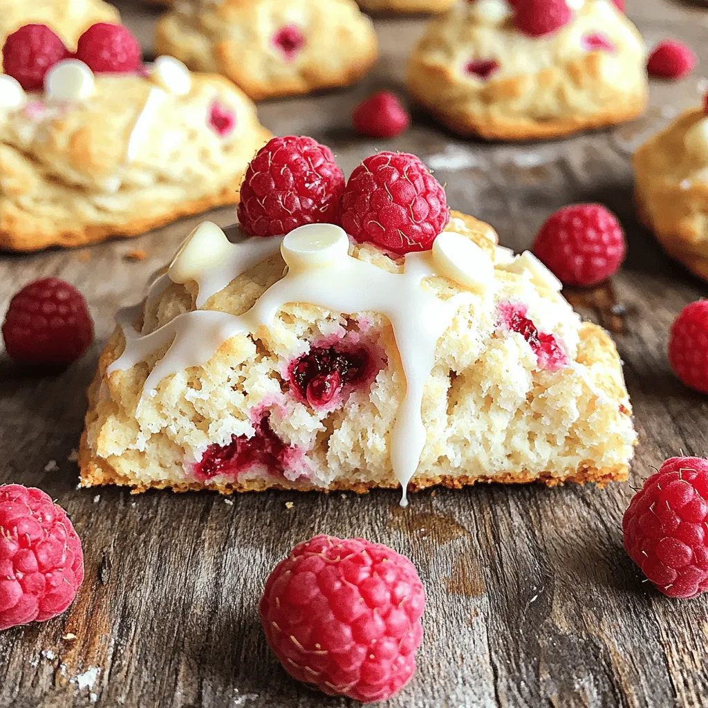 To make these delightful white chocolate raspberry scones, gather these simple ingredients: - 2 cups all-purpose flour - 1/2 cup granulated sugar - 2 teaspoons baking powder - 1/2 teaspoon salt - 1/4 cup cold unsalted butter, cubed - 1/2 cup heavy cream - 1 large egg - 1 teaspoon vanilla extract - 1 cup fresh raspberries - 1/2 cup white chocolate chips (plus extra for topping) - 1 tablespoon milk (for brushing) These ingredients create a rich and tasty scone. The white chocolate adds sweetness, while the raspberries bring a fresh burst of flavor. You can easily swap some ingredients if needed: - Flour: Use whole wheat flour for a nuttier taste. - Sugar: Coconut sugar works for a lower glycemic index. - Butter: Vegan butter or coconut oil can replace unsalted butter. - Cream: Substitute with buttermilk or a non-dairy milk for a lighter option. - Egg: Use a flax egg (1 tablespoon ground flaxseed mixed with 2.5 tablespoons water) for a vegan version. These swaps keep the scones delicious while fitting your dietary needs. Feel free to make these scones your own by adding extras: - Nuts: Chopped almonds or pecans add crunch. - Zest: Lemon or orange zest brightens the flavor. - Spices: A dash of cinnamon or nutmeg can enhance warmth. - Chocolate: Dark chocolate chips offer a richer taste. These add-ins personalize your scones and make them even more special. For the complete recipe, check out the [Full Recipe]. To make these delightful scones, first gather your ingredients. You will need flour, sugar, baking powder, salt, butter, cream, egg, vanilla, raspberries, and white chocolate chips. Start by preheating your oven to 425°F (220°C). Line a baking sheet with parchment paper. This ensures easy cleanup later. In a large bowl, whisk together the flour, sugar, baking powder, and salt. Then, add the cold butter. Use a pastry cutter or your fingers to mix until it looks like coarse crumbs. In another bowl, mix heavy cream, egg, and vanilla together. Pour this into the flour mixture and stir gently. Be careful not to overmix, or your scones may be tough. Next, fold in the raspberries and white chocolate chips. Turn the dough onto a floured surface. Shape it into a disc about one inch thick. Cut this disc into eight wedges, like cutting a pizza. Place them on the baking sheet, leaving space between each scone. Brush the tops with milk and add extra chocolate chips if you like. Bake for 15 to 20 minutes until golden brown. For fluffy scones, keep your ingredients cold, especially the butter. Don’t overwork the dough. This keeps the scones light. If you want a shiny top, brush with milk or egg wash before baking. Lastly, let them cool on a wire rack, so they firm up nicely. For the full recipe, refer to the complete instructions provided earlier. To make fluffy scones, use cold ingredients. Cold butter is key here. Cut it into small pieces before mixing. This helps create air pockets in the dough. Also, avoid overmixing. Mix until the dough just comes together. This keeps the scones light and airy. Lastly, bake them in a hot oven. A high temperature helps them rise quickly. Many home cooks make a few common mistakes. One mistake is using warm butter. Warm butter can lead to dense scones. Another mistake is overmixing the dough. This makes the scones tough instead of tender. Make sure to fold in the raspberries gently. If you crush them, the dough may turn pink and lose texture. Finally, watch the baking time closely. Check your scones a few minutes early. Serve your scones warm for the best taste. They pair perfectly with tea or coffee. For a special touch, drizzle melted white chocolate on top. Add some fresh raspberries on the side for color. You can also serve them with clotted cream or whipped cream. This adds a rich flavor and creamy texture. Enjoy them as a lovely afternoon treat or a tasty breakfast! For the full recipe, check the details above. {{image_2}} You can change the flavor of your scones easily. If you want a twist, try using blueberries or strawberries instead of raspberries. Both fruits add a sweet burst. You could also try dried fruits like cranberries. They give a nice chew and a different taste. Citrus zest, like lemon or orange, can brighten the scone, too. The options are endless, so have fun with your favorite fruits! Do you need gluten-free scones? It’s simple to adapt this recipe. Just swap the all-purpose flour for a gluten-free blend. Make sure to add a bit of xanthan gum for texture. You can also use almond flour for a nutty flavor. If you want a lighter scone, try using low-fat cream or yogurt instead of heavy cream. These changes keep your scones tasty without gluten. Toppings can make your scones even better. You can drizzle melted white chocolate over the top for extra sweetness. A sprinkle of powdered sugar adds a nice touch and looks great. If you want something fresh, serve your scones with whipped cream or a dollop of yogurt. You might consider a fruit compote for a fruity twist. Each topping brings a new layer of flavor. To keep your scones fresh, place them in an airtight container. This helps maintain their soft texture. Line the container with parchment paper to absorb moisture. Store at room temperature for up to two days. For longer freshness, consider refrigerating them. Just remember to let them come to room temperature before serving. Reheating scones brings back their warm, fresh taste. Preheat your oven to 350°F (175°C). Place the scones on a baking sheet. Heat them for about 5 to 10 minutes. This method keeps them soft and fluffy. You can also use a microwave if you’re in a hurry. Just warm them for 10-15 seconds. They may not be as crisp, but they'll still taste great! If you want to save scones for later, freezing is a great option. Wrap each scone tightly in plastic wrap. Then, place them in a freezer-safe bag. This keeps them fresh for up to three months. When you're ready to eat, thaw them in the fridge overnight. You can then reheat them in the oven for the best results. Enjoy these treats anytime with this simple storage process! You know scones are done when they turn golden brown. A toothpick should come out clean when you poke the center. Bake your scones at 425°F (220°C) for 15-20 minutes. Keep an eye on them as they bake. If they look golden and smell amazing, it’s time to take them out. Yes, you can use frozen raspberries! Just make sure to thaw and drain them first. This step keeps the dough from getting too wet. Frozen raspberries may be softer, so handle them gently when mixing. They add a nice burst of flavor, even if they are not fresh. You can serve these scones with many tasty treats. A cup of tea or coffee pairs nicely. You might also enjoy them with clotted cream or butter. For an extra touch, drizzle some melted white chocolate on top. Fresh raspberries on the side brighten the plate. Check out the Full Recipe for more ideas! In this blog post, I covered the essential ingredients for making scones, including substitutions and optional add-ins. You also learned step-by-step instructions for preparation and baking, along with helpful tips for perfect results. I shared ways to achieve fluffy scones, common mistakes to avoid, and tasty serving suggestions. Lastly, I provided variations for flavors and dietary needs, as well as storage tips. With this guide, you are ready to bake delicious scones. Enjoy experimenting with your favorite ingredients!