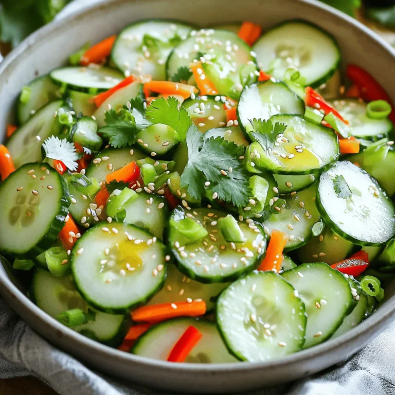 To make this crunchy slaw, gather these fresh ingredients: - 2 large cucumbers, thinly sliced - 1 medium carrot, julienned - 1 red bell pepper, finely sliced - 3 green onions, chopped - 1/4 cup fresh cilantro, chopped - 1/4 cup rice vinegar - 1 tablespoon honey or maple syrup - 1 tablespoon sesame oil - 1 teaspoon soy sauce - Salt and pepper to taste - Sesame seeds, for garnish These ingredients create a bright and refreshing dish. The cucumbers and carrots give a crisp texture, while the bell pepper adds color. The dressing blends sweet and savory flavors together. If you're missing some ingredients, here are easy swaps: - Use apple cider vinegar instead of rice vinegar for a tangy kick. - Swap honey for agave syrup if you need a vegan option. - Instead of sesame oil, try olive oil for a lighter taste. - If you don’t have fresh cilantro, parsley works well too. These substitutions can change the flavor but still keep the slaw tasty. Add these garnishes to elevate your slaw: - Chopped peanuts for crunch - A squeeze of lime juice for zest - Red pepper flakes for some heat - Extra cilantro or green onions for freshness These optional garnishes make the slaw more exciting. Feel free to mix and match to find what you love best. Want to dive deeper? Check the Full Recipe for more tips! Start by gathering your vegetables. You will need 2 large cucumbers, 1 medium carrot, 1 red bell pepper, and 3 green onions. Thinly slice the cucumbers. Julienne the carrot into thin strips. Finely slice the red bell pepper. Chop the green onions. Place all these vegetables in a large mixing bowl. This mix gives the slaw a colorful and crunchy base. Next, let’s make the dressing. In a small bowl, combine 1/4 cup of rice vinegar, 1 tablespoon of honey or maple syrup, 1 tablespoon of sesame oil, and 1 teaspoon of soy sauce. Whisk these ingredients together until they blend well. This dressing adds tang and sweetness to the slaw. Pour the dressing over the vegetable mixture. Make sure all the veggies get coated evenly. Add 1/4 cup of fresh cilantro, chopped. Season with salt and pepper to taste. Gently toss everything together until mixed well. Let the slaw sit for at least 10 minutes. This wait allows the flavors to meld. Just before serving, sprinkle sesame seeds on top. This adds a nice crunch. You can find the full recipe for more details. Cutting vegetables well makes your slaw look nice. Use a sharp knife for clean cuts. For cucumbers, slice them thinly. This helps them stay crunchy. When cutting carrots, julienne them into thin strips. A mandoline can help with even slices. Always keep your fingers tucked in. This keeps you safe while cutting. To boost the flavor of your slaw, let it sit. After mixing, rest it for 10 minutes. This helps the veggies absorb the dressing. Add lime juice for a zesty kick. If you like spice, try a pinch of chili flakes. Fresh herbs like cilantro or mint also add great taste. Cucumber slaw is a great side dish. It pairs well with grilled meats or fish. Try serving it with tacos for a fresh crunch. You can also use it in sandwiches. For a fun twist, top your burgers with the slaw. This adds flavor and brightness to every bite. {{image_2}} You can use many veggies for cucumber slaw. Try adding radishes for a spicy kick. Shredded cabbage offers a crunchy texture. You can also use zucchini or jicama for a fresh twist. Mix and match to find your favorite blend. Just remember, keep the cuts thin for the best crunch. The dressing can change the whole dish. Swap rice vinegar for lime juice for a zesty taste. Try adding a splash of chili oil for heat. Honey can be replaced with agave for a vegan option. Each change brings new flair to the slaw. Experiment until you find your perfect mix. Want a more filling dish? Add proteins like grilled chicken or shrimp. Tofu works great for a plant-based option. Chopped nuts can add crunch and protein too. These additions make the slaw a full meal. You can enjoy it as a light lunch or dinner side. For the full recipe, check out the details above. To keep your cucumber slaw fresh, store it in an airtight container. This helps keep moisture in and air out. I like to use glass containers since they don’t stain. Make sure to keep it in the fridge. When stored properly, cucumber slaw can last for about 3 to 4 days in the fridge. After that, it may start to lose its crunch. If you notice any browning or mushy veggies, it’s time to toss it. Freezing cucumber slaw is not a good idea. Cucumbers have high water content. When frozen, they become mushy when thawed. This will ruin the texture of your slaw. It’s best to enjoy it fresh. For the full recipe, check out the earlier sections. Yes, you can make Easy Cucumber Slaw ahead of time. It stays fresh for a few hours. If you want to prepare it even earlier, store the vegetables and dressing separately. Combine them just before serving. This keeps the slaw crunchy and tasty. Cucumbers are low in calories and high in water. They help keep you hydrated. They are also rich in vitamins K and C. Cucumbers can aid digestion and support heart health. Plus, they are great for skin health. Eating cucumbers can help you feel full too. To adjust the spice level, add more or less of the soy sauce. For extra heat, try adding a pinch of red pepper flakes. You can also mix in a dash of hot sauce to the dressing. Taste as you go to find your perfect balance. Cucumber slaw pairs well with grilled meats, tacos, and fish. It adds a nice crunch to sandwiches and wraps too. You can serve it alongside rice dishes or as a fresh topping for burgers. Its crispness complements rich flavors nicely. Easy cucumber slaw is fresh, tasty, and simple to make. We covered the right ingredients and creative swaps. You now know how to prepare veggies, make a delicious dressing, and mix flavors well. I shared helpful tips and fun ways to serve slaw with different veggies and proteins. Remember to store it right for maximum freshness. With all this knowledge, you can make cucumber slaw a hit at any meal. Enjoy your cooking!
