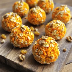 To make these tasty Vegan Carrot Cake Bites, gather the following items: - 2 cups grated carrots (about 3 medium carrots) - 1 cup rolled oats - 1 cup dates, pitted and soaked in warm water for 10 minutes - 1/2 cup walnuts, finely chopped - 1/4 cup maple syrup - 1 teaspoon vanilla extract - 1 teaspoon ground cinnamon - 1/2 teaspoon ground ginger - 1/4 teaspoon nutmeg - 1/4 teaspoon salt - 1/3 cup raisins (optional) Choosing fresh ingredients makes your bites taste great. Look for carrots that are firm and bright orange. Avoid any that feel soft or have dark spots. For dates, pick ones that are sticky but not dry. They should feel plump and fresh. When selecting walnuts, choose whole pieces instead of broken bits. This ensures you get the best texture in your bites. You can easily swap some ingredients if needed. For nuts, use sunflower seeds or pumpkin seeds instead of walnuts. If you need a nut-free option, this works well. To avoid gluten, use gluten-free oats. If you cannot have dates, try using pureed apples or mashed bananas for sweetness. These swaps keep the bites delicious and satisfying. First, gather all your ingredients. This makes cooking easier. You need: - 2 cups grated carrots (about 3 medium carrots) - 1 cup rolled oats - 1 cup dates, pitted and soaked in warm water for 10 minutes - 1/2 cup walnuts, finely chopped - 1/4 cup maple syrup - 1 teaspoon vanilla extract - 1 teaspoon ground cinnamon - 1/2 teaspoon ground ginger - 1/4 teaspoon nutmeg - 1/4 teaspoon salt - 1/3 cup raisins (optional) Grate the carrots finely. This helps them blend well. Soak the dates in warm water. This makes them soft and easy to mix. In a food processor, blend the soaked dates until smooth. If the mixture is too thick, add a bit of soaking water. This makes a creamy paste. In a large mixing bowl, add the grated carrots, rolled oats, and chopped walnuts. Then, pour in the maple syrup and vanilla extract. Sprinkle in the ground cinnamon, ginger, nutmeg, and salt. Mix these well. Now, add the date mixture to the bowl. Stir until everything combines nicely. If you want, fold in the raisins. They add a sweet touch. Using your hands, take small amounts of the mixture. Shape them into small balls about 1 inch in diameter. This helps create bite-sized treats. Place each ball on a parchment-lined baking sheet. Spread them out to prevent sticking. Finally, refrigerate the bites for at least 1 hour. This makes them firm and ready to eat. You can enjoy these treats plain or roll them in coconut or walnuts for extra crunch. For the full recipe, check the details above. Store your Vegan Carrot Cake Bites in an airtight container. Keep them in the fridge. They stay fresh for up to one week. If you want to keep them longer, consider freezing them. Place them in a freezer-safe container and layer with parchment paper. They can last for up to three months in the freezer. These bites are great as snacks or dessert. Serve them with fresh fruit or a scoop of dairy-free yogurt. You can also pair them with a nut butter for extra flavor. Try stacking them on a plate for a fun presentation. Add a sprinkle of cinnamon on top for a nice touch. Want to boost the flavor? Add a pinch of sea salt to your mix. You can also mix in some citrus zest. Orange or lemon zest works well. For a crunchy texture, consider adding seeds like pumpkin or sunflower. Rolling the bites in coconut adds a nice chewiness. Experiment with spices too, like cardamom or allspice. These small changes can make a big impact on taste. For the full recipe, check the details above. {{image_2}} You can swap sweeteners to match your taste. Instead of maple syrup, try agave nectar or brown rice syrup. Each option adds its unique flavor. You can also use coconut sugar for a deeper taste. Remember, the sweetness level can change with each sweetener. Adjust the amount based on your choice. Want to make these bites even better? Add superfoods or protein! Chia seeds or ground flaxseeds work well. They boost nutrition and fiber. You can also mix in plant-based protein powder. This gives you energy and keeps you full longer. Just mix in a scoop when combining your ingredients. Seasonal flavors make these bites special. In fall, try adding pumpkin spice for a cozy taste. You can even fold in chopped apples or pears for a fruity twist. In spring, add citrus zest like lemon or orange. This brightens the flavor and makes it fresh. Get creative and use what you love! For the full recipe, visit my detailed guide on Vegan Carrot Cake Bites. Keep your vegan carrot cake bites in an airtight container. This helps prevent them from drying out. Place a piece of parchment paper between layers if stacking. Store them in the fridge for the best taste. They will stay fresh and tasty this way. You can freeze the bites to enjoy later. First, place them on a baking sheet in a single layer. Freeze for about an hour. Once firm, transfer them to a freezer-safe bag or container. Remove as much air as possible. They will keep well for up to three months. In the fridge, these bites last about a week. If you freeze them, they can last for up to three months. Always check for signs of spoilage, like a change in smell or texture, before eating. Enjoy them fresh for the best flavor! To make these bites gluten-free, use gluten-free oats. Regular oats may contain gluten. Always check labels to ensure they meet your needs. You can also add gluten-free flour if you want a different texture. This keeps the bites safe for those with gluten allergies. They will still taste amazing and hold together well. Yes, you can swap dates for other dried fruits. Try using figs or apricots for a twist. These fruits add natural sweetness and moisture, just like dates. But remember, the taste will change a bit. Soak these fruits in warm water first to soften them. This helps blend them smoothly into the mix. You can find pre-made vegan carrot cake bites in health food stores. Many grocery stores now offer vegan snacks too. Look in the refrigerated section or the snack aisle. Online retailers also sell these bites. Just search for vegan carrot cake bites to find options. Always check the ingredients to ensure they fit your diet. For a homemade version, check out the Full Recipe above! In this post, we explored how to make vegan carrot cake bites. We covered ingredient selection, preparation steps, and tips for flavor. I shared storage tips and variations for your bites. You now have ideas for sweeteners and superfoods. These bites are easy to customize and store. Enjoy creating your own delicious treats!