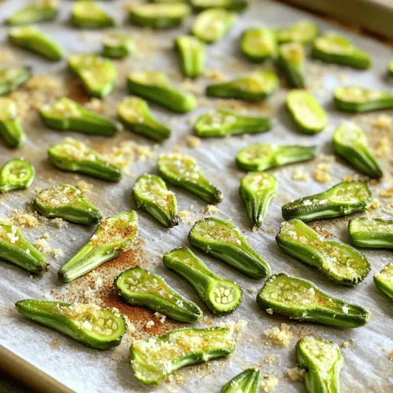 To make crispy garlic okra chips, you need one pound of fresh okra. Choose small, firm pods for the best texture. Wash and dry them thoroughly before cutting. This step is key to making your chips crispy. The magic of flavor comes from spices. You’ll need: - 2 tablespoons olive oil - 1 teaspoon garlic powder - 1 teaspoon smoked paprika - 1/2 teaspoon cumin - 1/2 teaspoon salt - 1/4 teaspoon black pepper - 1/4 teaspoon cayenne pepper (optional, for heat) These spices blend well with the okra. The garlic powder gives it a nice kick, while smoked paprika adds depth. Adjust the spice levels to fit your taste. For a cheesy twist, consider adding: - 2 tablespoons grated Parmesan cheese This step is optional, but it adds a wonderful flavor. You can also experiment with other cheeses if you like. Each ingredient brings a unique taste, making these chips fun to customize. For the full recipe, check out the details above. Start by preheating your oven to 425°F (220°C). This high heat helps create the crunch. Line a baking sheet with parchment paper. This will make cleanup easy and keep the chips from sticking. Next, take your fresh okra. Trim the ends off each piece. Cut the okra into halves or thirds, based on how big you want your chips to be. Make sure each piece is about the same size. This helps them cook evenly. In a large bowl, pour in 2 tablespoons of olive oil. Add 1 teaspoon of garlic powder, 1 teaspoon of smoked paprika, and 1/2 teaspoon each of cumin, salt, and black pepper. If you want some heat, toss in 1/4 teaspoon of cayenne pepper. Mix well until it forms a thick paste. Now, add the cut okra to the spice mix. Toss it all together until every piece is coated with the spice blend. This gives your chips a great flavor. Spread the coated okra evenly on the baking sheet. Make sure they are not crowded. Bake them in the oven for 20 to 25 minutes. Flip the okra chips halfway through to ensure they get crispy on both sides. Watch them closely in the last few minutes to avoid burning. If you like cheese, sprinkle 2 tablespoons of grated Parmesan cheese over the chips in the last five minutes of baking. When they are done, let the chips cool slightly before enjoying them. For the full recipe, refer to the instructions above. To make your okra chips super crispy, start with fresh okra. Dry the okra well after washing. If it’s wet, the chips won’t crisp up. Cut the okra into even pieces. This helps them cook at the same rate. Spread them in a single layer on the baking sheet. If they touch, they will steam instead of crisp. Bake them at 425°F (220°C). Keep an eye on them in the last few minutes. This way, you can catch any burning. To boost flavor, use garlic powder and smoked paprika. They add depth and warmth. You can also try cayenne pepper for some heat. For a cheesy twist, sprinkle grated Parmesan cheese on top. Add it during the last five minutes of baking. This makes the chips even more special. You can also mix in some dried herbs like oregano or thyme for a fresh touch. Avoid overcrowding your baking sheet. Chips need space to get crispy. Don't skip drying the okra. Wet okra leads to soggy chips. Be careful with the baking time. Check them often as they bake. It’s easy to burn them in the last moments. Lastly, don’t skip the flipping. Turning them halfway through helps with even cooking. For the full recipe, refer to the detailed instructions above. {{image_2}} For those who enjoy a kick, add heat to your okra chips. Mix in extra cayenne pepper or red pepper flakes to the spice blend. You can also add a splash of hot sauce for more flavor. This will give your chips a bold, spicy taste. Adjust the heat level to fit your taste. If you really love spice, try using fresh jalapeños! If you crave cheese, you can easily turn your okra chips cheesy. Just add grated Parmesan cheese to the spice mix. This adds a rich flavor that pairs well with garlic. You can also try other cheeses like cheddar or nutritional yeast for a vegan option. Sprinkle the cheese on top of your okra during the last few minutes of baking. This gives the cheese time to melt and become deliciously gooey. To create a fresh herb flavor, add dried herbs to your spice mix. Oregano, thyme, or rosemary work great. You can also use fresh herbs if you have them! Chop them finely and toss them with the okra for a bright taste. This variation is perfect for those who love garden flavors. It is a great way to enjoy okra while adding a unique twist. For the full recipe of the basic crispy garlic okra chips, follow the steps I shared earlier. Enjoy experimenting with these fun variations! After you make your crispy garlic okra chips, let them cool completely. This step helps keep them crunchy. Store them in an airtight container to keep moisture out. If you don’t have one, use a resealable plastic bag. You can keep them in the fridge for up to three days. However, they may lose their crispiness over time. I recommend eating them fresh for the best taste. To bring back the crunch, you can reheat your okra chips. Preheat your oven to 350°F (175°C). Spread the leftover chips in a single layer on a baking sheet. Bake for about 5 to 10 minutes. This method helps restore the crispy texture. You can also use an air fryer. Set it to 350°F (175°C) and heat for 3 to 5 minutes. This method works wonders! If you want to save your crispy garlic okra chips for a longer time, freezing is a great option. First, let them cool completely. Then, layer them in a single layer on a baking sheet and freeze for about an hour. Once frozen, transfer the chips to a freezer bag. They will stay fresh for up to three months. When ready to eat, bake them directly from the freezer for a quick snack. Enjoy this tasty treat anytime! For a full recipe, check out the Crispy Garlic Okra Chips section. To make okra chips extra crispy, keep these tips in mind: - Dry the okra well: Water can make them soggy. - Use a high oven temperature: Baking at 425°F helps them crisp up. - Spread them out: Make sure they’re in a single layer on the baking sheet. - Flip halfway through: This helps both sides cook evenly. These steps will give you deliciously crispy okra chips every time. You can use frozen okra, but you need to thaw and dry it first. Frozen okra often has more moisture. You can pat it dry with paper towels. This step helps the chips stay crisp. Just remember that fresh okra will have a better texture overall. You can find ready-made crispy garlic okra chips in health food stores or online. Look in the snack aisle or natural food section. Some brands sell them at local grocery stores too. Check your favorite online retailers for a wider selection. Okra chips pair well with many dips and snacks. Here are a few ideas: - Hummus: The creamy texture complements the crunch. - Salsa: A fresh tomato salsa adds a zesty flavor. - Ranch dressing: This classic dip works great. - Guacamole: The rich taste of guacamole balances the crunch. These pairings will elevate your snack time. Yes, okra chips are a healthy snack choice! They are low in calories and high in fiber. Okra also provides vitamins A and C. When you bake instead of fry, you cut down on added fats. Just watch the salt and seasoning you use. Enjoy these chips guilt-free as a tasty snack! Okra chips are a tasty and fun snack. We covered fresh okra, spices, and seasonings. You now know how to prepare, bake, and store these chips. By using tips for crispiness and flavor, you can avoid common mistakes. Explore variations for extra taste. Enjoy your crunchy okra chips, and share your favorites with friends!