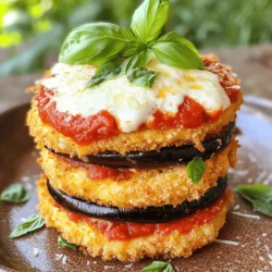 To make Eggplant Parmesan Stacks, you need some key ingredients. Here’s what you will use: - 2 medium eggplants, sliced into 1/2-inch thick rounds - 1 cup all-purpose flour - 3 large eggs, beaten - 2 cups breadcrumbs, preferably panko for extra crunch - 3 cups marinara sauce - 2 cups shredded mozzarella cheese - 1 cup grated Parmesan cheese - 1 tablespoon dried oregano - 1 teaspoon garlic powder - Fresh basil leaves for garnish - Salt and pepper to taste - Olive oil for frying These ingredients come together to create a tasty and satisfying dish. The eggplant serves as the star, while the cheese and sauce add richness and flavor. When choosing ingredients, quality matters. Here are some brands I trust for the best results: - Eggplant: Look for fresh, firm eggplants with smooth skin. Local farmers' markets often have great options. - Breadcrumbs: I recommend using Panko from brands like Kikkoman or Progresso. They provide a great crunch. - Cheese: For mozzarella, brands like Galbani or Sargento are excellent choices. For Parmesan, try Kraft or BelGioioso. - Marinara Sauce: Rao’s or Classico offer rich flavors that complement the dish well. Using these brands can enhance the overall taste of your Eggplant Parmesan Stacks. If you have dietary restrictions or preferences, you can still enjoy this dish. Here are some substitutions: - Gluten-Free: Use gluten-free breadcrumbs and flour. They work just as well. - Dairy-Free: Substitute mozzarella and Parmesan with vegan cheese alternatives like Daiya or Violife. - Egg-Free: For a vegan option, replace eggs with a mixture of ground flaxseed and water. Use 1 tablespoon flaxseed mixed with 2.5 tablespoons water for each egg. These swaps ensure everyone can enjoy a delicious serving of Eggplant Parmesan Stacks. For the full recipe, check out the complete instructions provided in this article. To start, slice your eggplants into 1/2-inch thick rounds. This size gives you a nice bite. Next, sprinkle salt on both sides of the slices. The salt pulls out moisture and bitterness. Let them sit for about 30 minutes. Afterward, rinse the slices and pat them dry with paper towels. This step is key for a crisp texture. Now, let's set up our breading station. Use three shallow dishes. In the first dish, add 1 cup of flour. In the second dish, beat 3 large eggs. The third dish will hold 2 cups of breadcrumbs mixed with 1 tablespoon of dried oregano, 1 teaspoon of garlic powder, salt, and pepper. This mix adds flavor to our eggplant. Heat olive oil in a large skillet over medium heat. Once the oil is hot, dredge each eggplant slice in flour. Then dip it into the beaten eggs. Finally, coat it with the breadcrumb mix. Fry the slices in batches for about 3-4 minutes per side until they turn golden brown. Place them on a paper towel-lined plate to drain excess oil. Now, grab a baking dish. Spread a layer of marinara sauce on the bottom. Next, place a layer of fried eggplant slices. Sprinkle mozzarella and Parmesan cheese over the top. Repeat these layers until you use all ingredients. Finish with a final layer of sauce and cheese on top. Preheat your oven to 375°F (190°C). Cover the baking dish with aluminum foil and bake for 25 minutes. Then, remove the foil and bake for an additional 15 minutes. This helps the cheese bubble and turn golden. Once done, let it sit for about 10 minutes. Garnish with fresh basil leaves before slicing into stacks for serving. Enjoy this flavorful family dinner treat! For more details, check out the Full Recipe. To get great eggplant, start by salting the slices. This step draws out moisture and bitterness. Let them sit for 30 minutes. Rinse and pat dry with towels. Use a three-step breading process. First, coat the eggplant in flour. Then, dip it into beaten eggs. Finally, cover it in breadcrumbs mixed with herbs. This method gives you a crispy outside after frying. You can make your Eggplant Parmesan Stacks shine with herbs and spices. Add dried oregano and garlic powder to your breadcrumb mix. These flavors pair well with the cheese and sauce. Fresh basil is great too. Use it as a garnish. It adds a pop of color and fresh taste. Don’t forget to season with salt and pepper for balance. Serve your stacks on a nice plate. A side salad can add freshness. Drizzle more marinara sauce on top for extra flavor. You can also layer the stacks. This makes for an eye-catching dish. For a fun twist, add a sprinkle of red pepper flakes for heat. Enjoy this family meal with your loved ones. Your Eggplant Parmesan Stacks will impress everyone! For the full recipe, check out the instructions above. {{image_2}} You can make eggplant Parmesan stacks gluten-free. Simply swap out the all-purpose flour and breadcrumbs. Use a gluten-free flour blend and gluten-free breadcrumbs. You can find these at most grocery stores. This change keeps the dish safe for those with gluten allergies. It still tastes great! To make vegan eggplant Parmesan stacks, replace the eggs and cheeses. Use a plant-based egg substitute like flaxseed meal or applesauce for breading. For cheese, try nut-based cheeses or store-bought vegan mozzarella. These options melt well and add flavor. This way, everyone can enjoy the dish. Cheese can change the flavor of your eggplant stacks. If you want a twist, try different cheeses. Instead of mozzarella, use provolone for a richer taste. Goat cheese adds a tangy flavor, while ricotta brings creaminess. Mixing cheeses can create a unique taste. Experiment with what you like best! For the full recipe, check out the ingredients and instructions above. To keep your Eggplant Parmesan Stacks fresh, first, let them cool. Once cooled, place them in an airtight container. Make sure to separate the layers with parchment paper. This way, they won’t stick together. Store the container in the fridge. Your leftovers will last about 3 to 4 days. When you’re ready to enjoy your leftovers, preheat your oven to 350°F (175°C). Place the stacks in an oven-safe dish. Cover it with foil to keep moisture in. Heat for about 15-20 minutes or until warmed through. This method keeps the cheese gooey and the eggplant tender. You can also microwave individual stacks for 1-2 minutes. However, the oven gives a better texture. Freezing Eggplant Parmesan Stacks is easy. First, let them cool completely. Then, wrap each stack in plastic wrap. Next, place them in a freezer-safe bag or container. Remove as much air as possible. They can stay in the freezer for up to 3 months. When you're ready to eat, thaw in the fridge overnight before reheating. For quick meals, you can bake them straight from the freezer, but add a few extra minutes to the cooking time. Enjoy your tasty stacks anytime! To cut eggplant well, start with a sharp knife. First, slice off both ends. Then, cut the eggplant into 1/2-inch rounds. Make sure each slice is even. This helps them cook evenly. You can also peel it if you prefer a milder taste. Remember, smaller rounds may cook faster. Yes, you can make Eggplant Parmesan Stacks ahead! Prepare the eggplant and layer the stacks. Cover them and store in the fridge for up to two days. When ready to eat, just bake them. This makes dinner easy and stress-free! Eggplant Parmesan Stacks go well with many sides. Try a fresh green salad or some garlic bread. You can also pair it with a light pasta. For a heartier meal, serve it with roasted veggies or a side of quinoa. Eggplant Parmesan Stacks can be healthy! They are packed with nutrients from eggplant and tomatoes. You can make them even better by baking instead of frying. Use less cheese or whole grain breadcrumbs for added fiber. Enjoying them in moderation keeps them a tasty option. To spice up your Eggplant Parmesan Stacks, add crushed red pepper flakes. You can mix these into the marinara sauce. Another option is to use pepper jack cheese instead of mozzarella. For more heat, sprinkle some cayenne pepper on the eggplant slices before frying. For the full recipe, check the Eggplant Parmesan Stacks section. Eggplant Parmesan stacks are easy to make, tasty, and versatile. We discussed essential ingredients, step-by-step cooking, and helpful tips. You can adapt the recipe for gluten-free or vegan diets. Store leftovers and reheat them with care. Cooking at home can save money and bring joy. Enjoy creating your own stacks. With these ideas, your meals will shine. Embrace creativity and share this dish with loved ones. Trust me, they'll love it!