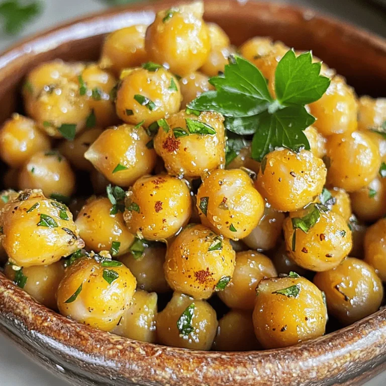 - 2 cans chickpeas (15 oz each), drained and rinsed - 3 tablespoons olive oil - 4 cloves garlic, minced - 1 teaspoon dried oregano - 1 teaspoon dried thyme - 1 teaspoon smoked paprika - 1/2 teaspoon salt - 1/4 teaspoon black pepper - Fresh parsley, chopped To make Garlic Herb Roasted Chickpeas, you need a few simple ingredients. Start with chickpeas. I use two cans of chickpeas, each 15 ounces. Drain and rinse them well to remove extra salt. The next key item is olive oil. You will need three tablespoons. It helps the chickpeas get crispy and adds flavor. Garlic is a must for this recipe. I use four cloves of minced garlic. It gives a nice kick to the dish. For the herbs, I choose dried oregano and dried thyme, each needing one teaspoon. They add depth to the flavor. Smoked paprika is important too; it gives a smoky taste. You will use one teaspoon of that. Lastly, add salt and black pepper to taste. Use 1/2 teaspoon of salt and 1/4 teaspoon of pepper. For a pop of color and freshness, I like to sprinkle chopped fresh parsley on top as a garnish. It makes the dish look great and adds a fresh taste. You can find the full recipe in the article to help you make this tasty snack. Enjoy the process and the wonderful aroma that fills your kitchen! - Step 1: Preheat your oven to 400°F (200°C). This helps the chickpeas cook evenly. - Step 2: Dry the chickpeas. After draining, place them on a towel. Pat them dry. The drier they are, the crispier they will become. - Step 3: In a large bowl, combine the chickpeas with olive oil, minced garlic, and spices. Add oregano, thyme, paprika, salt, and pepper. - Step 4: Mix well. Make sure all chickpeas get coated with the seasoning. This step is key for great flavor. - Step 5: Spread the chickpeas in a single layer on a baking sheet. Use parchment paper for easy cleanup. - Step 6: Roast in the oven for 25-30 minutes. Stir them halfway through cooking. Watch them closely near the end to avoid burning. For the full recipe, check out the detailed steps above. Enjoy your crunchy snack! To make your Garlic Herb Roasted Chickpeas super crispy, drying them well is key. After you rinse the chickpeas, spread them on a towel. Pat them dry until no moisture remains. This helps them roast better. The drier they are, the crunchier they’ll become. Roasting them at 400°F (200°C) for 25-30 minutes works best. Stir halfway through to ensure even cooking. Keep an eye on them in the last few minutes to avoid burning. You can boost the flavor of your roasted chickpeas easily. Try adding spices like cumin or chili powder for a kick. Mixing in a bit of lemon zest adds a fresh taste. Adjust the seasoning based on your preference. If you like it spicy, add more black pepper or cayenne. For a sweeter note, consider a pinch of cinnamon. Play around until you find your favorite mix! These chickpeas make a great snack on their own. You can also use them as a crunchy topping on salads or soups. They pair well with dips like hummus or yogurt sauce. For a fun twist, toss them into your favorite grain bowls for added texture. You can serve them warm or at room temperature. Enjoy them as a healthy, flavorful treat! Check the Full Recipe for all the steps and details. {{image_2}} You can change the taste of garlic herb roasted chickpeas by using different herbs. Try basil, rosemary, or even dill for a fresh twist. If you like some heat, add cayenne or chili powder. A little spice can make your snack exciting and bold. These chickpeas are gluten-free and vegan, making them great for many diets. If you want to lower sodium, use less salt or try a salt-free seasoning blend. This way, you can enjoy a healthy snack without losing flavor. Think about what herbs are fresh in each season. In spring, try adding fresh chives or mint. In winter, you can use dried herbs like thyme or sage. Fresh herbs can bring out new flavors, while dried ones add a warm touch. Using what's in season helps keep your snacks vibrant and tasty. After enjoying your Garlic Herb Roasted Chickpeas, store any leftovers in an airtight container. Glass jars or plastic containers work well. Keep them at room temperature for up to two days. If you want to store them longer, place them in the fridge. They can last up to a week, but they may lose some crunch. To bring back that delightful crunch, preheat your oven to 375°F (190°C). Spread the leftover chickpeas on a baking sheet in a single layer. Bake for about 5-10 minutes. Watch them closely to avoid burning. This method helps them regain their crispiness. Avoid microwaving them, as they may become chewy instead. If you want to freeze your chickpeas, start by cooling them completely. Spread them out on a baking sheet in a single layer. Freeze them for about an hour. Once frozen, transfer them to a freezer bag. Remove as much air as possible before sealing. They can last up to three months in the freezer. To use, thaw them in the fridge overnight. Recrisp them in the oven as explained above. Enjoy the full recipe for more fun ideas! Garlic Herb Roasted Chickpeas last about 3 to 4 days at room temperature. Store them in an airtight container to keep them fresh. If they get soft, you can re-roast them for a few minutes to regain their crunch. Yes, you can use dried chickpeas! Just soak them overnight and cook them until tender. This will take more time than canned chickpeas, but the flavor is great. After cooking, follow the same steps as in the recipe for seasoning and roasting. If you don’t have smoked paprika, try using regular paprika. You can also add a pinch of cayenne pepper for a bit of heat. This will give you a different flavor but will still taste delicious. Yes, Garlic Herb Roasted Chickpeas are healthy! They are high in protein and fiber. They make a great snack or topping for salads. Plus, you control the ingredients, so you can keep it light and healthy. To make your chickpeas extra crispy, make sure to dry them well before roasting. Use a clean kitchen towel or paper towels to absorb moisture. Also, spread them in a single layer on the baking sheet. Stir them halfway through roasting for even crispness. Garlic herb roasted chickpeas are simple to make and full of flavor. Use canned chickpeas, olive oil, garlic, and spices. Follow the steps for roasting and enjoy crunchy snacks. Remember, drying chickpeas is key to crispiness. Feel free to customize with herbs or spices you love. Store leftovers wisely to keep them fresh. Experiment with new flavors and enjoy fun serving ideas. With these tips, you can create your best chickpea dish yet!