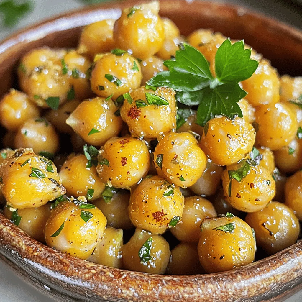 - 2 cans chickpeas (15 oz each), drained and rinsed - 3 tablespoons olive oil - 4 cloves garlic, minced - 1 teaspoon dried oregano - 1 teaspoon dried thyme - 1 teaspoon smoked paprika - 1/2 teaspoon salt - 1/4 teaspoon black pepper - Fresh parsley, chopped To make Garlic Herb Roasted Chickpeas, you need a few simple ingredients. Start with chickpeas. I use two cans of chickpeas, each 15 ounces. Drain and rinse them well to remove extra salt. The next key item is olive oil. You will need three tablespoons. It helps the chickpeas get crispy and adds flavor. Garlic is a must for this recipe. I use four cloves of minced garlic. It gives a nice kick to the dish. For the herbs, I choose dried oregano and dried thyme, each needing one teaspoon. They add depth to the flavor. Smoked paprika is important too; it gives a smoky taste. You will use one teaspoon of that. Lastly, add salt and black pepper to taste. Use 1/2 teaspoon of salt and 1/4 teaspoon of pepper. For a pop of color and freshness, I like to sprinkle chopped fresh parsley on top as a garnish. It makes the dish look great and adds a fresh taste. You can find the full recipe in the article to help you make this tasty snack. Enjoy the process and the wonderful aroma that fills your kitchen! - Step 1: Preheat your oven to 400°F (200°C). This helps the chickpeas cook evenly. - Step 2: Dry the chickpeas. After draining, place them on a towel. Pat them dry. The drier they are, the crispier they will become. - Step 3: In a large bowl, combine the chickpeas with olive oil, minced garlic, and spices. Add oregano, thyme, paprika, salt, and pepper. - Step 4: Mix well. Make sure all chickpeas get coated with the seasoning. This step is key for great flavor. - Step 5: Spread the chickpeas in a single layer on a baking sheet. Use parchment paper for easy cleanup. - Step 6: Roast in the oven for 25-30 minutes. Stir them halfway through cooking. Watch them closely near the end to avoid burning. For the full recipe, check out the detailed steps above. Enjoy your crunchy snack! To make your Garlic Herb Roasted Chickpeas super crispy, drying them well is key. After you rinse the chickpeas, spread them on a towel. Pat them dry until no moisture remains. This helps them roast better. The drier they are, the crunchier they’ll become. Roasting them at 400°F (200°C) for 25-30 minutes works best. Stir halfway through to ensure even cooking. Keep an eye on them in the last few minutes to avoid burning. You can boost the flavor of your roasted chickpeas easily. Try adding spices like cumin or chili powder for a kick. Mixing in a bit of lemon zest adds a fresh taste. Adjust the seasoning based on your preference. If you like it spicy, add more black pepper or cayenne. For a sweeter note, consider a pinch of cinnamon. Play around until you find your favorite mix! These chickpeas make a great snack on their own. You can also use them as a crunchy topping on salads or soups. They pair well with dips like hummus or yogurt sauce. For a fun twist, toss them into your favorite grain bowls for added texture. You can serve them warm or at room temperature. Enjoy them as a healthy, flavorful treat! Check the Full Recipe for all the steps and details. {{image_2}} You can change the taste of garlic herb roasted chickpeas by using different herbs. Try basil, rosemary, or even dill for a fresh twist. If you like some heat, add cayenne or chili powder. A little spice can make your snack exciting and bold. These chickpeas are gluten-free and vegan, making them great for many diets. If you want to lower sodium, use less salt or try a salt-free seasoning blend. This way, you can enjoy a healthy snack without losing flavor. Think about what herbs are fresh in each season. In spring, try adding fresh chives or mint. In winter, you can use dried herbs like thyme or sage. Fresh herbs can bring out new flavors, while dried ones add a warm touch. Using what's in season helps keep your snacks vibrant and tasty. After enjoying your Garlic Herb Roasted Chickpeas, store any leftovers in an airtight container. Glass jars or plastic containers work well. Keep them at room temperature for up to two days. If you want to store them longer, place them in the fridge. They can last up to a week, but they may lose some crunch. To bring back that delightful crunch, preheat your oven to 375°F (190°C). Spread the leftover chickpeas on a baking sheet in a single layer. Bake for about 5-10 minutes. Watch them closely to avoid burning. This method helps them regain their crispiness. Avoid microwaving them, as they may become chewy instead. If you want to freeze your chickpeas, start by cooling them completely. Spread them out on a baking sheet in a single layer. Freeze them for about an hour. Once frozen, transfer them to a freezer bag. Remove as much air as possible before sealing. They can last up to three months in the freezer. To use, thaw them in the fridge overnight. Recrisp them in the oven as explained above. Enjoy the full recipe for more fun ideas! Garlic Herb Roasted Chickpeas last about 3 to 4 days at room temperature. Store them in an airtight container to keep them fresh. If they get soft, you can re-roast them for a few minutes to regain their crunch. Yes, you can use dried chickpeas! Just soak them overnight and cook them until tender. This will take more time than canned chickpeas, but the flavor is great. After cooking, follow the same steps as in the recipe for seasoning and roasting. If you don’t have smoked paprika, try using regular paprika. You can also add a pinch of cayenne pepper for a bit of heat. This will give you a different flavor but will still taste delicious. Yes, Garlic Herb Roasted Chickpeas are healthy! They are high in protein and fiber. They make a great snack or topping for salads. Plus, you control the ingredients, so you can keep it light and healthy. To make your chickpeas extra crispy, make sure to dry them well before roasting. Use a clean kitchen towel or paper towels to absorb moisture. Also, spread them in a single layer on the baking sheet. Stir them halfway through roasting for even crispness. Garlic herb roasted chickpeas are simple to make and full of flavor. Use canned chickpeas, olive oil, garlic, and spices. Follow the steps for roasting and enjoy crunchy snacks. Remember, drying chickpeas is key to crispiness. Feel free to customize with herbs or spices you love. Store leftovers wisely to keep them fresh. Experiment with new flavors and enjoy fun serving ideas. With these tips, you can create your best chickpea dish yet!