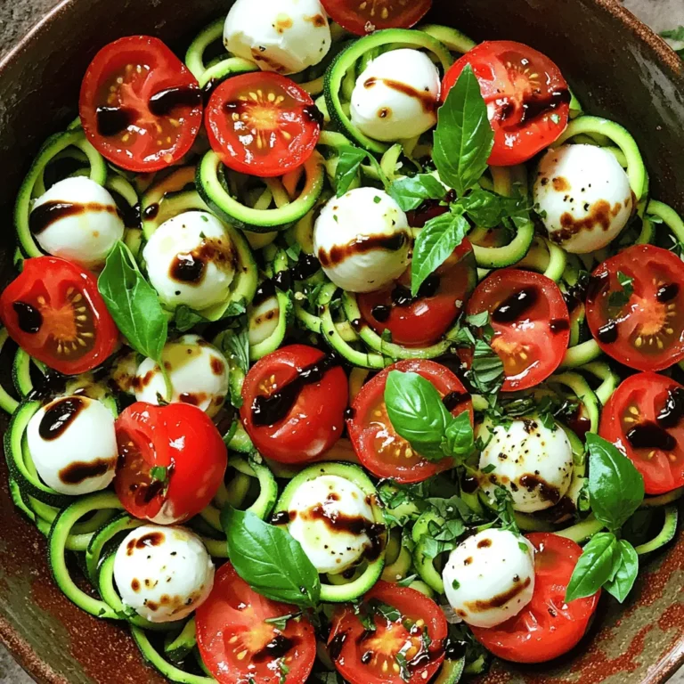 - 2 medium zucchinis, spiralized - 1 cup cherry tomatoes, halved - 1 cup fresh mozzarella balls (bocconcini) - 1/4 cup fresh basil leaves, torn - 2 tablespoons balsamic glaze - 2 tablespoons olive oil - 1 clove garlic, minced (optional) - Salt and pepper to taste When I make Zucchini Noodle Caprese Salad, I love how fresh it tastes. The spiralized zucchinis serve as a light base. They mimic pasta, making this salad fun and healthy. I choose firm, medium zucchinis for the best texture. I then add sweet, juicy cherry tomatoes. Halving them helps release their flavor and juices. The fresh mozzarella balls, also known as bocconcini, add creaminess. I always go for high-quality mozzarella to elevate the dish. Next, I toss in torn fresh basil leaves. Their aromatic flavor truly shines in this salad. For the dressing, I mix balsamic glaze and olive oil in a small bowl. This combination adds a sweet and tangy kick. If you love garlic, you can add minced garlic for extra depth. Finally, I season with salt and pepper to taste. This simple yet vibrant combination makes the salad shine. For the full recipe, refer to the section above. To start, spiralize the zucchinis. This makes them look like noodles. If you don’t have a spiralizer, you can use a vegetable peeler to create thin ribbons. Once you have your zucchini noodles, place them in a large mixing bowl. Next, add the halved cherry tomatoes and fresh mozzarella balls. These ingredients blend well together and create a colorful salad. Now it’s time to make the dressing. In a small bowl, whisk together balsamic glaze and olive oil. This combination adds a rich flavor. If you like garlic, you can add minced garlic to the mix. This step is optional, but it gives a nice kick to the dressing. Drizzle the dressing over the salad mixture. Season with salt and pepper to taste. Gently toss the salad until everything is well mixed. Finally, sprinkle the torn basil leaves on top. Toss it again to incorporate the basil. For serving, use a large bowl. You can garnish with extra basil leaves and a drizzle of balsamic glaze for a beautiful touch. Enjoy your fresh Zucchini Noodle Caprese Salad! For the Full Recipe, check the recipe section above. - Choosing ripe cherry tomatoes: Look for bright, firm tomatoes. They should feel heavy for their size. Ripe tomatoes add sweetness and color to your salad. - Freshness of basil and mozzarella: Fresh basil should be vibrant and fragrant. For mozzarella, choose soft balls for the best flavor. Freshness enhances taste and quality. - Alternative methods: If you don’t have a spiralizer, use a vegetable peeler. Simply peel long strips for a noodle effect. You can also use a box grater for thin strands. - Tips for perfect zucchini noodles: Choose medium-sized zucchinis. They are easier to spiralize. Avoid overcooking the noodles. You want them crisp and fresh. - Adding spices or seasonal ingredients: Consider adding a pinch of red pepper flakes for heat. Fresh herbs like parsley or oregano can also enhance your salad. - Ways to personalize your salad: Mix in olives or nuts for texture. You can add diced avocados for creaminess. Experiment with different cheeses like feta or goat cheese for unique flavors. For the complete recipe, check out the [Full Recipe]. {{image_2}} You can swap mozzarella for feta or goat cheese. Feta adds a salty kick. Goat cheese gives a creamy texture. Both options bring new flavors to the salad. If you're dairy-free, try nut-based cheese. These alternatives can taste great and are often creamy. They keep the dish fresh and tasty. Feel free to add avocado or nuts. Avocado makes the salad creamy. Nuts add a nice crunch. You can also mix in protein like chicken or shrimp. This makes the dish more filling. Adding protein turns a side salad into a meal. Change the dressing for a new flavor. A lemon vinaigrette can brighten the salad. You can also play with herbs. Try adding oregano or thyme for a twist. Fresh herbs really enhance the taste. Don’t be afraid to experiment and find your favorite mix. For the full recipe, check out the Zucchini Noodle Caprese Salad recipe! To keep your Zucchini Noodle Caprese Salad fresh, store it in the fridge. Use an airtight container. This helps to trap moisture and keep flavors strong. Do not dress the salad until you're ready to eat. This keeps the zucchini from getting soggy. How long does the salad last in the fridge? It stays fresh for about 2 days. After that, the texture and taste change. Signs of spoilage include a slimy texture and off-smells. If you notice these signs, throw it away. Best ways to reheat or repurpose leftovers? You can enjoy it cold or warm. To warm it, heat gently in a pan for a few minutes. Ideas for combining with other dishes include mixing it with pasta or adding it to a grain bowl. This way, you add variety to your meals! For the full recipe, check the section above. To spiralize zucchini, you need a spiralizer. This tool cuts the zucchini into thin noodles. If you don't have one, no worries! You can use a vegetable peeler. Just peel long strips for a similar look. You can also use a box grater. Grate the zucchini to get thin strands. Yes, you can prepare this salad ahead of time. Spiralize the zucchini and store it in the fridge. Keep it in an airtight container. You can also cut the tomatoes and mozzarella ahead. However, add the dressing just before serving. This keeps the salad fresh and crunchy. This salad pairs well with grilled chicken or shrimp. You can also serve it with crusty bread. If you want a light meal, it stands well as a main course. For a larger feast, consider it as a side. It complements pasta dishes and roasted veggies nicely. For the full recipe, please refer to the earlier sections. This blog post showed you how to make a tasty Zucchini Noodle Caprese Salad. We explored key ingredients like zucchini, tomatoes, and mozzarella. You learned easy steps to prepare the salad and the dressing. Tips on picking fresh items and personalizing flavors were also covered. In ending, this salad is simple, fresh, and fun. Enjoy making it your own with different ingredients or flavors. Try it as a light meal or side dish. Your kitchen adventures start here!