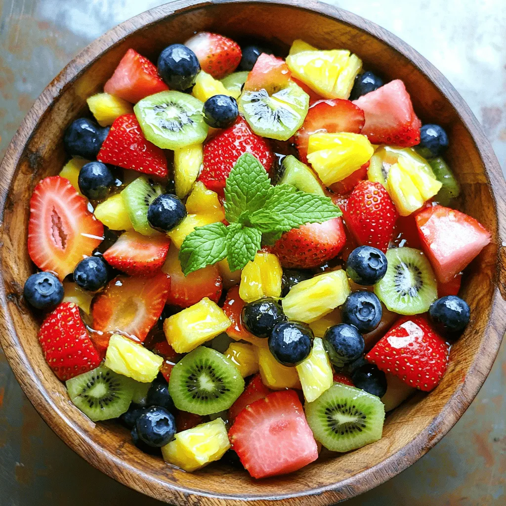 - 1 cup strawberries, hulled and sliced - 1 cup blueberries - 1 cup kiwi, peeled and diced - 1 cup pineapple, diced - 1 cup watermelon, diced Choosing the right fruit is key to a great salad. I love using fresh strawberries for their sweetness. Blueberries add a nice pop of color. Kiwi gives a tangy twist, while pineapple brings juicy goodness. Watermelon adds a refreshing crunch. Together, they create a fun mix of flavors and textures. - 2 tablespoons honey - 2 tablespoons lime juice - Zest of 1 lime For the dressing, I use honey to sweeten the salad. Lime juice adds a bright, zesty kick. The zest gives extra flavor and aroma. This simple dressing ties all the fruit together, making each bite delightful. - Fresh mint leaves - Additional fruit toppings (optional) To make the salad pop, I like to add fresh mint leaves. They give a fresh aroma and a hint of coolness. You can also add more fruit if you want. Try some pomegranate seeds or sliced bananas for extra fun! You can find the Full Recipe online to create this tasty dish. Begin by washing all your fruit. First, hull and slice the strawberries. You want them in bite-sized pieces. Next, peel and dice the kiwi. The bright green color will pop in the mix. Then, cut the pineapple into small chunks. Finally, chop the watermelon into cubes. You can use a melon baller for fun shapes. When done, place all the fruit in a large mixing bowl. To make the dressing, grab a small bowl. Add two tablespoons of honey. Then, squeeze in two tablespoons of fresh lime juice. The juice adds tanginess. Next, zest one lime into the bowl. This step boosts the lime flavor. Now, whisk these ingredients together until they blend nicely. You want a smooth mixture to coat the fruit. Now it’s time to bring it all together! Drizzle the honey-lime dressing over the mixed fruit. Use a spatula or spoon to toss the fruit gently. Make sure every piece gets a nice coating. This dressing enhances the fruit’s natural sweetness. After mixing, let the salad sit in the fridge. Marinate it for about 10-15 minutes. This waiting time helps the flavors mingle. When ready, give it a final stir and transfer it to a serving bowl. For a beautiful touch, garnish with fresh mint leaves. This adds color and aroma to your dish. For the full recipe, check out the detailed instructions. To make your Honey Lime Fruit Salad truly shine, marinate the fruit. Letting it sit in the fridge for 10-15 minutes enhances the taste. This time allows the honey and lime to soak into the fruit, making every bite burst with flavor. Balancing sweetness and acidity is key. The honey adds sweetness, while lime juice brings a tangy kick. Adjust the honey to your taste, but keep the lime juice for that zing. Serving this salad at special events? Use a clear glass bowl. This lets the bright colors show through. Mix different fruits for a rainbow effect. Bright strawberries, deep blueberries, and vibrant kiwi not only taste great but also look stunning together. Consider adding mint leaves on top for a fresh touch. It’s a simple way to elevate your dish. Do you want to make this salad ahead of time? You can prep the fruit a day early. Just keep each fruit in separate containers. This way, they stay fresh and colorful. For larger gatherings, batch make the salad. Double the recipe and use a big bowl. This saves time and ensures everyone gets a taste of that delightful flavor. {{image_2}} You can easily change fruits in your salad to meet your needs. If you are allergic to strawberries, you might use raspberries instead. Mangoes add sweetness, while grapes can bring a nice crunch. For a vegan option, you can replace honey with maple syrup or agave nectar. Both options taste great and keep your salad sweet. Spices can give your salad a fun twist. A sprinkle of cinnamon adds warmth. If you enjoy a bit of heat, try ginger. Just a pinch can elevate the flavor. You can also use flavored syrups or extracts. A dash of vanilla or almond extract can make the fruit sing. Just be careful not to overdo it. Fruits change with the seasons, and using what's fresh can improve your salad. In spring, add fresh berries and ripe peaches. Summer fruits like cherries and nectarines are juicy and flavorful. Fall calls for apples and pears, while winter is perfect for citrus fruits like oranges and grapefruits. For festive occasions, consider adding pomegranate seeds during the holidays. They add color and a burst of flavor. Try these variations to keep your Honey Lime Fruit Salad exciting and fresh. For the complete recipe, check out the Full Recipe. Store your Honey Lime Fruit Salad in an airtight container. This keeps the salad fresh. Make sure your refrigerator is set to 32°F to 40°F. This temperature range is best for fruit. To keep the fruit crisp, avoid washing it before storage. Wash just before you eat. For the best flavor, eat your fruit salad within two days. The fruit tastes fresh and vibrant at this time. Look for signs of spoilage, like mushy or slimy fruit. If the salad smells off or has brown spots, it’s time to toss it. You can freeze the fruit for later use. Just wash and cut the fruit as needed. Place it in a freezer-safe bag, removing as much air as possible. To thaw, leave it in the fridge overnight. This helps keep the texture nice and firm. If you need it fast, use the microwave on low. Yes, you can swap out fruits! Some great substitutes include: - Raspberries - Mango - Grapes - Peaches You can mix and match to suit your taste or what's in season. Each fruit brings its own flavor and texture, creating a unique salad every time. Just keep in mind the balance of sweetness and tartness. You should eat the fruit salad within 2 days for the best taste. Keep it in an airtight container in your fridge. This helps the fruit stay fresh. After a couple of days, the fruits may get mushy or lose their flavor. Always check for any signs of spoilage before eating. Yes, it is great for meal prep! Here are some tips: - Prep the fruit and dressing separately to keep them fresh longer. - Mix them right before eating. This keeps the fruit crisp. - Use sturdy fruits like watermelon and kiwi, as they hold up well. These tips help you enjoy a fresh and tasty salad throughout the week. For the complete recipe, check out the [Full Recipe]. In this article, I covered how to make a delicious Honey Lime Fruit Salad. We selected fresh fruits like strawberries, blueberries, and kiwi, then made a simple honey lime dressing. I shared tips on presentation, variations, and storage. Making this salad is easy and fun. You can adjust ingredients to fit your taste. Now, it's time for you to create and enjoy your own fresh fruit salad!