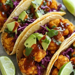 - 1 medium head of cauliflower, cut into florets - 1/2 cup all-purpose flour - 1/2 cup cornstarch - 1 cup sweet chili sauce - 8 small corn or flour tortillas The main star of this dish is the cauliflower. When you cut it into florets, it becomes perfect for roasting. The flour and cornstarch make a great batter that sticks well. Sweet chili sauce adds that sweet and spicy flavor we love. Finally, the tortillas hold everything together. - 1 teaspoon garlic powder - 1 teaspoon paprika - 1/2 teaspoon salt - 1/2 teaspoon black pepper For flavor, I use garlic powder and paprika. They add depth and warmth. Salt and black pepper balance the dish. These ingredients make each bite tasty and exciting. - 1 avocado, sliced - 1/2 cup red cabbage, shredded - Fresh cilantro, for garnishing - Lime wedges, for serving Toppings make these tacos special. Sliced avocado adds creaminess, while shredded red cabbage gives crunch. Fresh cilantro brightens each bite, and lime wedges add a zesty kick. These toppings make the tacos not only flavorful but also colorful and fun to eat. For the full recipe, check out the Sweet Chili Cauliflower Tacos details. First, preheat your oven to 425°F (220°C). This step is key for crispy texture. Next, in a bowl, mix the flour, cornstarch, garlic powder, paprika, salt, and black pepper. Slowly add water and whisk until you have a smooth batter. Now, dip each cauliflower floret into the batter, letting any extra drip off. Arrange them neatly on a lined baking sheet. Bake the cauliflower for 20-25 minutes. Be sure to flip them halfway through. This helps them cook evenly and get that golden brown color you want. Keep an eye on them for that perfect crispy finish. Once your cauliflower is baked, remove it from the oven. Toss the crispy florets in sweet chili sauce until they’re well-coated. To assemble the tacos, warm the tortillas in a skillet or microwave. Layer each tortilla with the sweet chili cauliflower, slices of avocado, and shredded red cabbage. Don’t forget to finish with fresh cilantro and serve with lime wedges for a zesty kick. Enjoy every bite of this flavorful and crispy delight! For the full recipe, check out the details above. To get that perfect crunch, use parchment paper on your baking sheet. This makes cleanup easy and helps the cauliflower crisp up nicely. Adjust the batter's thickness by adding water. If it's too thick, the coating won't stick well. You want a smooth, even layer over each floret. Don't be afraid to get creative! Add extra spices like cumin or chili powder to your batter. This can give your cauliflower more depth. You can also try different tortillas. Corn tortillas add a nice corn flavor, while flour tortillas provide a soft texture. Try both to see which you like best. Make your tacos pop! Garnish them with lime wedges and fresh cilantro. The bright green of the cilantro and the zing from the lime add a fresh look and flavor. A colorful plate makes the meal more inviting. For the full recipe, check out the link to Sweet Chili Cauliflower Tacos. Enjoy your cooking! {{image_2}} You can make these tacos vegan easily. Just swap the all-purpose flour with a gluten-free alternative. This way, you keep the crunch and taste without gluten. Options like almond flour or chickpea flour work well. If you want more protein in your tacos, consider adding black beans or grilled chicken. Black beans add a nice texture and flavor, while grilled chicken offers a hearty bite. You can mix and match to suit your taste. Looking for a spicy kick? Try using sriracha or another hot sauce in place of sweet chili sauce. This change will give your tacos a whole new level of heat and flavor. You can adjust the amount based on how much spice you like. For the complete recipe, check out the Full Recipe section. Enjoy your cooking! After enjoying your sweet chili cauliflower tacos, store leftovers in an airtight container. This helps keep them fresh. Place the container in the fridge. They will stay good for about 3 days. When it's time to eat again, you can reheat your tacos. For the best taste, use the oven. Preheat it to 350°F (175°C). Place the tacos on a baking sheet and heat for about 10 minutes. This keeps the cauliflower crispy. If you use a microwave, heat for about 1-2 minutes. The texture may not be as good, but it’s quick. You can freeze the cauliflower if you want. First, let it cool completely. Then, place the cauliflower in a freezer-safe bag. Remove as much air as possible before sealing. You can freeze it for up to 3 months. When you’re ready to eat, thaw it in the fridge overnight. Reheat using the oven for the best results. For the full recipe, check out the Sweet Chili Cauliflower Tacos. Yes, you can use frozen cauliflower. It is a great time-saver. Frozen cauliflower is often pre-cut and ready to cook. However, fresh cauliflower gives a better texture. It stays crispier after baking. If you use frozen cauliflower, make sure to thaw and drain it well. Excess moisture can make the batter soggy. To add more heat, consider these tips: - Hot Sauce: Mix in your favorite hot sauce with the sweet chili sauce. - Chili Flakes: Add red chili flakes to the batter for a kick. - Spicy Sauce: Use a spicier sauce instead of sweet chili, like sriracha. - Jalapeños: Top the tacos with fresh jalapeños for extra spice. These options will make your tacos pack a punch. Adjust to your taste level for the right heat. Here are some great side ideas to pair with your tacos: - Rice: Serve with cilantro lime rice for a fresh flavor. - Beans: Black beans or refried beans add protein and fiber. - Salad: A simple green salad complements the meal well. - Guacamole: Creamy guacamole pairs nicely with the sweet chili flavors. - Corn Salad: A refreshing corn salad can brighten the plate. These sides will enhance your dining experience. They will create a well-rounded meal. For the full recipe, check out the details above. These Sweet Chili Cauliflower Tacos are easy and fun to make. We covered the main ingredients, flavorful seasonings, and tasty toppings. I showed you how to prep, bake, and assemble the tacos step by step. Remember to play with flavors and add your favorite toppings. Keep leftovers stored well for future meals. Explore variations to fit your taste. Enjoy this delicious recipe and impress your family!