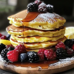 - 1 cup ricotta cheese - 2 large eggs - 1/4 cup granulated sugar - Zest of 2 lemons - 1/4 cup lemon juice (freshly squeezed) - 1 cup all-purpose flour - 2 teaspoons baking powder - 1/2 teaspoon baking soda - 1/4 teaspoon salt - 1/2 teaspoon vanilla extract - 2 tablespoons unsalted butter (melted) - Additional butter or oil for cooking - Fresh berries and maple syrup for serving (optional) Ricotta cheese gives these pancakes a soft, creamy texture. It adds moisture and richness. Eggs act as a binder, helping the pancakes hold their shape. Lemon juice and zest bring a bright, fresh flavor. Freshly squeezed lemon juice is best for taste. Flour provides structure, while baking powder and baking soda help the pancakes rise. Salt balances the sweetness. Vanilla extract adds warmth to the flavor. Melted butter contributes to the pancakes' richness and helps with browning. Use fresh lemons for the best flavor. Look for firm, bright lemons with smooth skin. When choosing ricotta, pick a brand with a creamy texture and no excess liquid. For eggs, choose large, fresh ones. Check the date on the package to ensure they are not expired. Fresh berries should be plump and vibrant. Wash them right before serving to keep them fresh. If you want the best results, follow the Full Recipe closely for perfect pancakes. To start, gather your ingredients. You will need ricotta cheese, eggs, sugar, lemon zest, lemon juice, flour, baking powder, baking soda, salt, vanilla extract, melted butter, and some extra butter or oil for cooking. 1. In a medium bowl, whisk the ricotta cheese, eggs, sugar, lemon zest, lemon juice, and vanilla extract. Mix until it is smooth and creamy. 2. In another bowl, mix the flour, baking powder, baking soda, and salt. Stir these dry ingredients well. 3. Gently add the dry mix to the ricotta mix. Stir until just combined. A few lumps are okay. 4. Fold in the melted butter. Let the batter rest for about 10 minutes to thicken a bit. 1. Heat a large non-stick skillet over medium heat. Lightly coat it with butter or oil. 2. Pour about 1/4 cup of batter onto the skillet for each pancake. 3. Cook until bubbles form on the surface, about 3-4 minutes. The edges should look set. 4. Carefully flip the pancakes. Cook the other side until golden brown, about 2-3 minutes. 5. Keep cooked pancakes warm in a low oven while you repeat with the rest of the batter. 6. Serve warm with fresh berries and maple syrup if you like. To make your pancakes extra fluffy, measure the flour carefully. Too much flour can make them dense. Also, let the batter rest so it can rise. Avoid stirring too much to keep air in the batter. This gives you light, fluffy pancakes that are sure to delight. For the full recipe, check the section above! When making Lemon Ricotta Pancakes, avoid overmixing the batter. Mixing too much makes the pancakes tough. You want some lumps in the batter. Another mistake is cooking at too high a heat. This can burn the pancakes outside while leaving them raw inside. Remember to flip them only when bubbles form on the surface. Lastly, don’t skip letting the batter rest. This helps the pancakes become light and fluffy. To make these pancakes, you need a few simple tools. A large bowl helps mix the batter easily. Use a whisk for smooth blending of the ricotta and eggs. A non-stick skillet is best for cooking pancakes evenly. A spatula helps flip the pancakes without breaking them. You might also want to have a ladle handy for pouring the batter. For the perfect texture, use fresh ricotta cheese. This makes the pancakes creamy and rich. Make sure to measure the flour correctly. Too much flour can lead to dry pancakes. The key is to add the dry ingredients gently. This keeps the batter light. Letting the batter rest is also crucial. It allows the baking powder to activate fully. When you cook the pancakes, keep the heat medium-low. This gives them time to rise and cook through without burning. {{image_2}} You can easily boost the flavor of your lemon ricotta pancakes. Try adding blueberries or strawberries to the batter for a fruity twist. You can also mix in some almond or coconut extract for a nutty touch. If you love spice, a pinch of cinnamon or nutmeg can add warmth. For a zesty kick, try adding more lemon zest or even some orange zest. If you need to make swaps, it’s simple. Use low-fat ricotta or Greek yogurt for a lighter pancake. For a gluten-free option, substitute the all-purpose flour with almond flour or a gluten-free blend. If you want to avoid sugar, you can use honey or maple syrup instead. Egg replacements like flax seeds or applesauce work well for vegan diets. Serving your pancakes can be fun! Top them with fresh berries, whipped cream, or a dollop of yogurt. Drizzle some maple syrup or honey for sweetness. You can even add a sprinkle of powdered sugar for a fancy touch. For a savory twist, try serving with lemon curd or a side of crispy bacon. Enjoy the variety and make each meal special! For the full recipe, check out the Lemon Ricotta Pancakes section above! To store leftover pancakes, first let them cool completely. Place them in an airtight container. Make sure to place parchment paper between layers to prevent sticking. They will stay fresh in the fridge for up to three days. You can also cover them tightly with plastic wrap if you prefer. If you want to save pancakes for later, freezing works well. Stack cooled pancakes with parchment paper in between. Place the stack in a freezer-safe bag or container. Remove as much air as possible to avoid freezer burn. They can last up to two months in the freezer. When you’re ready to eat, simply take out the desired amount. Reheating pancakes is easy. For the best results, use a non-stick skillet over low heat. Heat each pancake for about one to two minutes on each side. You can also use a microwave. Place a pancake on a microwave-safe plate and cover it with a damp paper towel. Heat for about 20-30 seconds. Enjoy your pancakes warm! For the full recipe, check out the Lemon Ricotta Pancakes section. To make Lemon Ricotta Pancakes from scratch, gather your ingredients first. You'll need ricotta cheese, eggs, sugar, lemon zest, lemon juice, flour, baking powder, baking soda, salt, vanilla extract, and melted butter. 1. Start by mixing the ricotta, eggs, sugar, lemon zest, lemon juice, and vanilla in a bowl. 2. In another bowl, mix flour, baking powder, baking soda, and salt. 3. Combine both mixtures gently. Don’t overmix; a few lumps are okay. 4. Fold in the melted butter. Let the batter rest for about 10 minutes. 5. Heat your skillet and add butter or oil. Pour 1/4 cup of batter for each pancake. 6. Cook until bubbles form, then flip until golden brown. This method gives you light and fluffy pancakes, perfect for breakfast. Check out the Full Recipe for detailed steps. Yes, you can substitute some ingredients. If you don’t have ricotta, you can use cottage cheese. If you want a dairy-free option, use almond or soy milk with a dairy-free yogurt. You can also replace all-purpose flour with whole wheat flour for a healthier choice. If you need a sweetener swap, try honey or maple syrup instead of sugar. Just remember, these changes may affect the taste and texture slightly. Lemon Ricotta Pancakes pair well with many toppings. Fresh berries like strawberries, blueberries, or raspberries add a burst of flavor. You can drizzle them with maple syrup for sweetness. Another great option is a dollop of whipped cream or yogurt. If you want to get fancy, sprinkle some powdered sugar on top or add a sprig of mint for color. Enjoy experimenting with your favorite toppings! In this blog post, we explored the art of making delicious lemon ricotta pancakes. We started with key ingredients and tips for using fresh finds. I shared step-by-step instructions for preparation and cooking, plus tricks for perfect texture. We covered common mistakes and recommended cooking tools. I also suggested flavor variations and storage methods for leftovers. In closing, remember that great pancakes come from care and the right ingredients. Enjoy cooking!