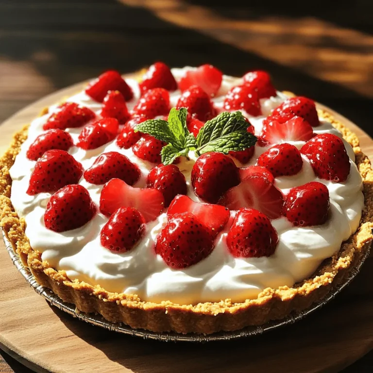To make a no-bake strawberry cream pie, gather these simple ingredients: - 1 pre-made graham cracker pie crust - 2 cups fresh strawberries, hulled and halved - 1 cup heavy whipping cream - 1 cup cream cheese, softened - 1/2 cup powdered sugar - 1 teaspoon vanilla extract - 1 tablespoon lemon juice - Fresh mint leaves for garnish (optional) These ingredients come together to create a creamy, sweet treat. The fresh strawberries add a nice touch. The heavy cream gives the pie a light texture. Cream cheese adds richness and depth. The graham cracker crust brings a nice crunch. It's easy to find all these items at your local store. You can even swap in different berries for fun! Check out the Full Recipe for more details on making this dessert. 1. Whip the heavy cream. In a medium bowl, whip 1 cup of heavy cream with an electric mixer. Stop when you see soft peaks. Be careful not to over-whip. 2. Mix cream cheese and other ingredients. In another bowl, combine 1 cup of softened cream cheese, 1/2 cup of powdered sugar, 1 teaspoon of vanilla extract, and 1 tablespoon of lemon juice. Mix until smooth and creamy. 3. Fold in the whipped cream. Gently fold in the whipped cream into the cream cheese mixture. Use a spatula to keep it light and airy. 4. Incorporate strawberries. Reserve about 1/2 cup of the halved strawberries for decoration. Fold the other strawberries into the cream mixture. 5. Pour into the crust. Take the strawberry cream mixture and pour it into the pre-made graham cracker crust. Smooth the top with a spatula. 6. Refrigerate for setting. Place the pie in the fridge for at least 4 hours. For best results, chill overnight. Enjoy making this delightful No-Bake Strawberry Cream Pie! For the Full Recipe, refer to the main article. To make the best no-bake strawberry cream pie, pay close attention to details. Here are some helpful tips: - How to avoid over-whipping cream: Whip the heavy cream until you see soft peaks. If it becomes too stiff, it can lose its light texture. Stop whipping as soon as it looks fluffy. - Tips for a smooth cream cheese mixture: Make sure your cream cheese is soft. You can leave it out for a bit or microwave it for a few seconds. Mix it well with the powdered sugar, vanilla, and lemon juice until it is creamy and smooth. - Recommendations for garnishing: For a beautiful pie, use fresh mint leaves and the reserved strawberries to decorate the top. Arrange them in a fun way to make your pie eye-catching. When it's time to serve your pie, consider these ideas: - Best ways to present the pie: Serve the pie chilled straight from the fridge. Cut it into neat slices for a clean look. Use a pie server for easy serving. - Pairing ideas with beverages: This pie pairs well with cool drinks like lemonade or iced tea. A light sparkling wine also complements the fruity flavors nicely. These tips will help you create a delightful dessert that looks and tastes amazing. For a complete guide, check out the Full Recipe for No-Bake Strawberry Cream Pie. {{image_2}} You can switch up the flavors in your no-bake pie. Try using different fruits like blueberries or raspberries. These berries add unique tastes and colors. For a fun twist, add flavored extracts like almond or lemon. A few drops can change the pie's flavor. Experimenting with flavors makes this recipe fun and personal! If you need gluten-free options, use a gluten-free crust. Many brands offer ready-made alternatives that work well. For vegan substitutions, swap the cream cheese with a plant-based version. You can also use coconut cream instead of heavy cream. This keeps the creamy texture and taste while making it dairy-free. These easy changes help everyone enjoy the pie! To keep your No-Bake Strawberry Cream Pie fresh, store it in the fridge. Place the pie in an airtight container or cover it tightly with plastic wrap. This helps to keep it from drying out and absorbing other smells. It’s best to chill the pie for at least 4 hours before serving. If you want to freeze it, wrap the pie well in plastic wrap and then foil to avoid freezer burn. Thaw it in the fridge overnight before serving. In the fridge, this pie lasts about 3 to 5 days. Always check for signs of spoilage. If the pie smells sour or looks watery, it’s time to toss it. Fresh strawberries can spoil quickly, so keep an eye on them. If you notice any mold, discard the pie right away. Enjoy your delicious treat while it’s fresh! Can I use frozen strawberries? Yes, you can use frozen strawberries. Thaw them first and drain excess liquid. Fresh berries give a better texture, but frozen works in a pinch. How do I know when the pie is set? The pie is set when it is firm to the touch. It should not wobble when you gently shake it. Refrigerate for at least four hours for best results. Can I make this pie ahead of time? Yes, you can make this pie a day or two in advance. Just keep it covered in the fridge. This allows the flavors to meld nicely. What if I can't find a graham cracker crust? If you can't find a graham cracker crust, you can make your own. Crush some graham crackers, mix with melted butter, and press into a pie dish. How to fix a runny pie filling? If your filling is runny, add more cream cheese or a little gelatin. Mix it in well and chill until it firms up. Full Recipe for No-Bake Strawberry Cream Pie For the complete recipe, check out the Full Recipe section above. It has all you need for this tasty treat. In this post, we explored making a no-bake strawberry cream pie. We covered ingredients like fresh strawberries and cream cheese. I shared step-by-step instructions for a perfect pie. You received tips for making a smooth filling and creative serving ideas. We even discussed variations and storage tips. This easy recipe gives fresh flavors and delight while keeping it simple. Try it out, and enjoy your delicious creation!
