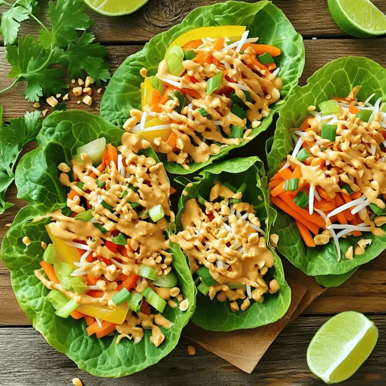To make Vegan Pad Thai Lettuce Wraps, you will need the following ingredients: - Butter lettuce or Romaine leaves - Rice noodles - Shredded carrots - Bell pepper selections (preferably red or yellow) - Bean sprouts - Green onions - Peanuts - Sauce ingredients: - 3 tablespoons soy sauce - 2 tablespoons peanut butter - 1 tablespoon lime juice - 1 teaspoon maple syrup - 1/2 teaspoon sriracha These ingredients come together to create a fresh and tasty dish. The crunchy lettuce wraps hold a flavorful filling that’s both satisfying and healthy. Feel free to mix things up with ingredient swaps: - Alternative greens for wrapping: You can use collard greens or cabbage if you want a different wrap. - Gluten-free options: Swap soy sauce for tamari to keep it gluten-free. - Veggie variations: Add in some sliced cucumbers, zucchini, or radishes for extra crunch and nutrition. These swaps keep the dish exciting and cater to various dietary needs. Each serving of these wraps has about 250 calories. Here are some key nutrients you get: - Protein: Rice noodles and peanuts provide a good source of protein. - Vitamins: The veggies offer vitamins A and C, which are great for your skin and immune system. - Fiber: The lettuce and veggies help keep your digestion healthy. This dish is not only tasty but also packed with nutrients to fuel your day. For the full recipe, check out [Full Recipe]. First, cook the rice noodles according to the package. Make sure they are tender but not mushy. Drain them and set aside. Next, chop your vegetables. You will need shredded carrots, thinly sliced bell peppers, and chopped green onions. These add color and crunch to your wraps. Now, let’s make the sauce. In a small bowl, whisk together soy sauce, peanut butter, lime juice, maple syrup, and sriracha. Mix until smooth. This sauce gives your dish that authentic Pad Thai flavor. In a large bowl, mix the cooked rice noodles with the chopped veggies. Gently stir to combine. This step is important, as it ensures even distribution of flavors. Next, pour the sauce over the noodle and veggie mixture. Toss everything together until all the noodles and vegetables are coated in that delicious sauce. Take your time with this step—it really enhances the taste. Now, take a lettuce leaf and spoon a good amount of the Pad Thai mixture into the center. Sprinkle some chopped peanuts and remaining green onions on top for added crunch and flavor. Wrap the lettuce leaf around the filling like a taco. Fold the edges in to keep everything secure inside. Repeat this until you have used all the filling. Serve with lime wedges on the side and garnish with fresh cilantro if you like. Enjoy your fresh and flavorful Vegan Pad Thai Lettuce Wraps! Get the Full Recipe for detailed steps and tips. To get the best texture in your vegan Pad Thai lettuce wraps, use fresh ingredients. Fresh vegetables like bell peppers and carrots add crunch. Cook your rice noodles just right; they should be soft but not mushy. Rinse them in cold water to stop cooking. Adjust spice levels to fit your taste. If you like it hot, add more sriracha. If you prefer mild, use less. For extra flavor, top your wraps with fresh cilantro and lime. These garnishes brighten the dish and add freshness. Pair your wraps with a side of steamed veggies or a light salad. This adds color and nutrients. For presentation, arrange the wraps on a bright plate. Use lime wedges to make it look more inviting. This makes your meal not only tasty but also beautiful. For the full recipe, be sure to check the complete details! {{image_2}} You can boost the protein in your Vegan Pad Thai Lettuce Wraps easily. Tofu is a great option. Use firm tofu for texture. Just cube it, fry it, and mix it in. Tempeh is another choice. It has a nutty taste and is packed with protein. You can sauté or steam it before adding. If you want more legumes, try chickpeas or edamame. They add protein and fiber, making your meal more filling. To make your wraps more exciting, try different sauces. A spicy peanut sauce can add heat. You can also mix in hoisin sauce for sweetness. Want something fruity? Add mango or pineapple chunks. They brighten up the dish and add a sweet note. Fresh herbs like mint or basil can also give a nice twist. Experiment with these to find your favorite! If you need a nut-free version, skip the peanuts. Sunflower seeds are a tasty substitute. They add crunch without the nuts. For those watching carbs, try using zucchini noodles instead of rice noodles. This keeps the wraps light and fresh. You can also wrap everything in cabbage leaves for a low-carb option. These simple swaps make the dish fit various dietary needs. You can prep some parts ahead to save time. First, cook the rice noodles and store them in an airtight container. Chop the veggies like carrots and bell peppers. Keep them separate to stay fresh. Mix the sauce of soy sauce, peanut butter, lime juice, maple syrup, and sriracha in a jar. This way, when you’re ready to eat, it all comes together quickly. When layering, use the lettuce leaves as a base. Place the noodles and veggies in the center. This keeps them from getting soggy. To store leftovers, use a good airtight container. This keeps the wraps fresh. Put the filling in one container and the lettuce leaves in another. This helps keep them crisp. For refrigeration, eat leftovers within two days. Storing them longer may change the taste and texture. To reheat, gently warm the filling in a skillet over low heat. Avoid high heat, as this can make the noodles mushy. You can also serve it cold for a refreshing meal. For safety, always check for signs of spoilage before eating. If it smells bad or looks off, toss it. Enjoy the fresh and flavorful dish that is Vegan Pad Thai Lettuce Wraps! For the full recipe, check the earlier sections. You can easily make these wraps gluten-free by using tamari. Tamari is a great soy sauce alternative. It has a similar taste but does not contain wheat. This small swap keeps your dish tasty while being safe for gluten-free diets. Yes, you can prep some parts ahead. It’s best to mix the filling and sauce in advance. However, wait to assemble the wraps until you are ready to serve. This keeps the lettuce crisp and fresh, avoiding sogginess. If you need a nut-free option, try sunflower seeds or pumpkin seeds. These seeds add crunch without the nuts. You can also skip the nuts entirely and still enjoy the wraps. They will still taste great! You can boost protein by adding tofu or tempeh. Both are excellent sources of plant protein. Cook them until crispy for extra flavor. You can also add chickpeas or edamame for more nutrition. This blog covers how to make tasty Gluten-Free Vegan Pad Thai Lettuce Wraps. You learned about essential ingredients and their substitutes, along with key nutrition facts. I shared step-by-step instructions for preparation and assembly. Tips for flavor and serving enhance your wraps. Remember, you can modify ingredients to suit your taste. Store leftovers properly to enjoy later. Enjoy your delicious wraps, packed with flavor and nutrients! Try these ideas and make them your own. Happy cooking!