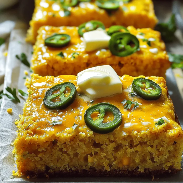 - 1 cup cornmeal - 1 cup all-purpose flour - 1 tablespoon baking powder - 1/2 teaspoon salt - 1/4 teaspoon baking soda The base of your cornbread is simple. Cornmeal gives it that classic texture. All-purpose flour adds lightness. A tablespoon of baking powder helps it rise nicely. Salt enhances the flavor, while baking soda balances the acidity. - 1 cup buttermilk (or milk with vinegar) - 1/4 cup unsalted butter, melted - 2 large eggs - 1/4 cup honey (optional) For moisture, buttermilk is key. It makes the bread soft. If you don’t have buttermilk, just mix regular milk with a splash of vinegar. Melted butter adds richness. Two eggs bind everything together. Honey can add a touch of sweetness, but it’s optional. - 1 cup shredded sharp cheddar cheese - 2-3 jalapeños, finely chopped Here comes the fun part! Sharp cheddar cheese gives the cornbread a bold flavor. I love the richness it brings. Jalapeños add heat. You can control the spice by removing the seeds. Use two or three jalapeños, depending on your taste. For the full flavor experience, check out the Full Recipe. - Preheat oven to 400°F (200°C). - Grease a baking dish or cast-iron skillet with butter or cooking spray. First, set your oven to the right temperature. Greasing the dish helps the cornbread come out easily. A cast-iron skillet adds a nice crust, but any dish works well. - Whisk together cornmeal, flour, baking powder, salt, and baking soda. In a large bowl, mix the cornmeal, flour, baking powder, salt, and baking soda. This creates the base for your cornbread. Make sure to whisk until there are no lumps. - Combine buttermilk, melted butter, eggs, and optional honey. In another bowl, whisk together the buttermilk, melted butter, and eggs. If you want a touch of sweetness, add honey too. This mixture gives your cornbread moisture and richness. - Pour wet ingredients into dry ingredients and stir until just mixed. - Fold in cheese and jalapeños. Now, pour the wet mix into the dry mix. Stir gently until just combined. It’s okay if some lumps remain. Next, fold in the shredded cheese and chopped jalapeños. These add a bold flavor and a little kick. - Pour batter into prepared dish and smooth top. - Bake for 20-25 minutes, checking for doneness. Pour the batter into your greased dish and smooth the top with a spatula. Bake for 20 to 25 minutes. Check if it’s done by inserting a toothpick. If it comes out clean, your cornbread is ready. For the full recipe, check the earlier section. Enjoy the process of making delicious jalapeño cheddar cornbread! To get the best texture, avoid overmixing your batter. When you mix too much, the cornbread can turn dense. You want it light and fluffy. Mix just until you see the dry ingredients disappear. It’s okay to have some lumps in the batter. Let the cornbread cool for a bit after baking. Cooling it for about 10 minutes makes slicing easier. If you cut it while it’s hot, it might crumble. Serve your cornbread warm. A little pat of butter on top adds rich flavor. You can sprinkle extra cheese for a cheesy delight. It melts nicely and makes every bite better. For a pop of color and taste, garnish with fresh herbs. Chopped cilantro or green onions work great. They add freshness and make the dish look pretty. You can adjust the heat level by changing the jalapeños. If you like it mild, use fewer jalapeños or remove the seeds. For more heat, add extra jalapeños or use a spicier variety. Feel free to experiment with different types of cheese. Pepper jack adds a nice kick, while gouda gives a smoky flavor. Mixing in feta cheese can also create a unique twist. This way, you can find the flavor you love best. Try the full recipe for a delicious experience! {{image_2}} You can switch up the cheese for fun. Try using pepper jack cheese for extra heat. Gouda also adds a nice, creamy touch. If you want a Mediterranean vibe, feta cheese works great too. Each cheese gives the cornbread its own unique flavor. Want to make it more special? Add corn kernels for a sweet crunch. You can also mix in cooked bacon or sausage for a savory kick. These additions bring a whole new level of tastiness to your cornbread. If you're gluten-free, no problem! Just swap the all-purpose flour with a gluten-free blend. This way, you still get to enjoy the rich flavors of jalapeño cheddar cornbread without any gluten. To keep your Jalapeño Cheddar Cornbread fresh, store it in an airtight container at room temperature. This helps maintain its moisture and flavor. It should last for about three days on your kitchen counter. If you want to keep it longer, consider freezing. For freezing, wrap the cornbread tightly in plastic wrap and then in aluminum foil. This double layer protects against freezer burn. You can freeze it for up to three months without losing flavor. When you're ready to enjoy it, just thaw it in the fridge overnight. Reheating can make your cornbread taste fresh again. For best results, use the oven. Preheat it to 350°F (175°C). Place the cornbread on a baking sheet and cover it with foil. Heat for about 10-15 minutes. You can also use the microwave. Just heat it for 20-30 seconds until warm. Enjoy your cornbread as if it just came out of the oven! To add more heat, you can increase the jalapeño quantity. More chopped jalapeños will give you a stronger kick. You can also keep the seeds in for added spice. If you like sauces, try adding a dash of your favorite hot sauce to the batter. This will boost the flavor and heat. Yes, you can. If you switch to regular milk, add one tablespoon of vinegar. This helps mimic the tangy flavor of buttermilk. The texture may change slightly, but it will still taste good. Buttermilk adds richness and moisture, so keep that in mind. This cornbread pairs well with many dishes. You can serve it with chili for a classic combo. Soups like vegetable or chicken noodle also work great. It’s also tasty alongside grilled meats or as a side for barbecues. The cornbread adds a nice touch of sweetness. Jalapeño Cheddar Cornbread stays fresh for about three days at room temperature. Keep it in an airtight container to maintain its softness. If it starts to dry out or has a stale smell, it’s time to toss it. You can also freeze it for longer storage. Just wrap it well to avoid freezer burn. Jalapeño cheddar cornbread is a great dish to make at home. You need simple ingredients like cornmeal, cheddar cheese, and jalapeños. I gave you step-by-step instructions, tips for the best texture, and fun variations. Don’t forget to store leftovers properly. This cornbread is tasty with many dishes, like chili or soup. Try it your way, adjusting the spice and flavors. Enjoy your baking adventure!
