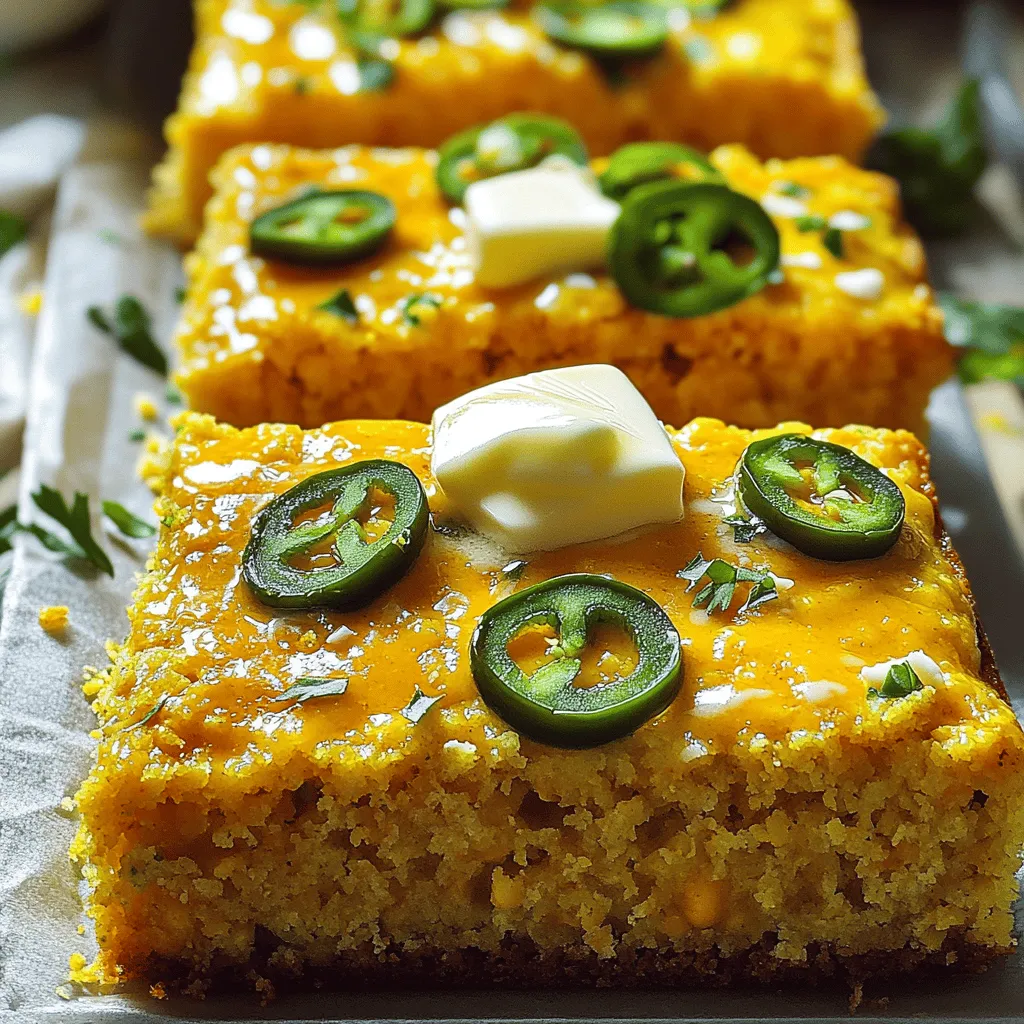 - 1 cup cornmeal - 1 cup all-purpose flour - 1 tablespoon baking powder - 1/2 teaspoon salt - 1/4 teaspoon baking soda The base of your cornbread is simple. Cornmeal gives it that classic texture. All-purpose flour adds lightness. A tablespoon of baking powder helps it rise nicely. Salt enhances the flavor, while baking soda balances the acidity. - 1 cup buttermilk (or milk with vinegar) - 1/4 cup unsalted butter, melted - 2 large eggs - 1/4 cup honey (optional) For moisture, buttermilk is key. It makes the bread soft. If you don’t have buttermilk, just mix regular milk with a splash of vinegar. Melted butter adds richness. Two eggs bind everything together. Honey can add a touch of sweetness, but it’s optional. - 1 cup shredded sharp cheddar cheese - 2-3 jalapeños, finely chopped Here comes the fun part! Sharp cheddar cheese gives the cornbread a bold flavor. I love the richness it brings. Jalapeños add heat. You can control the spice by removing the seeds. Use two or three jalapeños, depending on your taste. For the full flavor experience, check out the Full Recipe. - Preheat oven to 400°F (200°C). - Grease a baking dish or cast-iron skillet with butter or cooking spray. First, set your oven to the right temperature. Greasing the dish helps the cornbread come out easily. A cast-iron skillet adds a nice crust, but any dish works well. - Whisk together cornmeal, flour, baking powder, salt, and baking soda. In a large bowl, mix the cornmeal, flour, baking powder, salt, and baking soda. This creates the base for your cornbread. Make sure to whisk until there are no lumps. - Combine buttermilk, melted butter, eggs, and optional honey. In another bowl, whisk together the buttermilk, melted butter, and eggs. If you want a touch of sweetness, add honey too. This mixture gives your cornbread moisture and richness. - Pour wet ingredients into dry ingredients and stir until just mixed. - Fold in cheese and jalapeños. Now, pour the wet mix into the dry mix. Stir gently until just combined. It’s okay if some lumps remain. Next, fold in the shredded cheese and chopped jalapeños. These add a bold flavor and a little kick. - Pour batter into prepared dish and smooth top. - Bake for 20-25 minutes, checking for doneness. Pour the batter into your greased dish and smooth the top with a spatula. Bake for 20 to 25 minutes. Check if it’s done by inserting a toothpick. If it comes out clean, your cornbread is ready. For the full recipe, check the earlier section. Enjoy the process of making delicious jalapeño cheddar cornbread! To get the best texture, avoid overmixing your batter. When you mix too much, the cornbread can turn dense. You want it light and fluffy. Mix just until you see the dry ingredients disappear. It’s okay to have some lumps in the batter. Let the cornbread cool for a bit after baking. Cooling it for about 10 minutes makes slicing easier. If you cut it while it’s hot, it might crumble. Serve your cornbread warm. A little pat of butter on top adds rich flavor. You can sprinkle extra cheese for a cheesy delight. It melts nicely and makes every bite better. For a pop of color and taste, garnish with fresh herbs. Chopped cilantro or green onions work great. They add freshness and make the dish look pretty. You can adjust the heat level by changing the jalapeños. If you like it mild, use fewer jalapeños or remove the seeds. For more heat, add extra jalapeños or use a spicier variety. Feel free to experiment with different types of cheese. Pepper jack adds a nice kick, while gouda gives a smoky flavor. Mixing in feta cheese can also create a unique twist. This way, you can find the flavor you love best. Try the full recipe for a delicious experience! {{image_2}} You can switch up the cheese for fun. Try using pepper jack cheese for extra heat. Gouda also adds a nice, creamy touch. If you want a Mediterranean vibe, feta cheese works great too. Each cheese gives the cornbread its own unique flavor. Want to make it more special? Add corn kernels for a sweet crunch. You can also mix in cooked bacon or sausage for a savory kick. These additions bring a whole new level of tastiness to your cornbread. If you're gluten-free, no problem! Just swap the all-purpose flour with a gluten-free blend. This way, you still get to enjoy the rich flavors of jalapeño cheddar cornbread without any gluten. To keep your Jalapeño Cheddar Cornbread fresh, store it in an airtight container at room temperature. This helps maintain its moisture and flavor. It should last for about three days on your kitchen counter. If you want to keep it longer, consider freezing. For freezing, wrap the cornbread tightly in plastic wrap and then in aluminum foil. This double layer protects against freezer burn. You can freeze it for up to three months without losing flavor. When you're ready to enjoy it, just thaw it in the fridge overnight. Reheating can make your cornbread taste fresh again. For best results, use the oven. Preheat it to 350°F (175°C). Place the cornbread on a baking sheet and cover it with foil. Heat for about 10-15 minutes. You can also use the microwave. Just heat it for 20-30 seconds until warm. Enjoy your cornbread as if it just came out of the oven! To add more heat, you can increase the jalapeño quantity. More chopped jalapeños will give you a stronger kick. You can also keep the seeds in for added spice. If you like sauces, try adding a dash of your favorite hot sauce to the batter. This will boost the flavor and heat. Yes, you can. If you switch to regular milk, add one tablespoon of vinegar. This helps mimic the tangy flavor of buttermilk. The texture may change slightly, but it will still taste good. Buttermilk adds richness and moisture, so keep that in mind. This cornbread pairs well with many dishes. You can serve it with chili for a classic combo. Soups like vegetable or chicken noodle also work great. It’s also tasty alongside grilled meats or as a side for barbecues. The cornbread adds a nice touch of sweetness. Jalapeño Cheddar Cornbread stays fresh for about three days at room temperature. Keep it in an airtight container to maintain its softness. If it starts to dry out or has a stale smell, it’s time to toss it. You can also freeze it for longer storage. Just wrap it well to avoid freezer burn. Jalapeño cheddar cornbread is a great dish to make at home. You need simple ingredients like cornmeal, cheddar cheese, and jalapeños. I gave you step-by-step instructions, tips for the best texture, and fun variations. Don’t forget to store leftovers properly. This cornbread is tasty with many dishes, like chili or soup. Try it your way, adjusting the spice and flavors. Enjoy your baking adventure!