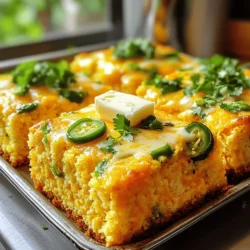 - 1 cup cornmeal - 1 cup all-purpose flour - 1 tablespoon baking powder - 1/2 teaspoon salt - 1/4 teaspoon baking soda - 1 cup buttermilk - 1/4 cup vegetable oil - 2 large eggs - 1/4 cup honey (optional) - 1 cup shredded sharp cheddar cheese - 1/2 cup jalapeños, finely chopped (fresh or pickled) To make Cheesy Jalapeño Cornbread, gather all these ingredients first. The dry ingredients form the base of your cornbread. The cornmeal gives it a nice texture, while the all-purpose flour helps it rise. Baking powder and baking soda create that fluffy feel, and salt enhances all the flavors. Next, you need the wet ingredients. Buttermilk adds moisture and a slight tang. Vegetable oil keeps the bread tender, while eggs provide structure. If you want a hint of sweetness, add honey. Finally, the flavor elements shine in this recipe. Sharp cheddar cheese adds a bold taste, and jalapeños bring a spicy kick. You can use fresh or pickled jalapeños, depending on your preference. Combining these ingredients creates a mouthwatering cornbread that is both cheesy and spicy. For the full recipe, follow the steps to bring this delightful dish to life. - Preheat oven to 400°F (200°C). - Grease your baking dish or cast-iron skillet well. - In a large bowl, combine: - 1 cup cornmeal - 1 cup all-purpose flour - 1 tablespoon baking powder - 1/2 teaspoon salt - 1/4 teaspoon baking soda - Mix these dry ingredients until they blend well. - In another bowl, whisk together: - 1 cup buttermilk - 1/4 cup vegetable oil - 2 large eggs - If you want more sweetness, add 1/4 cup honey here. - Pour the wet ingredients into the dry mix. - Stir gently until just combined; a few lumps are okay. - Now, fold in: - 1 cup shredded sharp cheddar cheese - 1/2 cup finely chopped jalapeños - Make sure they are evenly mixed in. - Pour the batter into your prepared dish. - Smooth the top with a spatula. - Bake for 20-25 minutes. The top should be golden brown. - Let the cornbread cool a bit before slicing. - Serve warm with butter on top. - It pairs well with chili or is great on its own. You can find the full recipe to ensure you don't miss any steps! - Ensure your oven is fully preheated for even baking. - Use a toothpick to check for doneness. Insert it into the center; it should come out clean. - Avoid overmixing the batter. This keeps your cornbread fluffy and light. - It’s okay to have some lumps in the batter. They will bake out nicely. - You can adjust the jalapeño amount based on your heat preference. If you love spice, add more! - Try using different cheeses for unique flavors. Monterey Jack or Pepper Jack work well too. For the full recipe and more details, check out the [Full Recipe]. {{image_2}} You can make your cornbread sweet. Just add more honey or maple syrup. This gives it a nice, rich taste. Sweet cornbread works well for breakfast or dessert. Try it with butter and jam for a treat! For a fun twist, try adding spices. A little cumin or smoked paprika can change the flavor. These spices add warmth and depth. It’s a great way to surprise your taste buds! Switch up your cheese for new flavors. Monterey Jack or Pepper Jack gives a nice kick. These cheeses melt well and add creaminess to your cornbread. Don't be afraid to experiment with different cheeses for unique results! For the full recipe, check out the main section. Store your Cheesy Jalapeño Cornbread in an airtight container. It keeps well in the fridge for up to 5 days. This way, you can enjoy it fresh for a whole week. Just be sure to let it cool completely before you seal it up. You can freeze this cornbread too! Slice it into individual pieces. Wrap each slice tightly in plastic wrap, then place them in a freezer bag. This makes for quick and easy servings later. When you want a slice, just grab it from the freezer. Reheating is simple! For the best texture, use your oven. Preheat it to 350°F (175°C) and place the slice on a baking sheet. Heat for about 10 minutes. If you’re in a hurry, the microwave works too. Just heat for about 30 seconds, but be careful not to overdo it. Enjoy your tasty cornbread warm! For the full recipe, check out the details above. Yes, but add a tablespoon of vinegar or lemon juice for acidity. This small change helps mimic the tangy taste of buttermilk. It makes the cornbread rise well and stay moist. Substitute all-purpose flour with a gluten-free all-purpose flour blend. Many brands work well in baking. Just check the package for the right measurements. This swap allows gluten-free eaters to enjoy the cornbread too. Yes, prepare the batter in advance and bake it when ready to serve. This makes hosting easier. You can save time and still serve hot, fresh cornbread. Just let it cool a bit before cutting. It pairs perfectly with chili, soups, or as a side dish for BBQ meals. The spicy cheese flavor complements many dishes. You can serve it as a yummy snack or a hearty side. Enjoy it warm with a pat of butter, too! This blog post covers the essential steps to make Cheesy Jalapeño Cornbread. You learned about the ingredients, mixing methods, and baking tips that ensure great results. Remember, mix carefully to keep your cornbread fluffy and adjust jalapeño levels for your taste. Whether you enjoy it with chili or as a standalone snack, this recipe is a crowd-pleaser. Try experimenting with flavors to make it your own. Happy baking!
