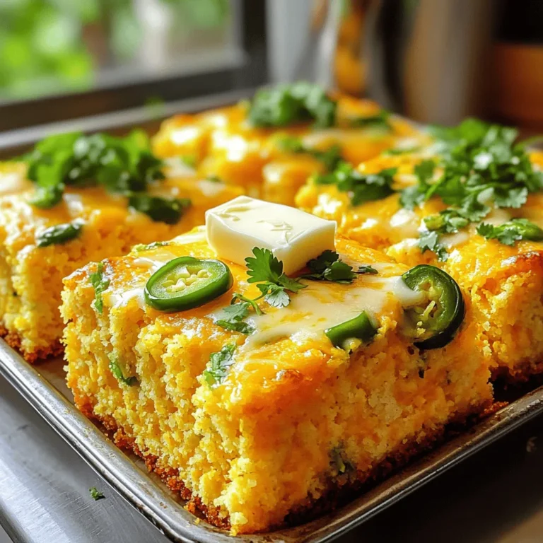 - 1 cup cornmeal - 1 cup all-purpose flour - 1 tablespoon baking powder - 1/2 teaspoon salt - 1/4 teaspoon baking soda - 1 cup buttermilk - 1/4 cup vegetable oil - 2 large eggs - 1/4 cup honey (optional) - 1 cup shredded sharp cheddar cheese - 1/2 cup jalapeños, finely chopped (fresh or pickled) To make Cheesy Jalapeño Cornbread, gather all these ingredients first. The dry ingredients form the base of your cornbread. The cornmeal gives it a nice texture, while the all-purpose flour helps it rise. Baking powder and baking soda create that fluffy feel, and salt enhances all the flavors. Next, you need the wet ingredients. Buttermilk adds moisture and a slight tang. Vegetable oil keeps the bread tender, while eggs provide structure. If you want a hint of sweetness, add honey. Finally, the flavor elements shine in this recipe. Sharp cheddar cheese adds a bold taste, and jalapeños bring a spicy kick. You can use fresh or pickled jalapeños, depending on your preference. Combining these ingredients creates a mouthwatering cornbread that is both cheesy and spicy. For the full recipe, follow the steps to bring this delightful dish to life. - Preheat oven to 400°F (200°C). - Grease your baking dish or cast-iron skillet well. - In a large bowl, combine: - 1 cup cornmeal - 1 cup all-purpose flour - 1 tablespoon baking powder - 1/2 teaspoon salt - 1/4 teaspoon baking soda - Mix these dry ingredients until they blend well. - In another bowl, whisk together: - 1 cup buttermilk - 1/4 cup vegetable oil - 2 large eggs - If you want more sweetness, add 1/4 cup honey here. - Pour the wet ingredients into the dry mix. - Stir gently until just combined; a few lumps are okay. - Now, fold in: - 1 cup shredded sharp cheddar cheese - 1/2 cup finely chopped jalapeños - Make sure they are evenly mixed in. - Pour the batter into your prepared dish. - Smooth the top with a spatula. - Bake for 20-25 minutes. The top should be golden brown. - Let the cornbread cool a bit before slicing. - Serve warm with butter on top. - It pairs well with chili or is great on its own. You can find the full recipe to ensure you don't miss any steps! - Ensure your oven is fully preheated for even baking. - Use a toothpick to check for doneness. Insert it into the center; it should come out clean. - Avoid overmixing the batter. This keeps your cornbread fluffy and light. - It’s okay to have some lumps in the batter. They will bake out nicely. - You can adjust the jalapeño amount based on your heat preference. If you love spice, add more! - Try using different cheeses for unique flavors. Monterey Jack or Pepper Jack work well too. For the full recipe and more details, check out the [Full Recipe]. {{image_2}} You can make your cornbread sweet. Just add more honey or maple syrup. This gives it a nice, rich taste. Sweet cornbread works well for breakfast or dessert. Try it with butter and jam for a treat! For a fun twist, try adding spices. A little cumin or smoked paprika can change the flavor. These spices add warmth and depth. It’s a great way to surprise your taste buds! Switch up your cheese for new flavors. Monterey Jack or Pepper Jack gives a nice kick. These cheeses melt well and add creaminess to your cornbread. Don't be afraid to experiment with different cheeses for unique results! For the full recipe, check out the main section. Store your Cheesy Jalapeño Cornbread in an airtight container. It keeps well in the fridge for up to 5 days. This way, you can enjoy it fresh for a whole week. Just be sure to let it cool completely before you seal it up. You can freeze this cornbread too! Slice it into individual pieces. Wrap each slice tightly in plastic wrap, then place them in a freezer bag. This makes for quick and easy servings later. When you want a slice, just grab it from the freezer. Reheating is simple! For the best texture, use your oven. Preheat it to 350°F (175°C) and place the slice on a baking sheet. Heat for about 10 minutes. If you’re in a hurry, the microwave works too. Just heat for about 30 seconds, but be careful not to overdo it. Enjoy your tasty cornbread warm! For the full recipe, check out the details above. Yes, but add a tablespoon of vinegar or lemon juice for acidity. This small change helps mimic the tangy taste of buttermilk. It makes the cornbread rise well and stay moist. Substitute all-purpose flour with a gluten-free all-purpose flour blend. Many brands work well in baking. Just check the package for the right measurements. This swap allows gluten-free eaters to enjoy the cornbread too. Yes, prepare the batter in advance and bake it when ready to serve. This makes hosting easier. You can save time and still serve hot, fresh cornbread. Just let it cool a bit before cutting. It pairs perfectly with chili, soups, or as a side dish for BBQ meals. The spicy cheese flavor complements many dishes. You can serve it as a yummy snack or a hearty side. Enjoy it warm with a pat of butter, too! This blog post covers the essential steps to make Cheesy Jalapeño Cornbread. You learned about the ingredients, mixing methods, and baking tips that ensure great results. Remember, mix carefully to keep your cornbread fluffy and adjust jalapeño levels for your taste. Whether you enjoy it with chili or as a standalone snack, this recipe is a crowd-pleaser. Try experimenting with flavors to make it your own. Happy baking!