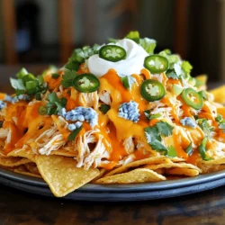 To make Loaded Buffalo Chicken Nachos, gather these key ingredients: - 2 cups cooked chicken, shredded - 1/2 cup buffalo sauce (mild or hot, depending on preference) - 1 bag (12 oz) tortilla chips - 1 1/2 cups shredded cheddar cheese - 1 cup crumbled blue cheese - 1/2 cup sour cream - 1/4 cup green onions, chopped - 1/2 cup jalapeños, sliced (optional) - Fresh cilantro for garnish (optional) Each ingredient plays a big role in flavor and texture. You need tender chicken, spicy sauce, and creamy cheese to create the perfect combo. When choosing brands, I have a few favorites that stand out: - Buffalo Sauce: Frank's RedHot is a classic for its tangy heat. - Tortilla Chips: Tostitos or Santitas offer great crunch and flavor. - Cheddar Cheese: Tillamook has rich, creamy cheddar that melts well. - Blue Cheese: Roquefort or Maytag blue cheese gives a strong taste. These brands help you create the best nachos. They work well together and enhance the dish. Choosing the right tortilla chips is key for great nachos. Here are my tips: - Look for Thickness: Thicker chips hold toppings better. - Check for Freshness: Look for bags with a recent date. - Flavor Matters: Try flavored chips like lime or chili for a twist. - Avoid Broken Chips: Whole chips are best for loading up toppings. Good chips make a big difference. They should be strong enough to hold all the tasty toppings without breaking. Making Loaded Buffalo Chicken Nachos is easy and fun. Follow these steps, and you’ll have a dish that everyone loves. First, gather your ingredients. You need cooked chicken, buffalo sauce, tortilla chips, cheese, and some toppings. Start by mixing the shredded chicken with buffalo sauce in a bowl. Make sure each piece of chicken gets coated. This step is key! The sauce gives the chicken its spicy kick. You can use mild sauce if you prefer less heat. Next, preheat your oven to 350°F (175°C). This temperature melts the cheese perfectly. Spread the tortilla chips on a baking sheet. Layer half of the cheddar cheese on top. Then, add the buffalo chicken evenly over the chips. Finally, sprinkle the rest of the cheese and blue cheese on top. Bake for about 10-15 minutes, until the cheese is melted and bubbly. Watch closely to avoid burning. Once done, take it out and let it cool for a minute. Top with sour cream, green onions, and optional jalapeños for extra flavor. Enjoy your Loaded Buffalo Chicken Nachos! For the complete recipe, check the Full Recipe above. To make the best loaded buffalo chicken nachos, start with fresh ingredients. Use high-quality chicken and a tasty buffalo sauce. You can make your own buffalo sauce or pick a jar that you love. The key is to balance the heat. If you want it milder, choose a mild sauce. For more kick, go with hot sauce. Layering is important too. Start with a good base of chips. Then, add half of the cheese first. This helps hold the toppings in place. Distribute the buffalo chicken evenly. This way, every bite is full of flavor. Don't skip the sour cream; it adds a cool touch. One common mistake is overcrowding the nachos. If you pile on too many toppings, the chips get soggy. Spread the chicken and cheese evenly to avoid this. Another mistake is using low-quality cheese. It can affect the melting and taste. Always choose a cheese that melts well, like cheddar or Monterey Jack. Don’t forget to watch your baking time. Overcooking can lead to burnt cheese and hard chips. Keep an eye on your nachos, and take them out when the cheese is bubbly. You can easily make these nachos your own. Try different types of cheese, like pepper jack for extra spice. Add toppings like diced tomatoes, olives, or avocado for freshness. If you want a crunch, toss on some crushed tortilla chips after baking. You can even switch the protein. Use pulled pork or ground beef instead of chicken. For a vegetarian option, try black beans or roasted veggies. No matter how you customize, each version can be a delicious treat. For the full recipe, check out the detailed instructions above. {{image_2}} When it comes to buffalo sauce, you have choices. Do you want heat or a milder flavor? Spicy buffalo sauce packs a punch. It’s great for those who love heat. Mild buffalo sauce offers a gentler taste. It works well for kids or those who prefer less spice. You can mix sauces too. Combine hot and mild for a balanced flavor. You can make tasty vegetarian nachos. Instead of chicken, use beans or roasted veggies. Black beans add protein and flavor. You can also try chickpeas for a nutty taste. For a hearty option, use grilled corn. These swaps keep nachos delicious while being meat-free. Don’t forget to load up on cheese and toppings! Cheese is key for flavor. If you want a twist, try pepper jack cheese. It adds a spicy kick. You can also use vegan cheese for a dairy-free option. Think about toppings too. Instead of jalapeños, try diced tomatoes or avocado. For crunch, add radishes or bell peppers. Each swap creates a new flavor experience. Experiment to find your favorite mix! For the full recipe, check out Loaded Buffalo Chicken Nachos . To keep your nachos fresh, store leftovers in an airtight container. First, let them cool down. Then, place a layer of plastic wrap or foil on top before sealing. This helps keep the moisture in and prevents drying out. Store them in the fridge for up to 2-3 days. When you’re ready to enjoy your nachos again, use the oven for the best taste. Preheat your oven to 350°F (175°C). Spread the nachos on a baking sheet. Heat them for about 10 minutes, or until the cheese melts again. This keeps the chips crispy and the flavors fresh. You can also use a microwave, but this may make the chips soggy. Freezing nachos is a choice, but it comes with pros and cons. Pros: - You can save them for later. - It helps reduce waste. Cons: - The texture may change after thawing. - Chips can become soft when frozen. If you decide to freeze, it’s best to freeze the chicken and cheese mix separately from the chips. This keeps the chips crunchy when you reheat them. If you want the full experience, consider making the nachos fresh again for the best taste. For the complete recipe, check the full recipe. The best way to make buffalo chicken is simple. Start with cooked chicken. You can use rotisserie chicken for speed. Shred the chicken into small pieces. In a bowl, mix the chicken with buffalo sauce. Adjust the amount of sauce based on how spicy you want it. Mix until the chicken is well-coated. This step adds great flavor. Yes, you can make Loaded Buffalo Chicken Nachos ahead of time. Prepare the buffalo chicken and toppings first. Store them in separate containers in the fridge. When you’re ready to eat, layer the tortilla chips on a baking sheet. Add the chicken and cheese. Bake as directed in the Full Recipe. This method keeps everything fresh and tasty. You can add many fun toppings to your nachos. Consider fresh diced tomatoes for color and taste. Sliced black olives bring a salty flavor. Avocado or guacamole offers creaminess. You can also use pickled jalapeños for extra heat. Experiment with different toppings to find your favorite mix! Loaded Buffalo Chicken Nachos are a fun and tasty dish. We covered the best ingredients, cooking steps, and tips to boost flavor. Remember to pick good tortilla chips and avoid common mistakes. You can also customize toppings to fit your taste. For leftovers, store them well and know how to reheat properly. Enjoy your nachos fresh or stored. With these tips, you’ll make nachos that impress every time. Happy cooking!