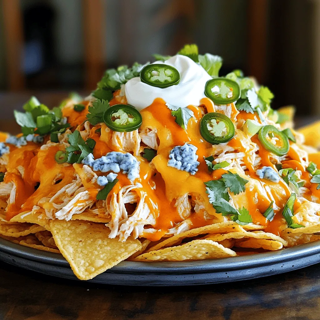 To make Loaded Buffalo Chicken Nachos, gather these key ingredients: - 2 cups cooked chicken, shredded - 1/2 cup buffalo sauce (mild or hot, depending on preference) - 1 bag (12 oz) tortilla chips - 1 1/2 cups shredded cheddar cheese - 1 cup crumbled blue cheese - 1/2 cup sour cream - 1/4 cup green onions, chopped - 1/2 cup jalapeños, sliced (optional) - Fresh cilantro for garnish (optional) Each ingredient plays a big role in flavor and texture. You need tender chicken, spicy sauce, and creamy cheese to create the perfect combo. When choosing brands, I have a few favorites that stand out: - Buffalo Sauce: Frank's RedHot is a classic for its tangy heat. - Tortilla Chips: Tostitos or Santitas offer great crunch and flavor. - Cheddar Cheese: Tillamook has rich, creamy cheddar that melts well. - Blue Cheese: Roquefort or Maytag blue cheese gives a strong taste. These brands help you create the best nachos. They work well together and enhance the dish. Choosing the right tortilla chips is key for great nachos. Here are my tips: - Look for Thickness: Thicker chips hold toppings better. - Check for Freshness: Look for bags with a recent date. - Flavor Matters: Try flavored chips like lime or chili for a twist. - Avoid Broken Chips: Whole chips are best for loading up toppings. Good chips make a big difference. They should be strong enough to hold all the tasty toppings without breaking. Making Loaded Buffalo Chicken Nachos is easy and fun. Follow these steps, and you’ll have a dish that everyone loves. First, gather your ingredients. You need cooked chicken, buffalo sauce, tortilla chips, cheese, and some toppings. Start by mixing the shredded chicken with buffalo sauce in a bowl. Make sure each piece of chicken gets coated. This step is key! The sauce gives the chicken its spicy kick. You can use mild sauce if you prefer less heat. Next, preheat your oven to 350°F (175°C). This temperature melts the cheese perfectly. Spread the tortilla chips on a baking sheet. Layer half of the cheddar cheese on top. Then, add the buffalo chicken evenly over the chips. Finally, sprinkle the rest of the cheese and blue cheese on top. Bake for about 10-15 minutes, until the cheese is melted and bubbly. Watch closely to avoid burning. Once done, take it out and let it cool for a minute. Top with sour cream, green onions, and optional jalapeños for extra flavor. Enjoy your Loaded Buffalo Chicken Nachos! For the complete recipe, check the Full Recipe above. To make the best loaded buffalo chicken nachos, start with fresh ingredients. Use high-quality chicken and a tasty buffalo sauce. You can make your own buffalo sauce or pick a jar that you love. The key is to balance the heat. If you want it milder, choose a mild sauce. For more kick, go with hot sauce. Layering is important too. Start with a good base of chips. Then, add half of the cheese first. This helps hold the toppings in place. Distribute the buffalo chicken evenly. This way, every bite is full of flavor. Don't skip the sour cream; it adds a cool touch. One common mistake is overcrowding the nachos. If you pile on too many toppings, the chips get soggy. Spread the chicken and cheese evenly to avoid this. Another mistake is using low-quality cheese. It can affect the melting and taste. Always choose a cheese that melts well, like cheddar or Monterey Jack. Don’t forget to watch your baking time. Overcooking can lead to burnt cheese and hard chips. Keep an eye on your nachos, and take them out when the cheese is bubbly. You can easily make these nachos your own. Try different types of cheese, like pepper jack for extra spice. Add toppings like diced tomatoes, olives, or avocado for freshness. If you want a crunch, toss on some crushed tortilla chips after baking. You can even switch the protein. Use pulled pork or ground beef instead of chicken. For a vegetarian option, try black beans or roasted veggies. No matter how you customize, each version can be a delicious treat. For the full recipe, check out the detailed instructions above. {{image_2}} When it comes to buffalo sauce, you have choices. Do you want heat or a milder flavor? Spicy buffalo sauce packs a punch. It’s great for those who love heat. Mild buffalo sauce offers a gentler taste. It works well for kids or those who prefer less spice. You can mix sauces too. Combine hot and mild for a balanced flavor. You can make tasty vegetarian nachos. Instead of chicken, use beans or roasted veggies. Black beans add protein and flavor. You can also try chickpeas for a nutty taste. For a hearty option, use grilled corn. These swaps keep nachos delicious while being meat-free. Don’t forget to load up on cheese and toppings! Cheese is key for flavor. If you want a twist, try pepper jack cheese. It adds a spicy kick. You can also use vegan cheese for a dairy-free option. Think about toppings too. Instead of jalapeños, try diced tomatoes or avocado. For crunch, add radishes or bell peppers. Each swap creates a new flavor experience. Experiment to find your favorite mix! For the full recipe, check out Loaded Buffalo Chicken Nachos . To keep your nachos fresh, store leftovers in an airtight container. First, let them cool down. Then, place a layer of plastic wrap or foil on top before sealing. This helps keep the moisture in and prevents drying out. Store them in the fridge for up to 2-3 days. When you’re ready to enjoy your nachos again, use the oven for the best taste. Preheat your oven to 350°F (175°C). Spread the nachos on a baking sheet. Heat them for about 10 minutes, or until the cheese melts again. This keeps the chips crispy and the flavors fresh. You can also use a microwave, but this may make the chips soggy. Freezing nachos is a choice, but it comes with pros and cons. Pros: - You can save them for later. - It helps reduce waste. Cons: - The texture may change after thawing. - Chips can become soft when frozen. If you decide to freeze, it’s best to freeze the chicken and cheese mix separately from the chips. This keeps the chips crunchy when you reheat them. If you want the full experience, consider making the nachos fresh again for the best taste. For the complete recipe, check the full recipe. The best way to make buffalo chicken is simple. Start with cooked chicken. You can use rotisserie chicken for speed. Shred the chicken into small pieces. In a bowl, mix the chicken with buffalo sauce. Adjust the amount of sauce based on how spicy you want it. Mix until the chicken is well-coated. This step adds great flavor. Yes, you can make Loaded Buffalo Chicken Nachos ahead of time. Prepare the buffalo chicken and toppings first. Store them in separate containers in the fridge. When you’re ready to eat, layer the tortilla chips on a baking sheet. Add the chicken and cheese. Bake as directed in the Full Recipe. This method keeps everything fresh and tasty. You can add many fun toppings to your nachos. Consider fresh diced tomatoes for color and taste. Sliced black olives bring a salty flavor. Avocado or guacamole offers creaminess. You can also use pickled jalapeños for extra heat. Experiment with different toppings to find your favorite mix! Loaded Buffalo Chicken Nachos are a fun and tasty dish. We covered the best ingredients, cooking steps, and tips to boost flavor. Remember to pick good tortilla chips and avoid common mistakes. You can also customize toppings to fit your taste. For leftovers, store them well and know how to reheat properly. Enjoy your nachos fresh or stored. With these tips, you’ll make nachos that impress every time. Happy cooking!