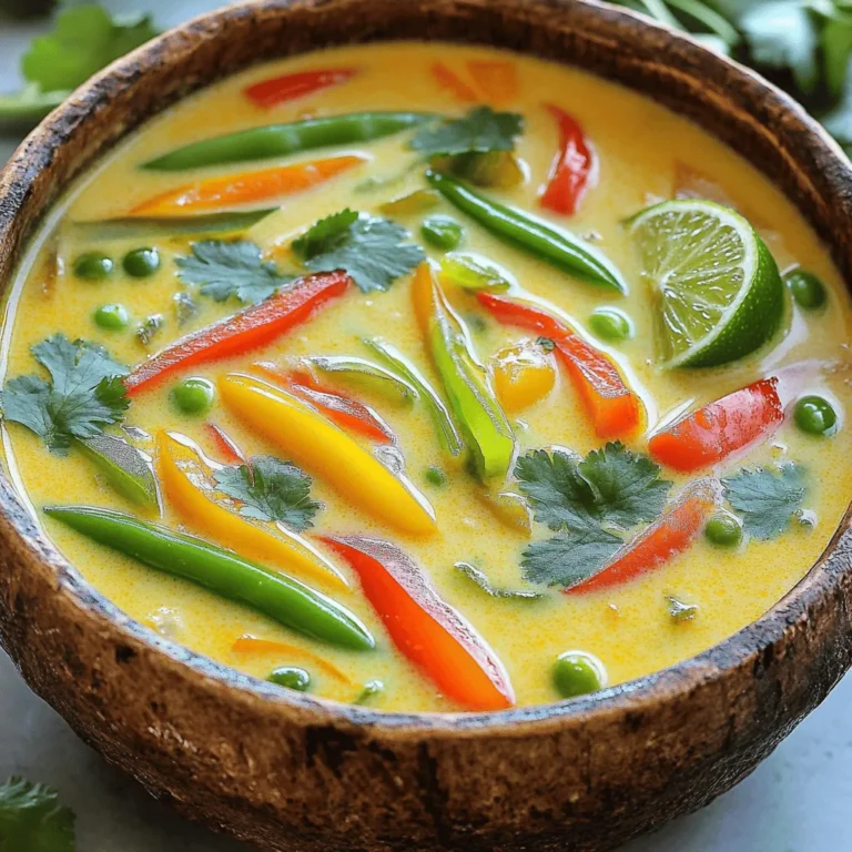 - 1 tablespoon coconut oil - 1 small onion, chopped - 3 cloves garlic, minced - 1 tablespoon fresh ginger, grated - 2 tablespoons red curry paste - 1 can (13.5 oz) coconut milk - 4 cups vegetable broth - 1 cup bell peppers (red and yellow), sliced - 1 cup carrots, julienned - 1 cup snap peas, trimmed - 1 tablespoon soy sauce or tamari (for gluten-free) - 1 tablespoon lime juice - Fresh cilantro, for garnish - Lime wedges, for serving - Salt and pepper to taste In this Thai Coconut Curry Soup, you will find a mix of bright flavors. Each ingredient plays a role in building the taste. I start with coconut oil. This oil gives the soup a rich base. Next, I add the onion, garlic, and ginger. They bring warmth and aroma. Sauté these until soft. Red curry paste adds depth and spice. I use two tablespoons for a balanced kick. Coconut milk makes the soup creamy and smooth. It pairs perfectly with the vegetable broth, which adds a savory element. For the vegetables, I choose bell peppers, carrots, and snap peas. They all add color and crunch. Each brings its own flavor. I finish with soy sauce and lime juice. These give brightness and umami. Finally, I garnish with fresh cilantro and lime wedges. These add freshness to each bowl. If you want to see how to put it all together, check out the Full Recipe. To start, you need a large pot. Heat the pot over medium heat. Add one tablespoon of coconut oil. Wait for it to melt. Then, add one chopped onion. Sauté for about 3-4 minutes. The onion should turn translucent. Next, add three minced garlic cloves and one tablespoon of grated ginger. Cook these for another 1-2 minutes. You want to smell their great aroma. Now it’s time to add flavor. Put in two tablespoons of red curry paste. Mix it well and let it cook for one more minute. After that, pour in one can of coconut milk and four cups of vegetable broth. Stir the mixture until it combines smoothly. Bring the soup to a gentle simmer. Cook it for 10 minutes to let the flavors meld together. Next, you will add the vegetables. Put in one cup of sliced bell peppers, one cup of julienned carrots, and one cup of trimmed snap peas. Cook the soup for another 5-7 minutes. The veggies should be tender but still crisp. Finally, stir in one tablespoon of soy sauce or tamari, and one tablespoon of lime juice. Season with salt and pepper to taste. Remove from heat and get ready to serve! For the full recipe, check out the ingredients and steps above. To balance coconut milk and spices, start with a good base. Use one can of coconut milk. This gives the soup a rich and creamy taste. Next, add red curry paste. Start with two tablespoons. Taste as you go. If it needs more heat, add more paste. Adjusting seasoning for taste is key. After cooking, taste the soup. Add soy sauce or tamari for saltiness. A squeeze of lime juice boosts flavor. Don’t forget to add salt and pepper. Each adjustment makes a difference. For cooking, I recommend a large pot. A Dutch oven works well. It heats evenly and holds heat well. This helps the flavors blend perfectly. When sautéing vegetables, heat the pot over medium heat. Add coconut oil first. Then, add onions and cook until soft. This step brings out natural sweetness. Next, add garlic and ginger. Cook just until fragrant. This builds a strong flavor base. For serving suggestions, ladle the soup into bowls. Garnish with fresh cilantro on top. It adds color and a fresh taste. Serve lime wedges on the side. This lets everyone add a burst of citrus. Consider serving with rice or crusty bread. This adds heartiness to the meal. A colorful plate makes the dish more inviting. Enjoy every spoonful of this comforting soup! {{image_2}} If you want a dairy-free soup, use coconut milk. It gives a creamy texture. For vegetables, swap bell peppers for zucchini or mushrooms. These add a nice bite. You can even use spinach for a pop of color and nutrition. Feel free to mix and match based on what you have on hand. Not all of us can handle heat the same way. You can change the spice level by using different curry pastes. A green curry paste is milder than red. If you want it hotter, try adding chili paste or fresh chilies. Start with a small amount and taste as you go. You can always add more, but you can’t take it out! Adding protein makes this soup heartier. You can include chicken for a classic touch. Simply cook it in the pot before adding the other ingredients. For a plant-based option, use firm tofu. Cut it into cubes and add it with the veggies. Shrimp is another great addition. Add it in the last few minutes of cooking for a tender bite. Each protein brings its unique flavor to the soup, making it even more delicious. For the full recipe, check out the main section. To keep your Thai Coconut Curry Soup fresh, store leftovers in an airtight container. This helps maintain flavor and texture. Make sure the soup cools to room temperature before sealing it. Place the container in the fridge. Use the leftovers within three to four days. If you want to freeze the soup, pour it into a freezer-safe container. Leave some space at the top for expansion. You can freeze it for up to three months. To reheat, let it thaw in the fridge overnight. Warm it gently on the stove over low heat. Stir often to avoid burning. When stored properly, your Thai Coconut Curry Soup can last a few days in the fridge. If frozen, it stays good for months. However, the best flavor comes when you eat it fresh. Always check for any off smells or changes in color before eating. Enjoy every bite! Thai Coconut Curry Soup is a warm and creamy dish. It blends rich coconut milk with spicy red curry paste. You will love the fresh taste of garlic, ginger, and veggies. Key ingredients include: - Coconut oil - Onion - Garlic - Ginger - Red curry paste - Coconut milk - Vegetable broth - Bell peppers - Carrots - Snap peas - Soy sauce or tamari - Lime juice - Fresh cilantro This soup is perfect for a cozy meal. It is both comforting and flavorful. To make this soup vegan, swap out a few ingredients. Use vegetable broth instead of chicken broth. Replace soy sauce with tamari for gluten-free options. You can also add more veggies or tofu for protein. Consider these suggestions: - Use tofu for protein. - Add more vegetables like zucchini or mushrooms. - Ensure the curry paste is vegan-friendly. These changes keep the soup tasty and plant-based. Yes, you can make this soup ahead of time. It stores well in the fridge. Here are some tips for prepping in advance: - Cook the soup and let it cool. - Store in an airtight container. - Reheat on the stove over low heat. The flavors will blend even more after sitting. Enjoy your ready-to-eat Thai Coconut Curry Soup anytime. For the full recipe, check out the detailed steps above. This blog post covered everything you need for Thai Coconut Curry Soup. We discussed the main ingredients, simple steps for cooking, and tips for flavor. You learned how to adapt the recipe with variations and best storage practices. In short, making this soup is easy and fun. You can customize it to suit your taste. Enjoy sharing this dish with friends and family!