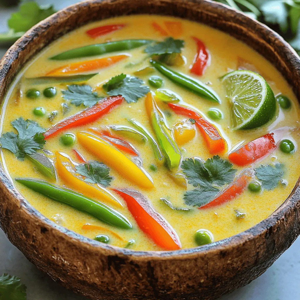 - 1 tablespoon coconut oil - 1 small onion, chopped - 3 cloves garlic, minced - 1 tablespoon fresh ginger, grated - 2 tablespoons red curry paste - 1 can (13.5 oz) coconut milk - 4 cups vegetable broth - 1 cup bell peppers (red and yellow), sliced - 1 cup carrots, julienned - 1 cup snap peas, trimmed - 1 tablespoon soy sauce or tamari (for gluten-free) - 1 tablespoon lime juice - Fresh cilantro, for garnish - Lime wedges, for serving - Salt and pepper to taste In this Thai Coconut Curry Soup, you will find a mix of bright flavors. Each ingredient plays a role in building the taste. I start with coconut oil. This oil gives the soup a rich base. Next, I add the onion, garlic, and ginger. They bring warmth and aroma. Sauté these until soft. Red curry paste adds depth and spice. I use two tablespoons for a balanced kick. Coconut milk makes the soup creamy and smooth. It pairs perfectly with the vegetable broth, which adds a savory element. For the vegetables, I choose bell peppers, carrots, and snap peas. They all add color and crunch. Each brings its own flavor. I finish with soy sauce and lime juice. These give brightness and umami. Finally, I garnish with fresh cilantro and lime wedges. These add freshness to each bowl. If you want to see how to put it all together, check out the Full Recipe. To start, you need a large pot. Heat the pot over medium heat. Add one tablespoon of coconut oil. Wait for it to melt. Then, add one chopped onion. Sauté for about 3-4 minutes. The onion should turn translucent. Next, add three minced garlic cloves and one tablespoon of grated ginger. Cook these for another 1-2 minutes. You want to smell their great aroma. Now it’s time to add flavor. Put in two tablespoons of red curry paste. Mix it well and let it cook for one more minute. After that, pour in one can of coconut milk and four cups of vegetable broth. Stir the mixture until it combines smoothly. Bring the soup to a gentle simmer. Cook it for 10 minutes to let the flavors meld together. Next, you will add the vegetables. Put in one cup of sliced bell peppers, one cup of julienned carrots, and one cup of trimmed snap peas. Cook the soup for another 5-7 minutes. The veggies should be tender but still crisp. Finally, stir in one tablespoon of soy sauce or tamari, and one tablespoon of lime juice. Season with salt and pepper to taste. Remove from heat and get ready to serve! For the full recipe, check out the ingredients and steps above. To balance coconut milk and spices, start with a good base. Use one can of coconut milk. This gives the soup a rich and creamy taste. Next, add red curry paste. Start with two tablespoons. Taste as you go. If it needs more heat, add more paste. Adjusting seasoning for taste is key. After cooking, taste the soup. Add soy sauce or tamari for saltiness. A squeeze of lime juice boosts flavor. Don’t forget to add salt and pepper. Each adjustment makes a difference. For cooking, I recommend a large pot. A Dutch oven works well. It heats evenly and holds heat well. This helps the flavors blend perfectly. When sautéing vegetables, heat the pot over medium heat. Add coconut oil first. Then, add onions and cook until soft. This step brings out natural sweetness. Next, add garlic and ginger. Cook just until fragrant. This builds a strong flavor base. For serving suggestions, ladle the soup into bowls. Garnish with fresh cilantro on top. It adds color and a fresh taste. Serve lime wedges on the side. This lets everyone add a burst of citrus. Consider serving with rice or crusty bread. This adds heartiness to the meal. A colorful plate makes the dish more inviting. Enjoy every spoonful of this comforting soup! {{image_2}} If you want a dairy-free soup, use coconut milk. It gives a creamy texture. For vegetables, swap bell peppers for zucchini or mushrooms. These add a nice bite. You can even use spinach for a pop of color and nutrition. Feel free to mix and match based on what you have on hand. Not all of us can handle heat the same way. You can change the spice level by using different curry pastes. A green curry paste is milder than red. If you want it hotter, try adding chili paste or fresh chilies. Start with a small amount and taste as you go. You can always add more, but you can’t take it out! Adding protein makes this soup heartier. You can include chicken for a classic touch. Simply cook it in the pot before adding the other ingredients. For a plant-based option, use firm tofu. Cut it into cubes and add it with the veggies. Shrimp is another great addition. Add it in the last few minutes of cooking for a tender bite. Each protein brings its unique flavor to the soup, making it even more delicious. For the full recipe, check out the main section. To keep your Thai Coconut Curry Soup fresh, store leftovers in an airtight container. This helps maintain flavor and texture. Make sure the soup cools to room temperature before sealing it. Place the container in the fridge. Use the leftovers within three to four days. If you want to freeze the soup, pour it into a freezer-safe container. Leave some space at the top for expansion. You can freeze it for up to three months. To reheat, let it thaw in the fridge overnight. Warm it gently on the stove over low heat. Stir often to avoid burning. When stored properly, your Thai Coconut Curry Soup can last a few days in the fridge. If frozen, it stays good for months. However, the best flavor comes when you eat it fresh. Always check for any off smells or changes in color before eating. Enjoy every bite! Thai Coconut Curry Soup is a warm and creamy dish. It blends rich coconut milk with spicy red curry paste. You will love the fresh taste of garlic, ginger, and veggies. Key ingredients include: - Coconut oil - Onion - Garlic - Ginger - Red curry paste - Coconut milk - Vegetable broth - Bell peppers - Carrots - Snap peas - Soy sauce or tamari - Lime juice - Fresh cilantro This soup is perfect for a cozy meal. It is both comforting and flavorful. To make this soup vegan, swap out a few ingredients. Use vegetable broth instead of chicken broth. Replace soy sauce with tamari for gluten-free options. You can also add more veggies or tofu for protein. Consider these suggestions: - Use tofu for protein. - Add more vegetables like zucchini or mushrooms. - Ensure the curry paste is vegan-friendly. These changes keep the soup tasty and plant-based. Yes, you can make this soup ahead of time. It stores well in the fridge. Here are some tips for prepping in advance: - Cook the soup and let it cool. - Store in an airtight container. - Reheat on the stove over low heat. The flavors will blend even more after sitting. Enjoy your ready-to-eat Thai Coconut Curry Soup anytime. For the full recipe, check out the detailed steps above. This blog post covered everything you need for Thai Coconut Curry Soup. We discussed the main ingredients, simple steps for cooking, and tips for flavor. You learned how to adapt the recipe with variations and best storage practices. In short, making this soup is easy and fun. You can customize it to suit your taste. Enjoy sharing this dish with friends and family!