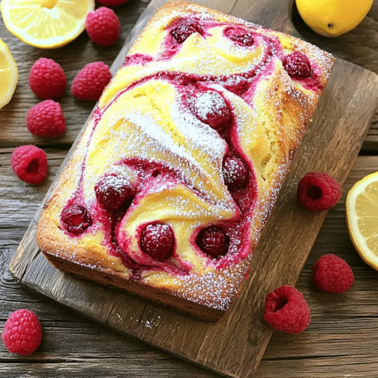 To make this Easy Lemon Raspberry Loaf, you will need: - 1 ¾ cups all-purpose flour - 1 cup granulated sugar - ½ cup unsalted butter, softened - 2 large eggs - 1 teaspoon vanilla extract - 1 tablespoon lemon zest - ½ cup freshly squeezed lemon juice - 1 teaspoon baking powder - ½ teaspoon baking soda - ¼ teaspoon salt - 1 cup fresh raspberries (or frozen, thawed, and drained) You can add a light touch of sweetness with: - Powdered sugar for dusting If you want to tweak the recipe, here are some good swaps: - Use coconut oil or applesauce instead of butter. - For eggs, try flaxseed meal mixed with water. - Choose gluten-free flour if you need a gluten-free loaf. These swaps help you enjoy the loaf without missing out on flavor! First, preheat your oven to 350°F (175°C). This step is key for even baking. Next, grab a 9x5-inch loaf pan. You can grease it with butter or line it with parchment paper. Lining the pan makes it easy to remove the loaf later. In a large bowl, combine the softened butter and granulated sugar. Use a hand mixer or stand mixer to cream them until light and fluffy. This should take about 3 to 4 minutes. Next, add the eggs one at a time. Make sure to mix well after each addition. Then, stir in the vanilla extract and lemon zest. Mixing them well ensures a nice flavor throughout the loaf. Now, in another bowl, whisk together the flour, baking powder, baking soda, and salt. This helps to evenly distribute the leavening agents. Gradually add this dry mix to your wet ingredients. Alternate this with the lemon juice, starting and ending with the flour mix. Be careful not to overmix; just stir until combined. Finally, gently fold in the fresh raspberries. This adds a delightful burst of flavor. When you fold, try not to break the berries too much. You want to keep those lovely, juicy bites intact. Remember, for the full recipe, check the detailed instructions above. To ensure your loaf is moist and flavorful, follow these simple steps: - Use room temperature butter; it mixes better. - Don’t skip the lemon zest; it adds great flavor. - Measure flour accurately; too much can dry out the loaf. - Always check your oven temperature; an oven thermometer can help. Common mistakes can ruin your loaf. Here’s how to avoid them: - Do not overmix the batter. Mix until just combined for a light loaf. - Ensure you bake for the full time. Underbaking leads to a soggy center. - If you see the top browning fast, cover it with foil. Serving your lemon raspberry loaf can be fun and easy: - Slice it after it cools, about 30 minutes on a wire rack. - Dust the top with powdered sugar for a sweet touch. - Pair it with whipped cream or a dollop of yogurt for added taste. - Enjoy it with a cup of tea or coffee for a perfect treat. These tips will help you create a delightful and tasty lemon raspberry loaf. For the full recipe, check out the link provided. {{image_2}} You can add many flavors to your lemon raspberry loaf. Try using blueberries or strawberries for a fun twist. You can also mix in orange or lime zest for a different citrus taste. Dried fruits like cranberries or apricots can add sweetness too. If you want a vegan option, replace eggs with flax eggs or applesauce. Use coconut oil instead of butter for a plant-based fat. For a low-sugar version, try using a sugar substitute like stevia or erythritol. Adjust your liquids for the best result. Make your loaf look pretty by adding a lemon glaze on top. Mix powdered sugar with lemon juice for a sweet drizzle. You can also top it with fresh raspberries or lemon slices. A sprinkle of powdered sugar makes it look fancy too. For a colorful touch, serve with whipped cream or yogurt on the side. For the full recipe, check out Easy Lemon Raspberry Loaf. You can store your lemon raspberry loaf at room temperature for up to two days. Just wrap it in plastic wrap or foil to keep it fresh. If you want it to last longer, place it in the fridge. This will help it stay good for about a week. However, the loaf may become a bit dry in the fridge. To enjoy it fresh, bring it back to room temperature before serving. To freeze your loaf, first let it cool completely. Then, wrap it tightly in plastic wrap, followed by aluminum foil. This double wrapping helps prevent freezer burn. You can freeze the loaf for up to three months. When you’re ready to eat it, move it to the fridge overnight to thaw. For a quicker method, you can leave it on the counter for a few hours. To ensure your lemon raspberry loaf stays fresh, always store it in an airtight container. If kept at room temperature, it should stay good for two days. In the fridge, it can last about a week. Freezing extends its shelf life to three months. Always check for any signs of spoilage before eating. Enjoy this tasty treat while it’s still fresh! To check if your loaf is done, use a toothpick. Insert it into the center of the loaf. If it comes out clean, the loaf is ready. If there is batter on the toothpick, bake it a bit longer. The top should be golden brown. You can also lightly press the top; it should spring back. Yes, you can use frozen raspberries. Just thaw them first and drain any excess water. This helps keep the batter from getting too wet. Gently fold them into the batter to avoid breaking them apart. Frozen raspberries work great and still taste delicious in the loaf. You can serve the loaf with a cup of tea or coffee. It pairs well with a light cream cheese spread. You can also add fresh berries or a dollop of whipped cream on top. For a fun twist, try a scoop of vanilla ice cream alongside the slice. Each of these options adds a tasty touch to your snack. For the full recipe, check out the Easy Lemon Raspberry Loaf. This blog post covered how to make a delicious lemon raspberry loaf. We explored ingredients like flour, butter, and fresh raspberries. I shared step-by-step instructions and tips to ensure your loaf stays moist and flavorful. You can even try different fruits or make dietary adjustments to suit your needs. In the end, this loaf is simple to prepare and a delight to eat. Enjoy your baking adventure, and remember that small changes can make a big difference.