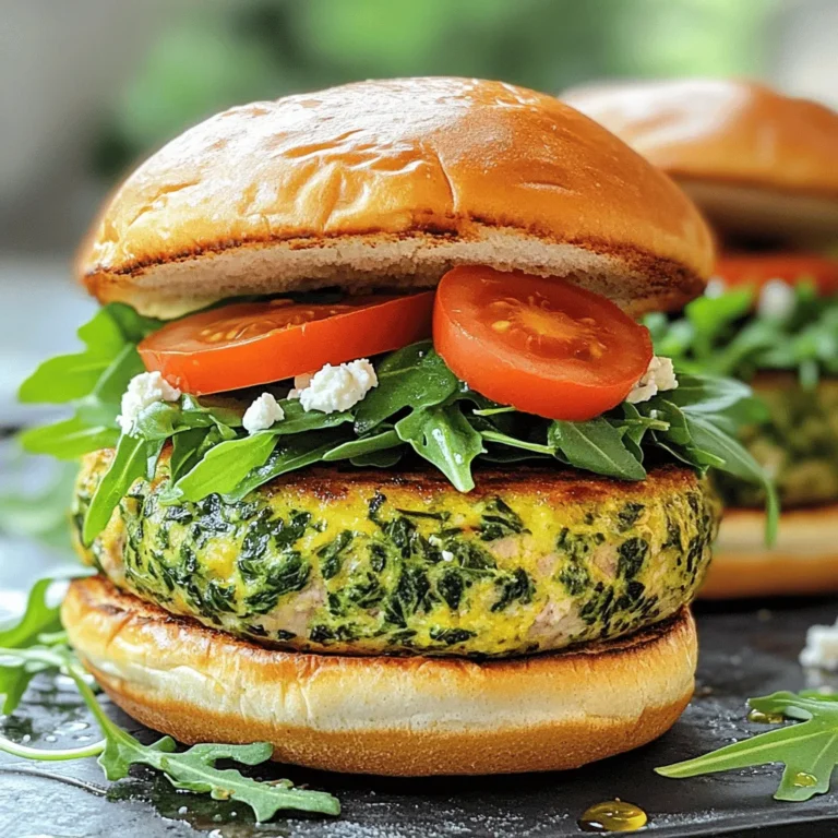 - 1 lb ground turkey - 1 cup fresh spinach, chopped - 1/2 cup feta cheese, crumbled These main ingredients create a juicy and flavorful burger. Ground turkey is lean and healthy. It keeps the burger moist while providing protein. Fresh spinach adds a touch of color and nutrients. Feta cheese brings a creamy, salty taste that makes each bite special. - 1/4 cup red onion, finely chopped - 2 cloves garlic, minced - 1/4 cup breadcrumbs (preferably whole wheat) Red onion gives a nice crunch and a hint of sweetness. Garlic adds depth and a rich aroma. Breadcrumbs help bind everything together, making the patties easy to handle. They also add a bit of texture to the burgers. - 1 tsp dried oregano - 1 tsp salt - 1/2 tsp black pepper - Whole grain burger buns - Fresh arugula or lettuce, for topping - Sliced tomatoes, for topping Oregano enhances the flavor and gives a hint of earthiness. Salt and black pepper bring out the taste of the other ingredients. Whole grain burger buns add fiber and a nutty flavor. Topping your burger with fresh arugula or lettuce and sliced tomatoes adds freshness and crunch. For the full recipe, check out the Spinach Feta Turkey Burgers section. In a large bowl, combine the ground turkey, chopped spinach, crumbled feta cheese, red onion, minced garlic, breadcrumbs, beaten egg, oregano, salt, and black pepper. Use your hands or a spatula to mix these ingredients. Be careful not to over-mix. Over-mixing can make your burgers tough. You want a nice, well-blended mixture without being mushy. Next, divide the mixture into four equal portions. Shape each portion into a patty about 1-inch thick. This size helps the burgers cook evenly. If you want a burger that fits perfectly on a bun, aim for a width that matches your buns. Press the center of each patty slightly to help them cook evenly. Now it’s time to cook! Preheat your skillet or grill pan over medium heat. Add a drizzle of olive oil to the pan. Once the oil is hot, add the turkey patties. Cook for about 5-6 minutes on one side until they turn golden brown. Flip the patties and cook for another 5-6 minutes. Make sure the internal temperature reaches 165°F (75°C). During the last minute, you can toast your burger buns on the edges of the skillet if you like. Now you're ready to enjoy your homemade spinach feta turkey burgers! For a complete guide, check the Full Recipe. To keep your turkey burgers moist, you must not overcook them. Ground turkey can dry out quickly, so aim for an internal temperature of 165°F (75°C). Use a meat thermometer to check this. If you want extra juiciness, consider adding a little olive oil to the meat mix. For thickness, shape your patties to about 1 inch. This size helps them cook evenly and stay juicy. If you make them too thin, they may dry out. You can choose to cook your burgers on a skillet or a grill. A skillet gives a nice sear and keeps moisture in. Heat the skillet over medium heat and add olive oil. Cook for 5-6 minutes on one side, then flip. If you prefer grilling, heat the grill to medium-high. Grill the patties for about 5-6 minutes on each side. This method adds a smoky flavor. You can also cook the burgers in the oven. Preheat the oven to 400°F (200°C). Place the patties on a baking sheet and cook for about 20 minutes. This method is easy and helps keep the burgers moist. For the best toppings, consider fresh arugula or crisp lettuce. Sliced tomatoes add great flavor and color. You can also add avocado or a dollop of Greek yogurt for creaminess. As for sides, pair your burgers with sweet potato fries or a fresh salad. You can also serve them with grilled veggies to keep the meal light and healthy. For more details, check the Full Recipe for ideas on how to serve these burgers perfectly. {{image_2}} If you want to switch up the flavor, try different cheeses. Goat cheese adds a tangy touch. For a dairy-free option, use a vegan feta made from almonds or tofu. You can also try cottage cheese for a lighter option. When it comes to breadcrumbs, you have choices too. If you need gluten-free, use almond flour or gluten-free breadcrumbs. For added flavor, crushed cornflakes work well. They give a nice crunch to your burger. To make your burgers pop, add spices or herbs. Try a pinch of cumin for warmth. Fresh herbs like dill or parsley can brighten the flavor. They pair nicely with the spinach and feta. You can also mix in different vegetables. Chopped bell peppers or grated zucchini can add moisture and flavor. They keep the turkey burgers juicy and colorful. If you need gluten-free options, skip the breadcrumbs. Just use extra spinach or a bit of ground oats. This keeps the burger tasty and helps bind it. For low-carb diets, wrap your burger in lettuce instead of using a bun. You can also serve it over a salad. If you want a vegan version, swap turkey for a plant-based ground meat. Replace the egg with a flax egg. This is made by mixing flaxseed meal with water. It helps bind the mixture just like an egg. With these variations, you can enjoy Spinach Feta Turkey Burgers in many ways! For the complete recipe, check out the Full Recipe. To store leftover burgers, place them in an airtight container. Keep them in the fridge for up to three days. If you want to save them longer, freeze the patties. Wrap each burger in plastic wrap, then put them in a freezer bag. They can last up to three months in the freezer. When reheating your turkey burgers, the best method is to use a skillet. Heat the skillet over medium heat and add a little olive oil. Place the burger in the skillet and cook for about 4 minutes on each side. This will help keep the burger moist. You can also use the microwave, but be careful. Microwaving can make the burgers dry. You can prepare these burgers in advance for easy meals. Make the turkey mixture and form the patties. Store them in the fridge for up to two days. When you are ready to cook, just heat the skillet and cook them. For quick meals, you can serve the burgers with a salad or some roasted veggies. They are tasty and healthy, making dinner a breeze. If you're looking for the full recipe, check it out [here](#). Cook turkey burgers for about 10 to 12 minutes. Start by cooking them for 5 to 6 minutes on one side. After flipping, cook for another 5 to 6 minutes. Make sure the internal temperature reaches 165°F (75°C). This ensures they are safe and juicy. Using a meat thermometer will help you check the temperature easily. Yes, you can use ground chicken. Both ground turkey and chicken have similar textures and flavors. However, ground chicken may be slightly more moist. Ground turkey has a milder taste, which lets spices shine through better. When you cook, remember that chicken can vary in fat content. This change might affect your burger's juiciness. There are many tasty side dishes that pair well. You can serve them with sweet potato fries for a healthier option. A fresh salad with mixed greens and a light dressing complements the flavors. You might also enjoy grilled vegetables or a quinoa salad. All these options add color and nutrition to your meal. For the full recipe, check out the complete cooking instructions. Spinach feta turkey burgers are flavorful and easy to make. This guide covered key ingredients like ground turkey, fresh spinach, and feta cheese. You learned how to form, cook, and store the burgers. Tips for perfection and variations added fun to the process. Tailor the recipe to your tastes or needs. Enjoy these burgers with your favorite sides and toppings. With practice, you'll impress everyone at your next meal!