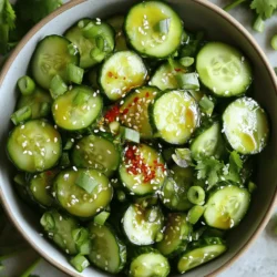 To make a delicious smashed cucumber salad, gather the following ingredients: - 4 medium cucumbers - 2 cloves garlic, minced - 1 tablespoon sesame oil - 2 tablespoons rice vinegar - 1 tablespoon soy sauce (or tamari for gluten-free) - 1 tablespoon honey or agave syrup - 1 teaspoon chili flakes (adjust to taste) - 2 green onions, chopped - 2 tablespoons toasted sesame seeds - Salt to taste Each ingredient plays a big role. The cucumbers give a fresh crunch. Garlic adds a nice punch of flavor. Sesame oil brings a lovely nutty taste. Rice vinegar adds brightness, while soy sauce gives depth. Honey or agave syrup balances the flavors. Chili flakes bring a hint of heat. Green onions add color and a mild onion taste. Toasted sesame seeds provide a delightful crunch. Finally, salt enhances all the flavors. When you use these ingredients together, you create a salad that is both fresh and flavorful. For the full recipe, you can check the Crunchy Smashed Cucumber Salad. Enjoy making this easy dish! 1. Clean and smash the cucumbers: Start by washing the cucumbers. Cut off both ends. Use the flat side of a knife or a rolling pin to smash each cucumber. You want them cracked but still chunky. This helps the flavors mix later. 2. Drain salted cucumbers: Place the smashed cucumbers in a colander. Sprinkle them with salt. Let them drain for about 10-15 minutes. This step helps remove extra water, making the salad crispier. 3. Prepare the dressing: In a large mixing bowl, add minced garlic, sesame oil, rice vinegar, soy sauce, honey, and chili flakes. Whisk all the ingredients together until they blend well. This dressing adds a burst of flavor to the salad. 1. Mix cucumbers with the dressing: Once the cucumbers have drained, rinse them under cold water. Pat them dry with a paper towel. Then, add the cucumbers to the bowl with the dressing. Toss gently to coat every piece. 2. Stir in green onions and sesame seeds: Next, add chopped green onions and toasted sesame seeds to the bowl. Mix everything well. This adds crunch and freshness to the dish. 3. Allow flavors to meld: Let the salad sit for at least 10 minutes before serving. This time allows the flavors to blend, making each bite delicious. Enjoy your crunchy smashed cucumber salad as a fresh and flavorful delight! For the full recipe, check the Crunchy Smashed Cucumber Salad section. To smash cucumbers effectively, start with clean cucumbers. Cut off the ends, then lay one cucumber on a cutting board. Use the flat side of a knife or a rolling pin to press down firmly. The goal is to crack the cucumber without turning it to mush. You want it to be chunky for the best texture. Salting the cucumbers is crucial. It helps to draw out excess water. After smashing, place the cucumbers in a colander and sprinkle salt over them. Let them drain for about 10 to 15 minutes. This step keeps your salad from being soggy and enhances the crunch you want. Adjusting spice levels is simple. If you like heat, add more chili flakes. Start with one teaspoon, then taste. You can always add more, but you can’t take it out once it's in. This lets you find the perfect balance for your palate. Adding herbs for freshness can elevate your salad. Fresh cilantro or mint adds a bright note. Chop them finely and mix them in just before serving. This little step boosts the flavor and makes your salad even more delightful. For the full recipe, check out Crunchy Smashed Cucumber Salad. {{image_2}} To make this smashed cucumber salad even more exciting, you can swap out some ingredients. If you need a gluten-free option, use tamari instead of soy sauce. Tamari gives a rich flavor without gluten. You can also switch up the vinegar. Try apple cider vinegar for a fruity punch. Or use white wine vinegar for a lighter taste. As for oils, you could replace sesame oil with olive oil. Olive oil adds a lovely, smooth touch. Want to turn this salad into a meal? Adding protein is easy and fun. You can toss in cubed tofu for a vegetarian option. Tofu absorbs flavors well and makes the salad hearty. If you prefer meat, grilled chicken works great too. Just chop it into bite-sized pieces before adding. Both options make the salad filling and nutritious. Enjoy exploring these variations to suit your taste! To store leftover smashed cucumber salad, place it in an airtight container. This helps keep the salad fresh and tasty. You can also cover the bowl with plastic wrap, but the container works best. Before sealing, remove as much air as possible. This keeps the salad from getting soggy. In the refrigerator, this salad stays good for about 3 days. Check for any signs it has gone bad. If the cucumbers look mushy or the dressing smells off, it's best to toss it. A good rule is to trust your senses. If it looks or smells strange, don't eat it. Can I make this salad ahead of time? Yes, you can make this salad ahead of time. It tastes even better after resting. Just let it chill in the fridge for a few hours. The flavors will blend nicely. What other dishes pair well with smashed cucumber salad? Smashed cucumber salad goes well with many dishes. Try it with grilled chicken, fish, or tofu. It also pairs nicely with rice or noodles. This salad adds a fresh touch to any meal. Is smashed cucumber salad healthy? Yes, smashed cucumber salad is healthy. Cucumbers are low in calories and high in water. The salad also includes garlic and sesame oil, which offer health benefits. It's a great way to add veggies to your diet. What to do if cucumbers are too watery? If your cucumbers are too watery, you can drain them longer. Use a colander and let them sit for 15-20 minutes. Pat them dry with a paper towel before mixing with the dressing. How to adjust flavor if too salty? If your salad is too salty, add more cucumbers. You can also add a bit of honey or sugar to balance the salt. Mixing in extra dressing can help too. For the complete recipe, check out the Crunchy Smashed Cucumber Salad recipe. This blog post shared a simple and tasty recipe for crunchy smashed cucumber salad. We explored each ingredient and step, ensuring you can make it with ease. I provided tips to enhance flavors and store leftovers properly. Smashed cucumber salad can be healthy and pairs well with many dishes. With a few tweaks, you can make it your own. Enjoy trying this refreshing salad at your next meal!