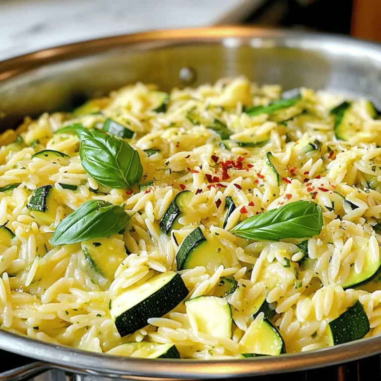 - 1 cup orzo pasta - 2 medium zucchinis, diced - 1 cup vegetable broth - 1 tablespoon olive oil - 3 cloves garlic, minced - Zest and juice of 1 lemon - 1/4 cup fresh basil, chopped - 1/4 teaspoon red pepper flakes (optional) - Salt and pepper to taste - Grated Parmesan cheese (optional for garnish) When I make Lemon Basil Zucchini Orzo, I love using fresh, vibrant ingredients. The orzo is the perfect base, soaking up all the flavors. Zucchini adds a nice crunch and a light taste. Using vegetable broth instead of water gives the dish more depth. The garlic is a must. It brings warmth and a rich aroma to the dish. Adding lemon zest and juice brightens everything up. Fresh basil gives a fresh flavor that pairs well with the lemon. If you want a little kick, the red pepper flakes work well too. Seasoning with salt and pepper is key. It helps balance the flavors. If you like, sprinkle some grated Parmesan on top for a creamy finish. Each bite is a burst of taste that you will surely enjoy. You can find the Full Recipe online for more details. To start, bring 4 cups of water to a boil in a medium pot. This step is crucial for cooking the orzo just right. Once the water is boiling, add 1 cup of orzo pasta. Cook the orzo according to the package instructions until it is al dente, which usually takes about 9-11 minutes. After cooking, drain the orzo and set it aside. This will ensure it stays firm and doesn’t get mushy. Next, grab a large skillet and heat 1 tablespoon of olive oil over medium heat. Add 3 cloves of minced garlic to the oil. Sauté the garlic for about 1 minute until it becomes fragrant, but be careful not to burn it. Burning garlic can make your dish taste bitter. After that, add 2 diced zucchinis to the skillet. Cook the zucchini for about 4-5 minutes until it starts to soften. If you like a bit of spice, you can sprinkle in 1/4 teaspoon of red pepper flakes at this stage. This is optional, but it adds a nice kick to the dish. Now, it’s time to bring everything together. Pour in 1 cup of vegetable broth and the juice of 1 lemon into the skillet. This gives the dish a bright, fresh flavor. Allow the mixture to come to a gentle simmer. Let it cook for about 3-4 minutes so the flavors can meld together and the zucchini gets tender. After that, stir in the cooked orzo, the zest of the lemon, and 1/4 cup of chopped fresh basil. Mix everything well. Season with salt and pepper to taste, then cook for another 2-3 minutes. This step helps the orzo absorb some of the broth and makes the dish creamy. Now you have a vibrant Lemon Basil Zucchini Orzo that is ready to serve! For the full recipe, check out the section above. To get a creamy texture, cook the orzo just right. When you drain it, leave a little broth. This keeps it moist as you mix in the veggies. Add the broth slowly while stirring to blend the flavors well. Taste as you go. Adjust the salt and pepper based on your liking. A squeeze of extra lemon juice can brighten the dish too. If you want to serve a big group, double the recipe easily. Just make sure to use a larger pot. For gatherings, serve the orzo in a big bowl. This invites everyone to help themselves. Pair it with a fresh salad or crusty bread for an easy meal. You can boost this dish by adding protein. Grilled chicken, shrimp, or chickpeas work well. They add fullness and make it a complete meal. Try adding other vegetables too. Spinach, bell peppers, or peas can add color and crunch. Feel free to experiment with herbs like thyme or dill for new tastes. For the full recipe, check out the details above! {{image_2}} You can easily make this dish gluten-free. Look for gluten-free orzo options made from rice or corn. They cook quite similarly to regular orzo. If you need broth, use gluten-free vegetable broth or make your own from fresh vegetables. Just simmer water with your favorite veggies for flavor. To make this dish vegan, simply skip the cheese. You can choose to add more veggies for texture and flavor. Chickpeas or lentils work well to boost protein. They also add a nice bite to the dish. Get creative with your herbs! You can try fresh parsley or dill instead of basil. These herbs bring a unique taste to the meal. If you want a different zing, swap lemon juice for lime or orange juice. Each option gives a fun twist to the dish. To keep Lemon Basil Zucchini Orzo fresh, store it in an airtight container. Place it in the fridge within two hours after serving. This helps keep flavors intact. Use it within three days for the best taste. For longer storage, you can freeze it. Just portion it into freezer-safe bags. Remove as much air as possible before sealing. This will prevent freezer burn. You can store it for up to three months in the freezer. When reheating orzo, use a skillet or microwave. If using a skillet, add a splash of vegetable broth to help it heat through. Stir gently to keep it creamy. In the microwave, cover the dish with a damp paper towel. This keeps moisture in while it heats. Heat in short intervals, checking often to avoid overcooking. Stir well before serving to distribute heat evenly. Key ingredients like pasta can last for years if stored dry and cool. Zucchini stays fresh in the fridge for about a week. Keep it in a plastic bag to maintain freshness. Fresh basil is best used within a few days but can last up to a week in water. To prevent spoilage, always check for signs of decay before using. Storing herbs in the fridge with stems in water can also extend their life. Cooking orzo takes about 9-11 minutes. You want it al dente, which means firm but not hard. To get this texture, boil water first. Add the orzo and stir. Check it at the lower time of 9 minutes. If it is still too firm, let it cook a bit longer. Drain it once done, and remember to rinse it with cold water. This stops the cooking and keeps it from getting mushy. Yes, you can make Lemon Basil Zucchini Orzo ahead. It will stay good in the fridge for 3-4 days. To prep, cook the orzo and veggies as usual. Let them cool before storing them in an airtight container. When you are ready to eat, reheat in a skillet or microwave. You can add a splash of broth to keep it moist. This dish pairs well with many sides. Try a simple green salad to add freshness. Grilled chicken or shrimp works nicely for protein. You could also serve crusty bread on the side for dipping. If you want more veggies, roasted asparagus or steamed broccoli can be great choices. For a light meal, Lemon Basil Zucchini Orzo stands alone as a tasty option. You can find the full recipe in the article. In this blog post, we explored the vibrant world of Lemon Basil Zucchini Orzo. We discussed the main ingredients, such as orzo pasta and fresh zucchinis, and how to enhance flavors with garlic and lemon. I shared easy steps to cook and combine the ingredients, along with tips to scale the recipe for any gathering. In summary, making this dish is simple and fun. You can experiment with different flavors and adjust it to fit your needs. Enjoy your cooking journey and delight in every bite!