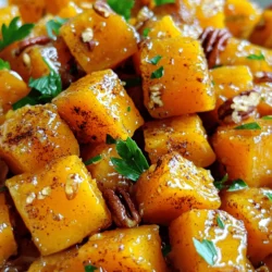 - 1 medium butternut squash, peeled and cubed - 3 tablespoons pure maple syrup - 2 tablespoons olive oil - 1 teaspoon cinnamon - 1/2 teaspoon nutmeg - Salt and pepper to taste - 1/4 cup pecans (optional) - Fresh parsley for garnish (optional) Using fresh, quality ingredients makes a big difference. The butternut squash brings a sweet, nutty flavor. Maple syrup adds a rich sweetness that pairs perfectly. Olive oil helps to roast the squash, making it tender and golden. For seasoning, cinnamon and nutmeg enhance the natural flavors. They add warmth and depth. Salt and pepper balance the sweetness. If you want a crunch, add pecans. They toast nicely in the oven for added texture. Fresh parsley brightens up the dish. You can find the full recipe with specific instructions later. Focus on these ingredients for a delicious maple glazed butternut squash. - Preheat your oven to 400°F (200°C). - Prepare the butternut squash by peeling and cubing it. Start by cutting off both ends of the squash. Use a sharp knife to slice it down the middle. Then, scoop out the seeds with a spoon. Peel the skin using a vegetable peeler. After that, cut the squash into cubes. Aim for about one-inch pieces for even cooking. - Combine the squash with maple syrup, olive oil, cinnamon, nutmeg, salt, and pepper. In a large bowl, add the cubed squash. Pour in the maple syrup and olive oil. Sprinkle in the cinnamon, nutmeg, salt, and pepper. Use your hands or a spoon to toss the squash well. Make sure each piece is coated. This step makes the squash flavorful and helps it caramelize nicely. - Spread the squash on a baking sheet and roast. - Stir halfway to ensure even cooking. Line a baking sheet with parchment paper. Spread the coated squash in a single layer on the sheet. Place the baking sheet in the oven. Roast for about 25 to 30 minutes. Halfway through, stir the squash for even cooking. Look for tender pieces with a slight caramelized edge. If you like, toss in the chopped pecans in the last five minutes. They will toast and add a nice crunch. Once done, remove the squash from the oven. Let it cool slightly before serving. You can find the full recipe details above! To get the best taste from your maple glazed butternut squash, measure your maple syrup carefully. Use a liquid measuring cup for accuracy. When adding spices, level them off with a knife for the right amount. This way, you avoid overpowering flavors. Coating the squash evenly is key. Toss it well in the mixing bowl so every piece gets the sweet glaze. Uneven coating can lead to some bites being bland. You want all the pieces to shine with flavor. How do you check for doneness? A fork is your best friend! Pierce the squash. If it goes in easily, it’s ready. You want it tender but not mushy. Stirring during roasting is crucial. Halfway through, take the baking sheet out and give it a good stir. This helps the squash brown evenly. It also makes sure each piece gets that lovely caramelization. Garnishing with fresh parsley adds a pop of color. Just chop a bit and sprinkle it on before serving. It makes your dish look fresh and inviting. For serving, consider pairing it with roasted chicken or quinoa. The sweetness of the squash works well with savory meats. It also adds a nice touch to a grain bowl. You can find the full recipe [here](Full Recipe). {{image_2}} You can easily boost the flavor of maple glazed butternut squash. Adding citrus zest, like orange or lemon, gives a bright punch. The zest adds freshness that pairs well with the sweet maple syrup and earthy squash. You can also introduce garlic or shallots to deepen the taste. Sautéing garlic or shallots before mixing with the squash adds a savory layer. If you need it to be vegan-friendly, just use maple syrup as your sweetener. This dish is already plant-based, so you can enjoy it without worry. For gluten-free options, ensure your maple syrup is pure and not mixed with gluten-containing ingredients. This way, everyone can enjoy this tasty dish. You don’t have to stick to maple syrup. Honey or agave syrup works well too if you want a different flavor. They each bring their own sweetness that complements the squash. For added crunch, you can swap in alternative nuts or seeds. Try walnuts, almonds, or pumpkin seeds for a fun twist. For the full recipe, check out the detailed steps provided earlier. After making maple glazed butternut squash, let it cool to room temperature. Then, place the leftovers in an airtight container. This helps keep the squash fresh. Store it in the fridge where it stays good for about 3 to 5 days. If you plan to eat it later, you can freeze it for up to 3 months. Just remember to label your container with the date. When reheating, you want to keep the texture just right. Use the oven for best results. Preheat it to 350°F (175°C). Place the squash on a baking sheet and cover it with foil. This helps it warm evenly without drying out. If you prefer the microwave, use a microwave-safe dish. Add a splash of water to keep it moist, and cover it loosely. To avoid sogginess, don't overheat. Check the squash every minute or so. You want it warm but not mushy. Enjoy your tasty leftovers just like the first time! How do I know when butternut squash is fully roasted? You can tell butternut squash is cooked when it is soft and fork-tender. The edges should be a bit caramelized. Cooking times can vary, so check around 25 minutes. You want a nice golden color. Stir the squash halfway through to ensure even roasting. Can I use frozen butternut squash for this recipe? Yes, you can use frozen butternut squash. Just remember to thaw it first. Drain any excess water before adding it to the bowl. This helps the squash absorb the flavors better. The texture might be a bit softer than fresh, but it will still taste great! What are the health benefits of butternut squash? Butternut squash is low in calories and high in vitamins. It is rich in vitamin A, which is great for your eyes. It also contains fiber, which helps with digestion. Plus, it has antioxidants that support your immune system. Eating it can help you feel full and satisfied. Is maple syrup a healthy sweetener option? Maple syrup is a better choice than refined sugar. It has minerals like manganese and zinc. It also contains antioxidants, which can help fight inflammation. However, it is still high in sugar, so use it in moderation. Can this recipe be made in an air fryer? Yes, you can easily make maple glazed butternut squash in an air fryer. Preheat your air fryer to 375°F (190°C). Cook the squash for around 15-20 minutes. Shake the basket halfway through to ensure even cooking. This method gives a nice crisp texture. How to cook butternut squash on the stovetop? You can cook butternut squash on the stovetop by steaming or sautéing. Cut the squash into smaller pieces for quicker cooking. Add a little water to a pot and steam until tender, around 10-15 minutes. For sautéing, heat olive oil in a pan and cook until golden. This method can also enhance the flavor! For the full recipe, check out the Maple Glazed Butternut Squash recipe above. This blog post covered how to make roasted butternut squash with maple syrup. You learned about the key ingredients, preparation steps, and tips to enhance flavor. We also discussed variations and storage tips to keep your dish fresh. Embrace your creativity by trying different flavors. Whether you're sticking to the basics or experimenting, your roasted squash will be a hit. Remember, it’s all about making it your own! Happy cooking!