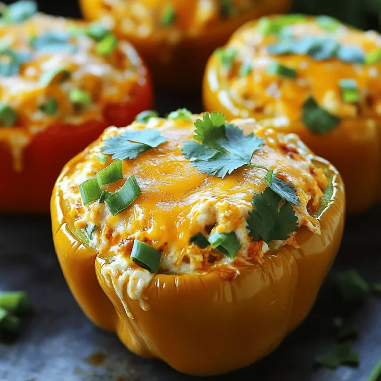 Here’s what you need for Buffalo Chicken Stuffed Peppers: - 4 large bell peppers (any color) - 2 cups cooked shredded chicken - 1/2 cup hot sauce (like Frank's RedHot) - 1/2 cup cream cheese, softened - 1 cup shredded cheddar cheese - 1/2 cup chopped green onions - 1 teaspoon garlic powder - 1 teaspoon onion powder - Salt and pepper to taste - Fresh cilantro for garnish (optional) Each ingredient plays a key role. The bell peppers serve as the tasty base. They add color and crunch. The chicken gives protein, while hot sauce brings the heat. Cream cheese adds creaminess, making each bite rich. Cheddar cheese melts beautifully, creating a gooey layer on top. Green onions add a fresh, mild onion flavor. Spices like garlic and onion powder enhance the filling. Don’t forget salt and pepper; they tie all the flavors together. If you like, add cilantro for a burst of freshness. This recipe is simple but packed with flavor. For the full recipe, check out the instructions. - Preheat your oven to 375°F (190°C). - Cut the tops off the bell peppers and remove the seeds and membranes. - In a bowl, combine shredded chicken, hot sauce, cream cheese, cheddar cheese, green onions, garlic powder, onion powder, salt, and pepper. - Mix well until everything blends nicely. - Spoon the buffalo chicken mixture into each bell pepper. Pack the filling tightly. - Top each stuffed pepper with more cheddar cheese for a cheesy finish. - Cover the baking dish with foil and bake for 25 minutes. - After 25 minutes, remove the foil. Bake for another 10-15 minutes until the cheese is melted and the peppers are tender. For more details, check the Full Recipe. - Ensure chicken is thoroughly cooked before shredding. This gives the best flavor. - Experiment with different hot sauces for varying heat levels. You can find one that fits your taste. - Serve with celery sticks and blue cheese dressing for dipping. This adds a crunchy contrast. - Pair with a hearty salad or tortilla chips. Both add a nice texture to the meal. - Garnish with fresh cilantro before serving. This adds a pop of color and taste. - Use colorful bell peppers for a visually appealing dish. Mix colors for a fun look. Feel free to check out the Full Recipe for more details on making these delicious Buffalo Chicken Stuffed Peppers! {{image_2}} You can make your Buffalo Chicken Stuffed Peppers healthier with a few simple swaps. - Substitute cream cheese with Greek yogurt for a lighter option. This swap adds creaminess while cutting calories. - Use turkey or shredded vegetables as a different protein source. Turkey has less fat, and veggies add great texture and nutrients. Spice up your dish with a few flavor boosts. - Add spices like cumin or smoked paprika for depth. These spices add warmth and a little smokiness. - Incorporate black beans or corn into the filling for texture. They add fiber and make the meal heartier. You can easily adapt this recipe for different diets. - Make it gluten-free by using gluten-free sauces. Check labels to ensure your hot sauce is gluten-free. - Adapt for vegetarian diets by using plant-based proteins. Options like lentils or chickpeas work well and are filling. These variations keep the essence of Buffalo Chicken Stuffed Peppers while customizing them to fit your needs. For the complete recipe, check out the Full Recipe. Store any unused stuffed peppers in an airtight container. Keep them in the refrigerator for up to 3 days. This helps keep them fresh and tasty. You can freeze baked stuffed peppers too. Wrap each pepper in plastic wrap. Place them in a freezer bag. They will stay good for up to 2 months. Just remember to label the bag with the date. When you are ready to enjoy them again, reheat in the oven. Set it to 350°F (175°C). Bake until they are warmed through. This method keeps them moist and tasty. For quick bites, you can use the microwave, but the oven gives the best results. Yes, you can prepare the filling and stuff the peppers a day in advance. Just cover them and store in the fridge. This makes meal time quick and easy. Pair them with a side salad, rice, or crusty bread for a complete meal. A fresh salad adds crunch and balance. Rice soaks up all the delicious sauce. The peppers should be tender, and the cheese should be melted and bubbly. You want the cheese to look golden and slightly brown for great flavor. Yes, sweet mini peppers or poblano peppers work great too! These options bring their own unique taste. You can mix and match for fun colors and flavors. Store in an airtight container in the refrigerator or freeze for later use. This keeps them fresh and tasty. Reheat in the oven for the best results. For the full recipe, check out the recipe section above! Buffalo Chicken Stuffed Peppers are tasty and easy to make. We started with simple ingredients and followed easy steps. You learned how to prepare, stuff, and bake these peppers. Tips and variations help you adjust for your taste. Remember, you can enjoy them fresh or store leftovers. Keep experimenting and have fun with your meals. Enjoy your cooking journey!
