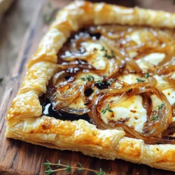 - 4 large yellow onions, thinly sliced - 2 tablespoons olive oil - 2 tablespoons unsalted butter - 1 teaspoon sugar - 1 teaspoon salt - 1 cup ricotta cheese - 1 cup shredded mozzarella cheese - 1 pre-made puff pastry sheet (thawed) - 1 teaspoon fresh thyme leaves (or ½ teaspoon dried thyme) - Freshly cracked black pepper, to taste - Balsamic glaze (for drizzling, optional) Gathering these ingredients makes cooking fun and simple. The onions form the base of our tart. They bring a sweet, rich flavor when caramelized. I love using large yellow onions because they caramelize well. The butter and olive oil help the onions cook evenly. The sugar adds sweetness, while salt enhances the flavor. For the cheese, ricotta gives a creamy base. The mozzarella melts beautifully, adding a nice stretch. The puff pastry is light and flaky. It creates a perfect shell for our tart. Optional add-ins can take this dish to the next level. Fresh thyme adds a lovely herb taste. Black pepper adds a bit of heat. A drizzle of balsamic glaze at the end makes it even better. For the full recipe, check out the details above. - Preheat the Oven: Set your oven to 400°F (200°C). This high heat helps the tart get crispy. - Caramelize the Onions: In a large skillet, heat 2 tablespoons of olive oil and 2 tablespoons of butter over medium heat. Once hot, add 4 large sliced onions, 1 teaspoon of salt, 1 teaspoon of sugar, and 1 teaspoon of fresh thyme. Stir often for about 25-30 minutes. You want the onions to turn golden brown and sweet. Add thyme for the last 5 minutes and then take them off the heat. - Prepare the Puff Pastry: Take 1 sheet of thawed puff pastry. Roll it out on a floured surface to smooth out any creases. Then, move it to a baking sheet lined with parchment paper. Trim the edges if you want a neat look. - Spread the Cheese: In a small bowl, mix 1 cup of ricotta cheese with a pinch of freshly cracked black pepper. Spread this mixture evenly over the puff pastry, leaving a little edge all around. - Layer the Onions: Spoon the caramelized onions over the ricotta cheese. Make sure to spread them out evenly. Top it all with 1 cup of shredded mozzarella cheese. - Bake: Place the tart in the preheated oven. Bake it for 20-25 minutes, or until the pastry is golden and bubbly. The cheese should melt and look irresistible. You can find the full recipe [here](#). To get the best flavor from your onions, follow these tips: - Use a wide pan for even cooking. - Cut onions into even slices to cook uniformly. How to avoid burning? Keep the heat low and stir often. If the onions start to brown too fast, lower the heat. This way, you get sweet, rich flavor without burnt bits. Serve your tart on a rustic wooden board for charm. Slice it into wedges for easy sharing. Add a side of mixed greens for a nice contrast and extra crunch. For garnishing, consider fresh thyme or parsley. Just sprinkle some on top before serving. It adds color and freshness. Want to change up the flavor? You can add different cheeses! Try goat cheese or feta for a tangy twist. Mixing in ricotta and mozzarella gives a creamy texture. You can also incorporate other vegetables. Sautéed mushrooms or spinach can add depth. Just chop them small and mix them in with the onions before layering. For the full recipe, check out the complete guide! {{image_2}} Using fall harvest vegetables can add depth to your tart. Consider adding roasted squash or sautéed mushrooms. These ingredients enhance the sweetness of the caramelized onions. They also add rich textures and flavors. You can mix seasonal greens for extra freshness. Incorporating different cheese blends can elevate the taste of your tart. Try mixing goat cheese with ricotta for a tangy twist. Aged cheddar can add a sharp flavor that contrasts well with the sweetness of the onions. Experiment with whatever you enjoy or have on hand. For gluten-free options, look for gluten-free puff pastry. Many brands offer this. Always check the label to ensure it meets your needs. You can also use a homemade almond flour crust for a nutty flavor. If you're aiming for a vegan version, substitute the cheese with vegan cheese. There are many delicious options available. Cashew cheese can also work well. Just blend soaked cashews with lemon juice, nutritional yeast, and a pinch of salt for a creamy spread. Adding spicy ingredients can give your tart a kick. Consider mixing in some red pepper flakes or sliced jalapeños. This adds heat and excitement to each bite. You can also use spicy cheeses like pepper jack for a different flair. On the sweeter side, try adding fruits like figs or pears. They pair beautifully with the onion's sweetness. A drizzle of honey can also enhance the flavors. Both options create a delightful contrast with the savory aspects of the tart. For the full recipe, check out the Caramelized Onion Tart section. To keep your caramelized onion tart fresh, let it cool first. Wrap it tightly with plastic wrap or foil. This helps keep moisture in. Use a shallow container for easy stacking in your fridge. When you're ready to enjoy your leftovers, reheating is key. The oven is best for crispy results. Set it to 350°F (175°C). Bake for about 10-15 minutes. This warms it up without making it soggy. If you use a microwave, heat in short bursts. This may make the crust soft, so be careful. You can freeze leftovers for later. Wrap slices tightly in plastic wrap. Then, place them in a freezer bag. Make sure to remove as much air as possible. This prevents freezer burn. To reheat, let it thaw in the fridge overnight. Then, bake as mentioned before to regain that perfect crispiness. Enjoy your delicious caramelized onion tart at any time! For caramelizing, yellow onions are the best choice. They have a natural sweetness that enhances the flavor. You can also use sweet onions, like Vidalia or Walla Walla. They caramelize well and add a nice taste to your dish. Avoid red onions, as they do not sweeten up like yellow ones. Yes, you can make this tart ahead of time. Prepare the tart completely, then cool it. Wrap it in plastic wrap and store it in the fridge for up to two days. To serve, just reheat it in the oven at 350°F (175°C) until warm. This will help keep the crust crispy. This tart pairs well with a fresh salad. A simple mixed greens salad with a light vinaigrette works great. You can also serve it with roasted vegetables or a side of soup. These options add flavor and balance to your meal. You've learned how to create a delicious caramelized onion tart with simple steps. We covered key ingredients, from onions to cheeses. I shared tips for perfecting your tart and ways to store leftovers. You can customize flavors and even make it vegan. In the end, this tart is a versatile dish. It’s easy to make and great for any occasion. Share your unique twists on this classic recipe and enjoy!