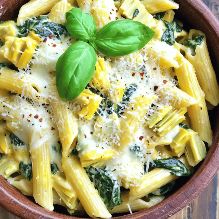To make Cheesy Spinach Artichoke Pasta, gather these key ingredients: - 8 oz (225g) pasta (penne or fusilli) - 1 cup fresh spinach, chopped - 1 cup artichoke hearts (canned or jarred), drained and chopped - 1 cup cream cheese, softened - 1 cup shredded mozzarella cheese - 1/2 cup grated Parmesan cheese - 2 cloves garlic, minced - 1/2 teaspoon red pepper flakes (optional) - 1/2 teaspoon dried oregano - 1/4 teaspoon black pepper - Salt to taste - 1 tablespoon olive oil - Fresh basil leaves for garnish (optional) These ingredients bring together rich flavors and creamy textures. They create a dish that is both filling and comforting. I love using fresh spinach and artichoke hearts as they add great taste and color. The mix of cheeses gives a rich, cheesy flavor. You can choose penne or fusilli pasta based on your preference. Each pasta shape holds the sauce well, making every bite delicious. For a little kick, add red pepper flakes. They are optional but enhance the flavor. The garlic and spices bring out the best in this dish. You can easily find these ingredients at your local grocery store. For the full recipe, check out the cooking instructions to create this delightful meal. First, fill a large pot with water. Add salt to the water. This step makes the pasta flavorful. Bring the water to a boil over high heat. Once boiling, add 8 oz of penne or fusilli pasta. Cook according to the package instructions until it is al dente. When done, drain the pasta but save about 1/2 cup of the pasta water. Set the pasta aside. Now, take the same pot and place it back on medium heat. Add 1 tablespoon of olive oil. Wait for the oil to heat up. Then, add 2 minced garlic cloves. Sauté the garlic for 1-2 minutes. You want it to smell nice, but don’t let it brown. Next, reduce the heat to low. Add 1 cup of softened cream cheese to the pot. Stir it constantly until it melts and becomes creamy. This is the base of your cheese sauce. Then, gradually stir in 1 cup of shredded mozzarella cheese and 1/2 cup of grated Parmesan cheese. Keep stirring until all the cheese is melted. If it gets too thick, add a bit of the reserved pasta water to make it creamy. Now, it’s time to add some color and nutrition. Stir in 1 cup of chopped spinach and 1 cup of chopped artichoke hearts. You can use canned or jarred artichokes. If you like a little heat, add 1/2 teaspoon of red pepper flakes too. Mix everything until the spinach wilts and everything is well combined. Finally, add the cooked pasta to your cheese and veggie mix. Toss gently to coat all the pasta well. Taste your dish and add salt if needed. Let it sit for a minute before serving. This dish is full of flavor and so creamy! Serve it in bowls and enjoy your Cheesy Spinach Artichoke Pasta. For a full recipe, check the [Full Recipe]. To get the best texture, you want your pasta cooked just right. Cooking pasta al dente means it is firm to the bite. This keeps the pasta from getting mushy when mixed with the creamy sauce. Follow the package time for al dente. For softer pasta, cook it an extra minute. Remember to reserve some pasta water before draining! This water helps adjust the sauce's thickness later. Cheese can be tricky. To get that creamy goodness, melt your cream cheese first over low heat. Stir it constantly until it turns smooth. Then, slowly add mozzarella and Parmesan. This gradual addition helps each cheese melt evenly. If it feels too thick, add a splash of reserved pasta water. This will help create a silky sauce. Want to spice things up? Add red pepper flakes for some heat. You can also mix in fresh herbs, like thyme or parsley, for bright flavor. A squeeze of lemon juice at the end adds a fresh twist. For extra depth, consider adding sautéed mushrooms or sun-dried tomatoes. Each of these will make your pasta pop with flavor. {{image_2}} You can boost your Cheesy Spinach Artichoke Pasta with protein. Try adding grilled chicken for a hearty touch. Shrimp is another great choice, giving a seafood twist. If you want a plant-based option, tofu works well too. Simply sauté it until golden and mix it in. If you want to change up the veggies, consider adding bell peppers or mushrooms. Zucchini also adds nice flavor and texture. You can even throw in some sun-dried tomatoes for a burst of sweetness. The key is to choose vegetables that you love, making each bite a delight. For those who need gluten-free options, there are many great pasta substitutes. Look for brown rice pasta or quinoa pasta for a good texture. You can also try chickpea pasta for added protein. Just cook them according to package instructions, and they will blend well with the sauce. For the complete recipe, you can find it in the Full Recipe section. To keep your cheesy spinach artichoke pasta fresh, store it in an airtight container. Place it in the fridge for up to three days. If you want to save it longer, freeze it. Use freezer-safe containers and make sure to label them with the date. This helps you keep track of what you have. Reheating is easy! You can use the microwave or stovetop. For the microwave, put the pasta in a bowl. Add a splash of water to keep it moist. Cover it with a damp paper towel and heat for 1-2 minutes. Stir halfway through to make sure it heats evenly. If using the stovetop, place it in a pan over low heat. Add a little cream or water to help it stay creamy. Stir often until it’s hot. When stored properly, your leftovers last about three days in the fridge. If frozen, they can last up to three months. After that, they may lose flavor and texture. Always check for odd smells or changes in color before eating. Yes, you can prepare this dish ahead of time. Cook the pasta and make the sauce as directed. After mixing, allow it to cool. Store in an airtight container in the fridge for up to 2 days. When ready to eat, just reheat on the stove. Add a splash of reserved pasta water to keep it creamy. If you want a lighter option, consider using Greek yogurt or ricotta cheese. Both provide creaminess without the extra fat. For a dairy-free choice, try cashew cream or coconut cream. These options will give you a nice texture while keeping the flavor delicious. To boost flavor, add more spices like garlic powder or Italian seasoning. You can also include sautéed onions or bell peppers for extra taste. A splash of lemon juice brightens the dish and enhances the flavors. Don’t forget to taste as you go, adjusting the salt and pepper. Yes, frozen spinach works well here. Thaw and drain it before adding to the dish. Squeeze out excess water to avoid a watery sauce. Frozen spinach is just as nutritious and saves prep time. It’s a great option if fresh spinach isn't available. This recipe covers the essentials for a delicious Cheesy Spinach Artichoke Pasta. You learned about the key ingredients, from pasta to cheeses and vegetables. The step-by-step instructions guide you through cooking and mixing everything just right. Remember the tips for perfect texture and flavor. You can also customize your dish with protein or vegetarian options. Storing and reheating it will keep your leftovers tasty. With these insights, you can create a meal everyone will love. Dive in and enjoy your cooking adventure!