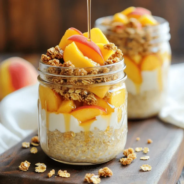 To make Peach Cobbler Overnight Oats, you need simple and fresh ingredients. Here’s what you’ll gather: - 1 cup rolled oats - 1 ½ cups almond milk (or any milk of choice) - 1 medium ripe peach, diced - 1 tablespoon maple syrup (adjust for sweetness) - 1 teaspoon vanilla extract - ½ teaspoon ground cinnamon - ¼ teaspoon nutmeg - 1 tablespoon chia seeds (optional) - ¼ cup Greek yogurt (optional, for creaminess) - Fresh peach slices and granola for topping These ingredients create a tasty blend that mimics the flavors of peach cobbler. Using rolled oats is key. They soak up the milk, making them soft and creamy. Almond milk adds a nice flavor, but feel free to choose any milk you like. Fresh peaches are the star here, bringing sweetness and a burst of fruity taste. Sweeteners like maple syrup give just the right amount of sweetness. Vanilla extract enhances the flavor. Ground cinnamon and nutmeg add warmth and spice, making your oats feel cozy. Chia seeds are optional but can help thicken the oats. If you want a richer dish, add Greek yogurt for creaminess. Finally, topping your oats with fresh peach slices and granola adds crunch and makes your dish look pretty. This combination makes your meal not just filling, but also delightful. For the full recipe, check the detailed instructions to make Peach Cobbler Overnight Oats. To start, gather your ingredients. You will need rolled oats, almond milk, and diced peaches. In a large bowl, combine the rolled oats with the almond milk. Add in maple syrup, vanilla extract, ground cinnamon, nutmeg, and chia seeds if you want. Stir these together until mixed well. Then, gently fold in the diced peach. If you like your oats creamy, this is the time to add Greek yogurt. Next, divide the mixture evenly into two or three jars. Seal them tightly. Place the jars in the fridge. Let them sit overnight or for at least 4 to 6 hours. This soaking time softens the oats and allows all the flavors to blend together. When you're ready to eat, take the jars out of the fridge. Stir the oats to check if they need more milk. This helps you get the right texture. Top your oats with reserved peach slices and a sprinkle of granola. This adds a nice crunch and makes it look pretty. For the full recipe, check above. Enjoy your Peach Cobbler Overnight Oats! Soaking the oats is key. The longer you soak, the softer they get. Aim for at least 4-6 hours in the fridge. You can soak overnight for the best results. If you want a creamier mix, add more milk. Start with a little and adjust until you like the texture. To boost flavor, add spices like nutmeg or more cinnamon. You can also sweeten with honey or maple syrup. For crunch, sprinkle granola or nuts on top. Fresh peach slices add a nice touch, too. Feel free to experiment with your favorite flavors! Layer your oats for a stunning look. Alternate oats with peach slices in your jar. This makes it fun to eat and pretty to see. Use clear jars to show off the layers. A small spoon adds a nice touch, making it feel special. {{image_2}} You can change the fruit in your Peach Cobbler Overnight Oats. Try using berries or diced apples for a twist. These fruits add their own unique sweetness and flavor. You can also use different types of milk. Almond milk works well, but you can try oat milk or coconut milk too. Each milk brings a different taste and creaminess. If you follow a vegan diet, you can easily adapt this recipe. Just ensure the milk and yogurt you choose are plant-based. For gluten-free oats, always check the label. Many oats are naturally gluten-free, but some may be processed in places with gluten. Want to add some crunch and nutrition? Consider adding nuts or seeds. Walnuts, almonds, or sunflower seeds are great options. They increase the protein and healthy fats in your oats. You can also explore protein powder. Adding a scoop can help if you want extra protein in your meal. These small changes can make your breakfast even better. For the full recipe, refer to the Peach Cobbler Overnight Oats section. To keep your Peach Cobbler Overnight Oats fresh, use glass jars or airtight containers. Mason jars work great because they seal well and look nice. Make sure to leave a little space at the top of the jar. This helps with expansion as the oats soak up the milk. After filling the jars, seal them tightly to keep out air and moisture. These oats stay fresh in the fridge for about three to five days. The oats absorb flavors over time, making them taste better. However, check for signs of spoilage. If you see any strange colors or smells, toss them out. Fresh peaches may brown and change texture. If they look mushy or discolored, it’s best to discard them. You can enjoy these oats cold right from the fridge. If you prefer them warm, heat them in the microwave. Add a splash of almond milk to help them warm evenly. Heat in short intervals, stirring in between to avoid hot spots. Enjoy your Peach Cobbler Overnight Oats warm or cold for a simple, tasty meal! For the complete recipe, check out the Full Recipe section. Yes, you can make these oats a day or two in advance. Just prepare them the night before and let them soak. This gives the oats time to absorb all those lovely flavors. It’s a great way to save time in the morning. If you don’t have chia seeds, you can skip them. You can also use flaxseeds or hemp seeds. These add healthy fats and a bit of crunch. You can even use extra oats if you prefer. Overnight oats stay fresh in the fridge for about 3 to 5 days. Make sure to keep them in airtight containers. If they look or smell off, it’s best to toss them. Yes, frozen peaches work well! Just thaw them before adding them to the mix. They may be a bit softer, but they still taste yummy. This is a great option if fresh peaches are out of season. To lower the calories, use less maple syrup or skip it entirely. You can also reduce the amount of Greek yogurt. Try using unsweetened almond milk instead of regular milk for fewer calories. You can still enjoy great taste without the extra calories. For the full recipe, check out the detailed instructions on how to prepare Peach Cobbler Overnight Oats. In this blog post, we explored how to make delicious peach cobbler overnight oats. We covered the key ingredients, shared step-by-step instructions, and provided helpful tips for great texture and flavor. You learned about variations to fit different diets and how to store your oats for freshness. Overall, overnight oats are a simple and tasty way to enjoy a healthy breakfast. Experiment with flavors and toppings to find your perfect mix. Enjoy your tasty creations!