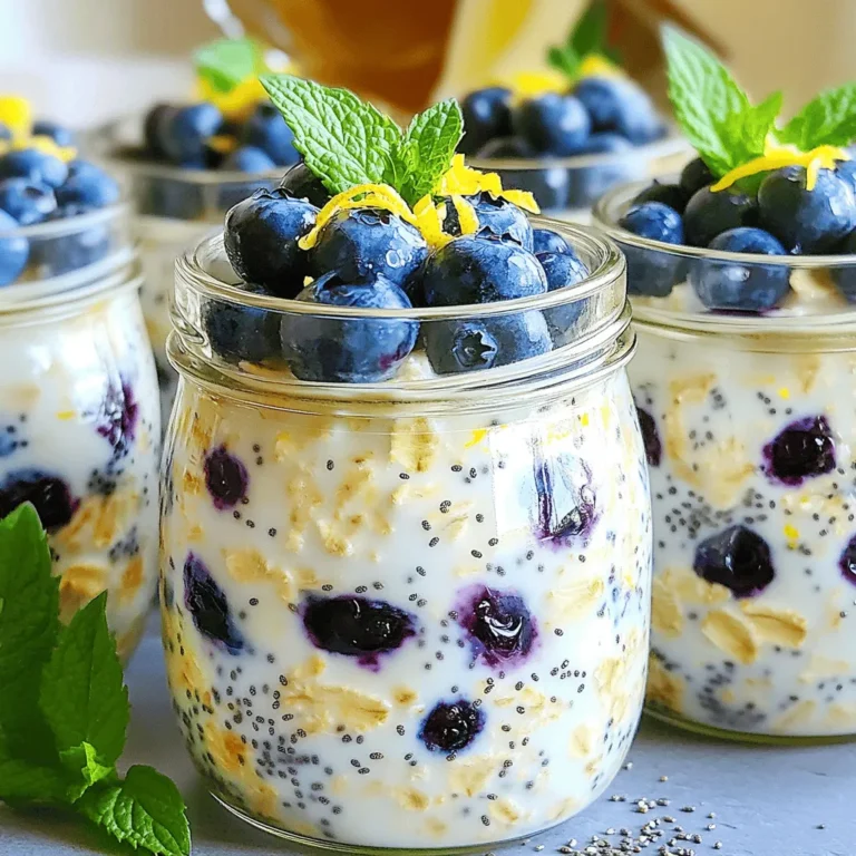 To make Lemon Blueberry Overnight Oats, gather these simple ingredients: - 1 cup rolled oats - 1 ½ cups almond milk (or any milk of choice) - 1 cup fresh blueberries - Zest of 1 lemon - 2 tablespoons honey or maple syrup - 1 teaspoon vanilla extract - ¼ teaspoon salt - 2 tablespoons chia seeds - 1 tablespoon lemon juice - Fresh mint leaves for garnish (optional) These ingredients work together to create a tasty and healthy breakfast. The rolled oats are the base, providing fiber. Almond milk adds creaminess and keeps it dairy-free. Fresh blueberries bring natural sweetness and antioxidants. Lemon zest and juice give a bright, refreshing flavor that wakes up your taste buds. Honey or maple syrup sweetens the mix just right. Chia seeds are small but mighty. They help thicken the oats and add omega-3 fatty acids. A pinch of salt balances the flavors, making each bite delicious. Finally, fresh mint leaves add a pop of color and extra flavor if you choose to garnish. This recipe is not just easy; it’s also a great way to start your day. For the full recipe, check out the [Full Recipe] section. First, gather all your ingredients. Start by mixing the base ingredients. In a large bowl, combine 1 cup of rolled oats, 1 ½ cups of almond milk, and the zest of 1 lemon. Add 2 tablespoons of honey or maple syrup, 1 teaspoon of vanilla extract, ¼ teaspoon of salt, 2 tablespoons of chia seeds, and 1 tablespoon of lemon juice. Stir well to make sure everything blends together. Next, it’s time to incorporate blueberries. Gently fold in 1 cup of fresh blueberries. Make sure they spread evenly throughout the mixture. This gives every bite a burst of flavor. Finally, divide the mixture into jars. Use individual containers with lids for easy storage. This way, you can grab one on busy mornings. Chilling the oats is key to a great texture. It helps the oats soak up the liquid, making them soft and creamy. I recommend refrigerating the jars overnight. If you're in a hurry, at least chill them for 4 hours. When morning comes, take the jars out of the fridge. Give the oats a good stir. If you like a creamier texture, add a splash more milk. This helps loosen the oats and makes them easier to enjoy. For a beautiful finish, garnish before serving. Top with more blueberries, a sprinkle of lemon zest, and fresh mint leaves if you like. These little touches make your breakfast look amazing and taste even better. Enjoy your Lemon Blueberry Overnight Oats! For the full recipe, check the [Full Recipe]. When making lemon blueberry overnight oats, precise measuring is key. Use a measuring cup for the oats and liquid. If you want to swap ingredients, keep the same amounts. For instance, you can use coconut milk instead of almond milk. Adjusting the consistency is easy. If you like thicker oats, add less milk. For creamier oats, add a bit more milk. You can also adjust the sweetness. Add more honey or maple syrup if you like it sweeter. Topping your oats can make them extra special. Here are some ideas: - Fresh blueberries - A sprinkle of lemon zest - Chopped nuts or seeds - Sliced bananas - A dollop of yogurt For portion sizes, a jar usually serves one. You can easily double or triple the recipe for meal prep. These oats are perfect for a quick breakfast. One mistake is over-soaking the oats. They can turn mushy if left too long. Stick to overnight soaking for best results. Another common error is skipping chia seeds. They help thicken the mixture and add fiber. Don’t leave them out if you want a nice texture! For the full recipe, check the detailed instructions. Enjoy your delicious start to the day! {{image_2}} You can change the flavor of your lemon blueberry overnight oats easily. Try adding different fruits like bananas, strawberries, or peaches. These fruits bring new tastes and colors to your dish. You can also mix in nuts or seeds for extra crunch. If you want a sweeter taste, consider using alternative sweeteners. Maple syrup, agave nectar, or stevia work well. Each sweetener adds its own unique flavor. If you follow a vegan diet, simply swap out the honey for maple syrup. This keeps the oats plant-based and just as tasty. For gluten-free needs, use certified gluten-free oats. This way, you can enjoy your oats without worry. To make them nut-free, choose oat milk or coconut milk instead of almond milk. This keeps the dish safe for those with nut allergies. Seasonal fruits can add fun to your overnight oats. In summer, use fresh peaches or cherries. Fall is great for apples and cinnamon. Winter can bring in pomegranate seeds or citrus fruits. Each season offers new flavors. For a holiday twist, try adding pumpkin puree and spices for a fall vibe. You can also mix in cranberries for a festive touch during winter. These small changes can keep your breakfast exciting throughout the year. For the full recipe, check out the Lemon Blueberry Sunrise Oats. To keep your lemon blueberry overnight oats fresh, use airtight containers. These containers help prevent air from getting in, which keeps your oats tasty. You can use glass jars or plastic containers. Make sure they have tight-fitting lids. Store them in the fridge after you prepare them. This helps the oats absorb flavor and stay cool. Your overnight oats can last for up to five days in the fridge. This makes them perfect for meal prep! Look for signs of spoilage, like an off smell or change in color. If the oats look dry or have an odd texture, it's best to discard them. Always trust your senses! Yes, you can freeze the oats! This is a great way to save leftovers. Scoop the mixture into freezer-safe containers or bags. Leave some space for expansion as they freeze. When you're ready to eat them, thaw them in the fridge overnight. You can also heat them in the microwave. Just add a splash of milk to get the right texture. Enjoy your delicious breakfast anytime! You can find the full recipe [here]. To serve more people, you can easily scale up the ingredients. Simply multiply each ingredient by the number of servings you need. For example, if you want to make four servings, double the recipe. This means you will need: - 2 cups rolled oats - 3 cups almond milk - 2 cups fresh blueberries - Zest of 2 lemons - 4 tablespoons honey or maple syrup - 2 teaspoons vanilla extract - ½ teaspoon salt - 4 tablespoons chia seeds - 2 tablespoons lemon juice Mix everything in a larger bowl. Then, divide the mixture into more jars. This will ensure everyone gets a tasty serving. Yes, you can use quick oats. They cook faster, but they change the texture. Quick oats create a softer, creamier mix. If you prefer a chewier bite, stick with rolled oats. Rolled oats absorb the liquid better, giving your overnight oats a heartier feel. If you use quick oats, reduce the soaking time. You might only need to chill them for about 2 to 4 hours instead of overnight. Lemon blueberry overnight oats pack a healthy punch. Here are some key benefits: - Rolled oats: They are rich in fiber, which helps digestion. They also keep you full longer. - Blueberries: These tiny fruits are full of antioxidants. They help fight disease and boost brain health. - Chia seeds: These seeds provide healthy fats and protein. They also add fiber and help keep you full. - Lemon juice and zest: They add vitamin C. This helps your immune system and adds fresh flavor. Together, these ingredients make a nourishing meal that fuels your day. For the full recipe, check out the section above. In this blog post, we explored how to make delicious overnight oats. We covered the key ingredients, preparation steps, and tips for success. I showed you variations to keep it exciting and shared storage methods to keep your oats fresh. Remember, adjusting the recipe is simple, and using seasonal fruits adds fun. Enjoy your oats knowing you can personalize them to fit your taste. Trying new flavors makes every bite a treat. Now, you have all the tools to create your perfect overnight oats!
