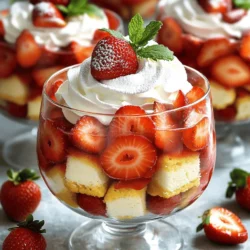 To make a delicious Strawberry Shortcake Trifle, you need these key ingredients: - 4 cups fresh strawberries, hulled and sliced - 1/4 cup granulated sugar - 1 tablespoon lemon juice - 2 cups vanilla sponge cake, cut into cubes (store-bought or homemade) - 2 cups heavy whipping cream - 1/4 cup powdered sugar - 1 teaspoon vanilla extract - Fresh mint leaves for garnish These ingredients blend together to create a sweet and creamy treat. The strawberries add a bright flavor, while the sponge cake serves as a soft base. The whipped cream brings it all together with its light texture. To assemble your trifle, you will need a few tools: - A sharp knife for slicing strawberries - A medium bowl for mixing strawberries - A large mixing bowl for the whipped cream - An electric mixer for whipping the cream - A trifle bowl or individual serving glasses for layering Using the right tools makes the process easy and fun. A clear glass bowl showcases the layers beautifully. If you have dietary needs, here are some great substitutes: - For gluten-free, use gluten-free sponge cake. - For dairy-free, swap heavy cream with coconut cream or a dairy-free whip. - Use honey or maple syrup instead of granulated sugar for a natural sweetener. These substitutions keep the trifle tasty while fitting various diets. Enjoy making a treat that works for everyone! To start, gather your fresh strawberries. You need four cups of them, hulled and sliced. Place them in a medium bowl and sprinkle in 1/4 cup of granulated sugar. Add 1 tablespoon of lemon juice to brighten the flavor. Gently toss the strawberries with the sugar and lemon. Let this mixture sit for about 15-20 minutes. This waiting time helps the strawberries release their sweet juices, making them even tastier. While the strawberries are resting, it's time to make the whipped cream. Grab a large mixing bowl and pour in 2 cups of heavy whipping cream. Add 1/4 cup of powdered sugar and 1 teaspoon of vanilla extract. Use an electric mixer to whip the cream at medium-high speed. Beat it for about 3-5 minutes. Look for soft peaks to form. Be cautious not to over-whip; you want it light and fluffy. This creamy layer will elevate your trifle. Now comes the fun part: assembling the trifle! Take a large trifle bowl or individual serving glasses. Start by adding a layer of sponge cake cubes at the bottom. You can use 2 cups of vanilla sponge cake, either store-bought or homemade. On top of the cake, pour a generous layer of your macerated strawberries. Next, add a layer of the whipped cream you just made. Repeat these layers until your bowl or glasses are full. Usually, two or three layers work best. Finish it off with a final layer of whipped cream. For a pretty touch, decorate with fresh strawberry slices and mint leaves. Cover the trifle with plastic wrap and chill it in the fridge for at least 2 hours. This allows the flavors to meld and the cake to soak up the strawberry juices. Enjoy this easy and delightful treat! For the full recipe, check the section above. To make great whipped cream, start with cold tools. Place your mixing bowl and beaters in the fridge for 15 minutes. Use heavy whipping cream for the best results. Whip until you see soft peaks form. This means the cream is fluffy but still holds its shape. If you whip too long, it can turn into butter. I like to add powdered sugar for a little sweetness and vanilla extract for flavor. When layering your trifle, use clear bowls or glasses. This lets you see the beautiful layers. Start with sponge cake cubes at the bottom. Next, add a layer of strawberries, then whipped cream. Repeat this until you reach the top. Finish with whipped cream for a nice look. A few fresh strawberries and mint leaves on top add a pop of color. If you're short on time, use store-bought cake or whipped cream. This cuts down on prep time. You can also slice the strawberries ahead of time. Mix them with sugar and lemon juice, then chill. This lets the flavors blend while you prepare the other layers. These simple tricks help you enjoy this easy treat without stress. For the full recipe, check the earlier section. {{image_2}} You can swap strawberries for other berries. Blueberries, raspberries, or blackberries work well. Each berry adds its own flavor. Mix berries for a colorful twist. Using seasonal fruits makes this treat even better. In summer, try adding peaches or cherries for a fun change. In fall, consider apples or pears. They add a warm, sweet touch. While vanilla sponge cake is classic, you can try other cakes. Pound cake adds richness, while angel food cake gives a light texture. If you want a chocolate kick, use chocolate cake. You can even use cookies like ladyfingers or graham crackers. Each choice changes the taste and texture of your trifle. For a vegan version, use plant-based whipped cream. Coconut cream is a great choice. Replace the cake with gluten-free cake or a nut-based cake. You can also use gluten-free cookies for the layers. For sweetening, opt for agave syrup or maple syrup. These swaps keep the treat delicious for everyone. For more delicious ideas, check out the Full Recipe for Strawberry Shortcake Trifle! To keep your strawberry shortcake trifle fresh, store it in the fridge. Use an airtight container or cover it with plastic wrap. This prevents it from drying out or absorbing other odors. If you separate the layers, store them separately. This way, the cake stays soft and the cream stays fluffy. Your trifle will stay fresh for 2 to 3 days in the fridge. After that, the strawberries can lose their texture, and the whipped cream may deflate. Always check for any signs of spoilage before eating. If you see any changes in color or smell, it's best to toss it. Freezing a trifle can be tricky. I recommend freezing only the sponge cake. Wrap it tightly in plastic wrap and then in foil. This helps keep it fresh for up to 3 months. You should not freeze the strawberries or whipped cream, as they will lose their texture. When ready to enjoy, thaw the cake in the fridge overnight. Then, assemble your trifle again with fresh toppings for the best taste. Yes, you can make the Strawberry Shortcake Trifle a day ahead. This treat tastes even better after sitting. The flavors blend nicely, and the cake soaks up the strawberry juices. Just keep it covered in the fridge to stay fresh. This makes it a great choice for parties or gatherings. If you want a lighter option, use coconut cream. It whips well and adds a nice flavor. You can also try Greek yogurt for a tangy twist. Just remember, the texture will change slightly. Both options are tasty and will still give you a creamy layer in your trifle. Absolutely! You can reduce the sugar in the strawberry mixture. Try using just 2 tablespoons instead of 1/4 cup. You can also skip the powdered sugar in the whipped cream. If you want more flavor, add a pinch of salt. This will enhance the taste without making it too sweet. This guide covers everything you need for a perfect strawberry shortcake trifle. You learned the key ingredients and tools, plus how to prepare and layer it beautifully. I shared tips for great whipped cream and easy shortcuts. We also explored fun variations and storage tips. Now, you can create this dessert with confidence. Enjoy making a delightful treat that everyone will love. Happy trifle making!