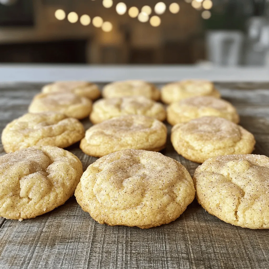 To make classic Snickerdoodle cookies, you need just a few key ingredients. Here’s what you'll need: - 1 cup unsalted butter, softened - 1 ½ cups granulated sugar - 2 large eggs - 1 teaspoon vanilla extract - 2 ¾ cups all-purpose flour - 2 teaspoons cream of tartar - 1 teaspoon baking soda - ½ teaspoon salt - 3 tablespoons granulated sugar (for coating) - 1 tablespoon ground cinnamon (for coating) Each ingredient plays a special role in making these cookies great. - Butter adds richness and flavor. It also helps create a soft and tender cookie. - Granulated sugar sweetens the dough. It helps the cookies spread as they bake. - Eggs provide moisture and bind the ingredients together. They give the cookies a nice lift. - Vanilla extract enhances the flavor, giving the cookies a warm, sweet taste. - All-purpose flour gives structure to the cookies. It provides the base for the dough. - Cream of tartar is key for that classic Snickerdoodle texture. It makes the cookies soft and chewy. - Baking soda acts as a leavening agent. It helps the cookies rise and become fluffy. - Salt balances the sweetness and enhances overall flavor. - Cinnamon-sugar coating adds a sweet and spicy finish. It gives the cookies their signature look and taste. If you need alternatives for your Snickerdoodle cookies, here are some options: - Vegan butter works well instead of regular butter. It keeps the cookies tasty while making them dairy-free. - Aquafaba can replace eggs for a vegan option. Use 3 tablespoons for each egg. - Gluten-free flour can be used instead of all-purpose flour. Ensure it's a blend made for baking to get the right texture. - Coconut sugar is a great substitute for granulated sugar. It adds a slight caramel flavor but may change the color of your cookies. These alternatives will allow anyone to enjoy classic Snickerdoodle cookies, no matter their dietary needs. For the complete recipe, check out the Full Recipe section. Start by preheating your oven to 350°F (175°C). This makes sure your cookies bake evenly. Next, take two baking sheets and line them with parchment paper. This helps prevent sticking and makes clean-up easy. In a large bowl, cream together 1 cup of softened unsalted butter and 1 ½ cups of granulated sugar. Mix until it looks light and fluffy. Then, add in 2 large eggs, one at a time. Make sure to mix well after each egg. Finally, stir in 1 teaspoon of vanilla extract for that lovely flavor. In another bowl, whisk together 2 ¾ cups of all-purpose flour, 2 teaspoons of cream of tartar, 1 teaspoon of baking soda, and ½ teaspoon of salt. Make sure these ingredients are well mixed. Gradually add this dry mix to your wet mixture. Mix until just combined, but be careful not to overmix. This keeps your cookies soft. In a small bowl, mix 3 tablespoons of granulated sugar with 1 tablespoon of ground cinnamon. This will be your tasty coating. Roll the dough into balls that are about 1 inch wide. Then, roll each ball in the cinnamon-sugar mix until they are well coated. Place the coated dough balls on your prepared baking sheets, leaving about 2 inches between each one. Bake in your preheated oven for 10-12 minutes. Look for the edges to be set and the tops slightly cracked. They may seem soft, but they will firm up as they cool. After baking, let them sit on the baking sheets for 5 minutes. Then transfer the cookies to a wire rack to cool completely. This step is key for that perfect texture. To get the best texture in your snickerdoodles, you need to control a few things. If you want chewy cookies, use less flour and bake them for a shorter time. This keeps them soft. For crispier cookies, add a bit more flour and bake them a little longer. Watch them closely to prevent burning. Baking snickerdoodles can be simple, but some mistakes can ruin your batch. Here are some key things to avoid: - Overmixing: This makes cookies tough. Mix just until combined. - Wrong oven temp: Always preheat your oven to 350°F. A cooler oven can lead to flat cookies. - Skipping the cream of tartar: This gives snickerdoodles their classic tang. Don't skip it! - Neglecting the cooling time: Let cookies cool on the baking sheet before moving them. This helps them set. To keep your snickerdoodles fresh, store them in an airtight container. They stay soft for up to a week at room temperature. If you want to keep them longer, freeze them. Just make sure to wrap them well in plastic wrap or use a freezer bag. They can last for up to three months in the freezer. When you’re ready to enjoy, just thaw them at room temperature. Try these tips to make your classic snickerdoodle cookies even better! For the full recipe, check out the section above. {{image_2}} You can make snickerdoodles even more fun by adding flavors. Try mixing in chocolate chips or chopped nuts. Walnuts or pecans add a nice crunch. You can also use butterscotch chips for a sweeter twist. These additions create a new layer of taste. I love how they change the cookie while keeping the classic snickerdoodle base. Seasonal flavors can bring a fresh vibe to your snickerdoodles. For fall, add pumpkin spice to the dough. Just mix in a teaspoon of pumpkin pie spice with the dry ingredients. This adds warmth and a cozy feel to the cookies. You can also try peppermint extract around the holidays. It gives a festive touch and a minty freshness that pairs well with cinnamon. The coating on snickerdoodles is classic, but you can switch it up. Instead of just cinnamon and sugar, try adding cocoa powder. Mix it with the sugar for a chocolatey coating. This gives the cookies a rich flavor twist. You can even add a dash of cayenne pepper for a spicy kick. Each variation keeps the cookie exciting and new. Try these ideas to make your next batch special! To keep your snickerdoodle cookies fresh, follow these tips: - Use an airtight container: This helps prevent them from drying out. - Separate layers with parchment paper: This stops them from sticking together. - Store at room temperature: They taste best when kept in a cool place. If you plan to eat them within a week, room temperature storage works well. Freezing snickerdoodles is simple and keeps them tasty. Here’s how to do it: 1. Cool the cookies: Let them cool completely after baking. 2. Place in a freezer-safe bag: Remove as much air as you can. 3. Label the bag: Write the date so you remember when you froze them. You can freeze dough balls too! Just roll them, coat in cinnamon sugar, and freeze before baking. When you want some, bake them right from the freezer. When stored properly, snickerdoodles last: - At room temperature: About 1 week. - In the freezer: Up to 3 months. If you see any signs of spoilage, like mold or an off smell, it’s best to discard them. Enjoy the delightful taste of your snickerdoodles! For the full recipe, check out the section above. Snickerdoodle cookies can be puffy or flat based on a few factors. The main reason is the amount of flour used. If you add too much flour, the cookies will be thicker and puffier. If you use less flour, they will spread out more and be flatter. Also, the temperature of your butter matters. Softened butter helps create air pockets, making cookies puff. Using cold butter leads to flatter cookies. You can use sugar substitutes in this recipe. However, it may change the texture and taste. If you choose a granular substitute, look for one that measures cup-for-cup like sugar. Some substitutes can make cookies less sweet. Always check the package for baking tips. Refrigerating the dough is not necessary, but it can help. Chilling the dough makes it firmer. This helps the cookies hold their shape while baking. If you have time, chill the dough for about 30 minutes. If you're short on time, you can bake right away. Snickerdoodles have a fun history! They likely come from the German word “Schneckennudeln,” meaning snail noodles. The name may refer to the shape of the dough. They became popular in America in the late 19th century. Today, Snickerdoodles are a classic cookie loved by many. You can find many variations and recipes, like the Full Recipe here, but the basic cinnamon-sugar flavor stays the same. In this post, we covered how to make classic Snickerdoodle cookies. We looked at essential ingredients and their roles. You learned step-by-step instructions for making the dough and baking. I shared tips for perfect texture and preventing common mistakes. We also explored fun variations and storage methods. Snickerdoodles are a treat anyone can enjoy, whether you stick to tradition or get creative. Now, you're ready to bake delicious cookies that friends and family will love. Enjoy the process and the sweet rewards!